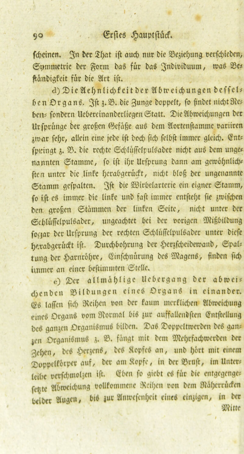 90 (£tfte$ jgmuptfHcf. fcbeinen. 311 $l)at ift aud) nur tue Sßesiehung »erfchieben, ©tjmmetrie ber gönn ba$ für ba$ 3n^‘D^uum/ ^Cs ftcmbigfeit für bie S£ut ift. d) Die Sie l)nlid) feit berAbmeichungenbeffel# 6 c n 0 r g a n £. 3ft j, 25. bie 3unge hoppelt, fo ftnbet nict>t 0?e# beit# fonbern Ueberetnanberliegen©tatt. DieAbtt>eid)ungen bet Urfprünge ber großen (Gefäße auö bem Aortenftammc tariiren jronr fef)t, allein eine jebe ift bod> fid) felbft immer gleid;. @nt# fpiringt 3. 25. bie rechte ©chlüjfelpulSaber nid)t au$ bem unge# nannten ©tamme, fo tft if;r Urfprung bann am gewöhnlich* fte.it unter bie linfe hcrabgerücf't, nicht bloß ber ungenannte ©tamm gcfpalten. 3f* SEöiröelarterie ein eigner ©tamm, fo ift e$ tmmec bie linfe unb faft immer entfteßt fie jwifchen ben. großen ©tämntcn ber linfen ©eite, niefst unter ber ©chlüffelpulöaber, ungeachtet bei ber oorigen SDtißbilbung foejar ber Urfprung ber rechten ©chlüffclpulSabec unter biefc ha’abgerücft ift. Durchbohrung ber ^erjfcbeibewanb, ©pal? tung ber Harnröhre, <$infchnürung beS 5l?agcnS> ftnben fid) immer an einer beftimmten ©teile. e) Der a 11 m a f> l i g c Ile ber gang ber a b w e i # d^enben Gilbungen eines OrgonS in cinanber. qjg taffen fid) Ovcif^cn oon ber faum merflichen Abweichung eine^ Organö 00m Normal bis 3ur auffallenbften (Jntftellung bcö gan3cn Organismus bilben. Dae Doppeltwerben be$ gan# jen Organismus 3* 35- fängt mit bem SRehrfachroerben ber ^el)cn, beS |>erjenS, beS Siopfcö an, unb hört mit einem Eoppetffcrper auf, ber am Stopfe, in ber Söruft, fm Unter# leibe oerfchmoljen ift. flfben fo giebt etf für bie entgegenge# fetzte Abweichung ooUfommene 0\cif;en oott bem SflA^crröcfcn beiber Augen, bi$ juc Antrcfenhcit eines einigen, in ber SWitte 1