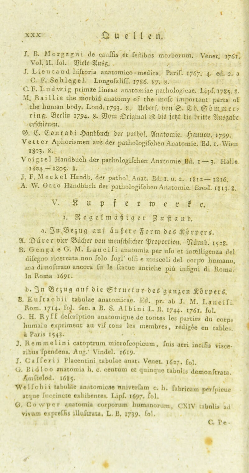 t XXX :0 u c l l c n. % ^ S. B. Morgagni Je cauflis ec fedibus morborum. Venee. 17J7. Vol. II. fol. Siele 2lu6g. / J. Lieutaud hiftoria anatomico - medica. Parif. 1767. 4. ed. 2. a C. F. Schlegel. Longofaliff. 1786. 87. 8. C. F. Ludwig primae lineae anatomiae pathologicae. I.jpf. 1785. 8. -’I. Baillie die morbid anatomy of the moft important parts oi the human body. Lond. 1793. 8. Ucbcrf. 00» 0. £1). @ 0 mm c rt ring, «erlin 1794. 8. 2Jom iDrigtual ift biä jeßt tic butte Sht^alx erfcßieiten. ®. 0 (Eon reibt Jjdnb&ud) bei- patßol. 2fnatomie. -pcutnoD. 1799. Vetter Aphorismen aus der pathologifchen Anatomie. Bd. i. Wien I8C?. 8-, Voigtei Handbuch der pathologifchen Anatomie Bd. 1 — 3. Halle I804 — 1805. 8. J. F. Meckel Handb, der pathol. Ana t. Ed. i.u. 2. 181a — 1816 A. W. Otto Handbuch der pathologifchen Anatomie. Bresl. 1813.8. V. ftupfectoer.fc. 1. Regelmäßiger 3 u ft a n b. a. 3» «ejng auf äußere Sorm beä Äorper*. 21. Stirer oicr «iidjer i'on mcnfdjidjer Proportion, sfturnb. 132g. B. Oenga e G. M. Lancifi anatomia per ufo et intellieenza del difegno ricercata non folo fugl' offi e mnscoli del corpo humanu, ma dimoftrato ancora fu le leatue antiche piü inligni Ji Roma. In Roma 1691. b. 3n «ejug auf Die (gtructur b<* g«njen JC&rper*. B. Euftachii tabulae anatomicac. Ed. pr. ab J. M. Lancifi Rom. 1714. f<^. fec. a B. S. Al bin 1 L. 1t. 1744. 1761. fol. G. H. Ryff defciiption anatomique de tontes les parties du corps humain expriment au vif cous les membres, redigee en table- ä Paris 1543. J, Rem me 1 in i catoptrum microfcopicum , fuis aeri incifis visce- ribusfpendens. Aug.‘ Vindel. 1619. J. Cafferii Placendni tabulae anat. Venet. 1627. fol. G. Bi dl 00 anatomia h. c. centum et quinque tabulis demonftrata. Ämftelod. 1685. Welfchii tabulSe amtomicae nniverfam c. li. fabricam perfpicue atque fnccincte exhibentes. Lipf. 1697. fol. G. Cowper anatomia corporum humanorum, CXIV 1 ibnlis ad vivum expreffi* illuftrata, L. C. 1739. fol. C. Pe-