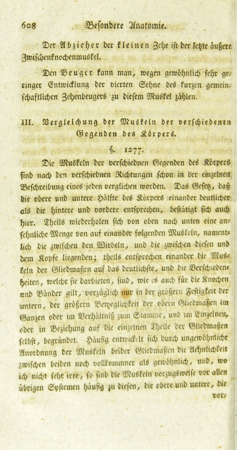 2)er SI6 5 i c f) e r bet fl e i n e n 3ehc ift ber fc^te äußere gwifuxnfnodxnrauefel. 2)cn 3$eugcr fann man, wegen gewöhnlich fe^c ge; finget (Sntwicflung bcc Pierten Sehne beS furzen gemein; fc^aftllcf>cn 3elxnbeuger$ 311 biefem SRuöfel jal;len. <1, t r ^ * III. 23crgUid)ung ber SDfuSfelit bet t>erfcf;icb>cncn ©egenbe« bcö StörperS. §♦ 1277. . T>\q SöbuSfeln bet* »crfchiebnen ©egenben beS ßorpeeS ftnb nach ben oerfdjiebnen 3*id)tungen fd?on in bet einzelnen ISefdxeibung eines jeben ocrglidxn worben. £>aS ©efefs, baß bie obere unb untere §>alfte beS SförpcrS einanber beutlidxr olö bie l)intere unb oorbere entfprcclxn, beftätigt fid) aud) ^ier. wiebevl;olen fid) non oben nach unten eine an; fcf)nlid)C ?Dienge oon auf einanber folgenben -iKuSfclii, nament* lieb bie jwtfdxn ben äBirbeln, unb bie jwifdx« biefeu unb bem Stopfe Jiegenben; th«l$ cntfprccbcn einanber bie fein ber ©liebraaßen auf ba» beutlid>fte, unb bie Serfdnebcit* beiten, weldx fie barbieten, finb, wie c* aud? für bie Änocben tmb SBanber gilt, porjüglicb nur in ber großem Jcftigfeit ber untern, ber großem 53cweglid;feit ber obem ©iiebmaßen int ©anjen ober im 93crf)altniß jum Stamme, unb un iärmjelnetv ober in SBcjichung auf bie einzelnen Steile ber ©liebmaßen felbft, bcguünbet. #aufig entwicMt fid» burd) ungewM;nticbc Slnorbnung ber Wuefcln beiber ©licbmaßen bie ülefjnlicpfeit äwifcpen beiben nod) oollfommner al$ gewM)nlicp, unb, wo ich nicht fel)C irre, fo finb bie ?0?uSfclti ooriugfweife vor allen übrigen Spftcmen hüußg jii biefen, bie obere unb untere, bie