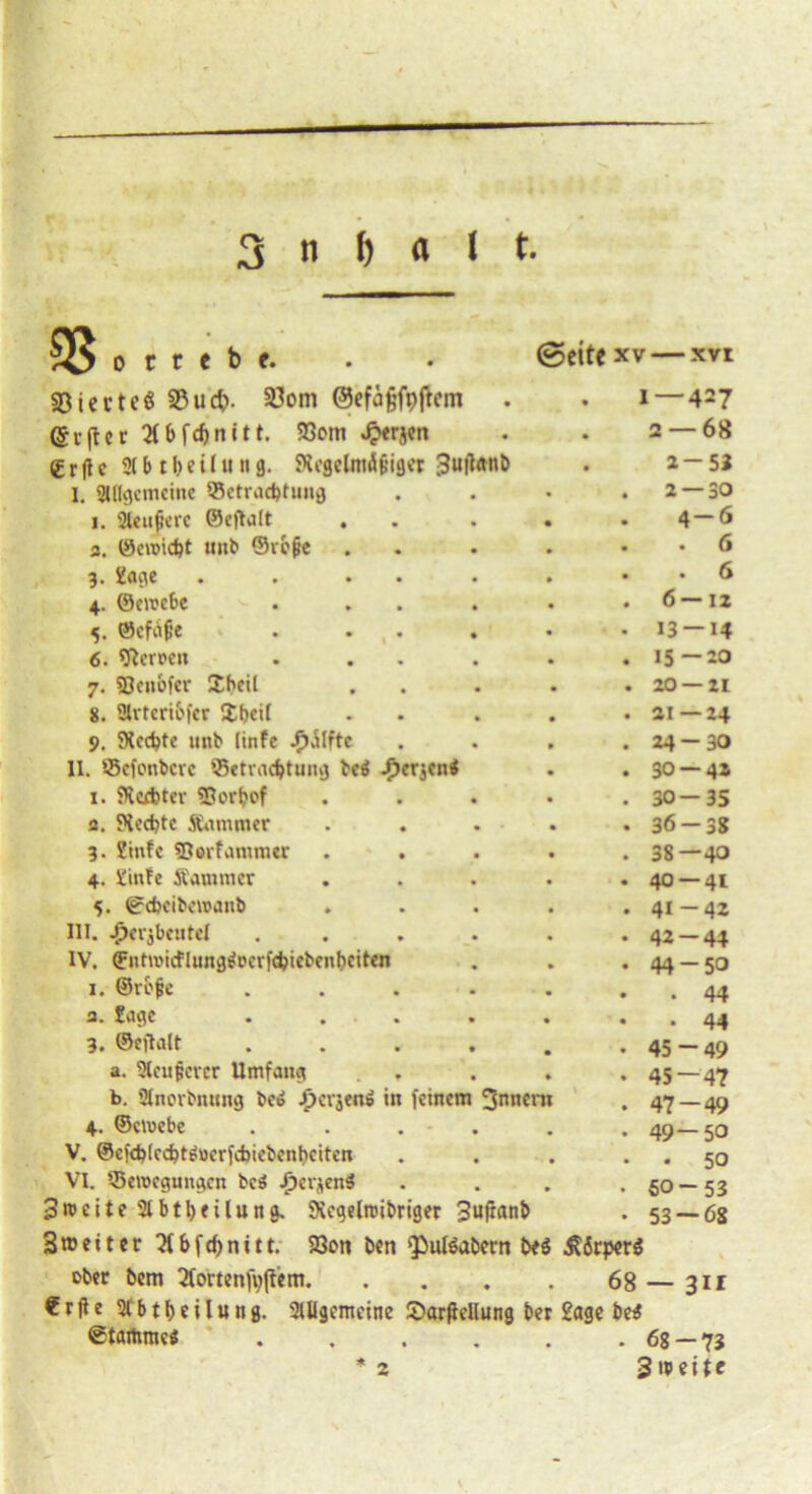 SS o 11111. SSierteö 33uct>- 23om ©efäjjfpftem . (Suftcc 2tbfcf)nitt. 33om Jjxrjcn (Erflc 2lb tbeilu ng. SlegelmdjHgej 3uftotib I. allgemeine $5etrad)funfl 1. äeujerc ©cjtalt 2. ©ewidjt mtb @rb§e 3. £age 4. ©emebe 5. ©cfafie 6. Herren 7. SQcnofcr üheil 8. aivteri&fer $beif 9. SXedjte unb linfe II. Skfonbcvc 33etvad)tumj betf J}er$cntf 1. SKcfbtev «Porbe>f 3. Ptedjte Äiunmcr 3. Stufe 5?oifammer 4. Sinfe ftatnmcr 5. 0cbcibewanb III. $tr$beutel IV. ©ntmicfIimg$ocv|d)iebcnbciten 1. ©refce 3. £agc 3. ©eftalt a. 2kuficvcr Umfang b. 2fnovbnnng beö Jj}cr$en& in feinem 3nncn 4. ©clvebe V. @cf<$lccbtSucrfcbicbcnbcitcn VI. ©eroegungen bc$ ^cvjienS Zweite 21 bt Teilung. Rcgelrcibriger 3ujian& 3» eit er 3bfd)nttt. 23on ben ‘Puföabern b<6 j?6rper$ ober bem Ttortenjtyfiem 68 — 311 €rfie 2lbtbeilung. 2lUgcmcine 2>arßcllung ber Sage be$ (Stammes 68 — 73 * 2 Zweite ©Ctte xv — xvr 1 — 427 . 2— 68 1- Si 2— 30 4-6 . 6 . 6 6—12 13 — 14 15—20 20 — 21 ai —24 24-30 30 — 41 30-35 36-38 38—40 40 — 41 41 -4* 42-44 44- 50 . 44 . 44 45- 49 45—47 47-49 49- 50 • 50 50- 53 53 — 68 2