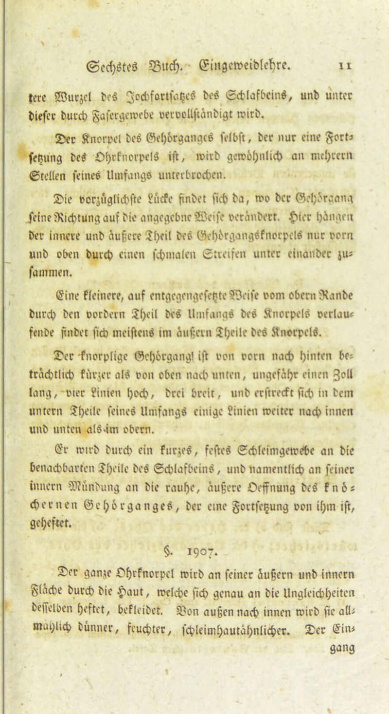 <Scd)Steö SBudj. • ©iitgcroeibleljre. n fctc ©utjcl be$ 3od>fortfa^cö be$ ©ctlafbcinä, unb unter biefer bucch gafergewebe octoollftanbigt wirb. Sec ft'norpel beS ©el)6rgangcg felbft, ber nur eine gorta fefcung bc$ OhtfnorpelS ift, wirb gewöhnlich an meutern ©teilen feine© Umfange unterbrochen. Sie ocrjnglichfte Sucfe finbet fich ba, wo ber ©e^raang feine ^Richtung auf bie angegebne ©eife oeränbert. £ier hingen ber innere unb äußere $()eil beö ©ef)örgang$fnorpcl$ nur oorn unb oben burch einen fchnialen Streifen unter cinauber jiu fammen. Cfine fieinere, auf entgegengefebteSDeife oom Obern fRanbe burch ben oorbern Uf)eil bcö Umfangö bed jtnorpetö oerlau< fenbe finbet ficb meiftcuä im äußern 2f;eile bed Änorpelö. Ser 'fnorpligc ©c()örgang! ift oon oorn nach hinten bfa träcbtlich fuvjer al$ oon oben nach unten, ungefähr einen 3oll lang, Pier Sinien f)wh, brei breit, unb erftreeft ficb in bein untern i?l>eilc feines Unifangö einige Sinien weiter nach innen unb unten al$4m obern. @r wirb btircb ein furjeö, fefteö ©chleimgewebe an bie benachbarten Jheile bc$ ©chlnfbeine, unb namentlich an feiner innern 5Rünbung an bie rauhe, äußere Oeffnung beö fnos ehernen ©eher ganges, ber eine §ortfe|ung oon ihm ift, geheftet. \ ■ §. 1907. Ser gante £ljrfnorpcl wirb an feiner äußern unb innern fläche burch bie £aut, welche fid> genau an bie Ungleichheiten beffelben heftet, befleibet. 3?on außen nach innen wirb ftc all* mailich bünncr, feuchter, fchleiml;autahnlicher. Ser @ina gang «