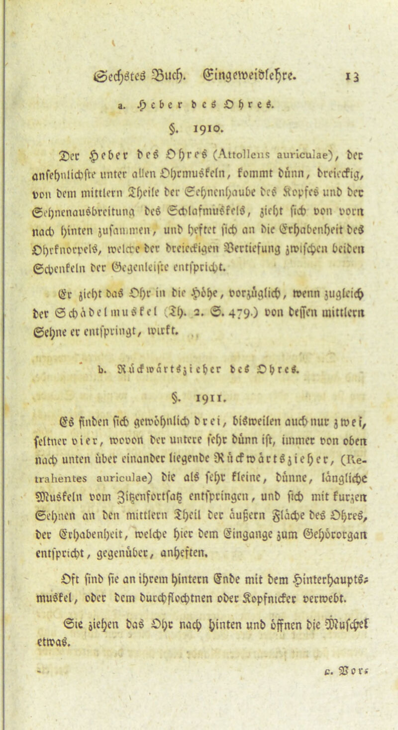 <g>ecf>$teö 33ucf;>. (£ingeroeiöfefjre. 13 a. J>cberbcS Obres §. 1910. 2>CC Heber be$ o^rce (Attollens auriculae), ber anfefjnlicbftt* unter allen £>()cmu$feln, fommt bünn, brciccfig, von bem mittlern Sfjeile ber ge^nenf;aube bcö Stopfe© unb bet ®ehnenau$breitung bce 0cMafniuefeI$, jieljt ftch oon oorn nach ()inten jufammen, unb heftet fict> an Me t5cf>at?enf>eit te3 OhrfnorpelS welche ber breietfigen Vertiefung äroifchen beiben ©ebenfetn ber ©egenleifte entfpricht. Er jiel)t ba$ £>f)r in bie H&hc, oormglich , wenn juglcich ber ©cbübel muesfel ;£()• 2. 0.479.) ton helfen mittlern ©el;ne er entfpringt, wirft. b. 9t ü cf ic a r t i $ i c b e r b c $ £) b r 11. §. 1911. Eö finben ficf> gewöhnlich brei, bisweilen auch nur jwei, feltner vier, weoon ber untere fef)t bünn ift, immer oon oben nach unten iiber einanber liegenbe 9t ü cf w a r t $ 3 i e h e r, (Re- trahentes auriculae) bie al$ fehl’ flcinc, bünne, längliche «Diu&feln vom ßi^nfortfa^ entfprtngen, unb ftch mit furzen 0el)nen an ben mittlern $heil her äußern glac^e be£ £>hreö, ber Erhabenheit, welche hu'c hem Eingänge jum @ef;örorgan cntfpricht, gegenüber, anheften. Oft finb fte an ihrem hintern Enbe mit bem Hinterhaupts musfei, ober bem bucchflccötnen ober ftopfmefer oerwebt. @ie sichen ba$ Ohr nach h‘nten unb öffnen bie vDiufe^ etwas c. üsov«