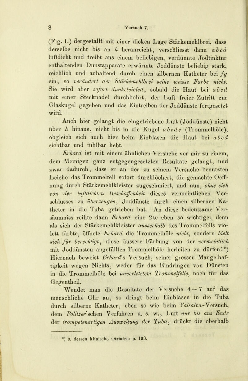 (Fig. 1.) dergestallt mit einer dicken Lage Starkemehlbrei, dass derselbe nicht bis an h heranreicht, verschliesst dann ah cd luftdicht und treibt aus einem beliebigen, verdünnte Jodtinktur enthaltenden Dunstapparate erwärmte Joddünste beliebig stark, reichlich und anhaltend durch einen silbernen Katheter bei fg ein, so veränderet der Stärhemehlbrei seine weisse Farbe nicht. Sie wird aber sofort dunkelviolett^ sobald die Haut bei ah cd mit einer Stecknadel durchbohrt, der Luft freier Zutritt zur Glaskugel gegeben und das Eintreiben der Joddünste fortgesetzt wird. Auch hier gelangt die eingetriebene Luft (Joddünste) nicht über h hinaus, nicht bis in die Kugel ahcde (Trommelhöle), obgleich sich auch hier beim Einblasen die Haut h^i ah cd sichtbar und fühlbar hebt. Erhard ist mit einem ähnlichen Versuche vor mir zu einem, dem Meinigen ganz entgegengesetzten Resultate gelangt, und zwar dadurch, dass er an der zu seinem Versuche benutzten Leiche das Trommelfell sofort durchlöchert, die gemachte OefiP- nung durch Stärkemehlkleister zugeschmiert, und nun, ohne sich von der luftdichten Beschaffenheit dieses vermeintlichen Ver- schlusses zu überzeugen^ Joddünste durch einen silbernen Ka- theter in die Tuba getrieben hat. An diese bedeutsame Ver- säumniss reihte dann Erhard eine 2te eben so wichtige; denn als sich der Stärkemehlkleister ausserhalb des Trommelfells vio- lett färbte, öffnete Erhard die Trommelhöle 7iicht^ sondern hielt sich für berechtigt^ diese äussere Färbung von der vermeintlich mit Joddünsten angefüllten Trommelhöle herleiten zu dürfen! *) Hiernach beweist Erhard's Versuch, seiner grossen Mangelhaf- tigkeit wegen Nichts, weder für das Eindringen von Dünsten in die Trommelhöle bei unverletztem Trommelfelle^ noch für das Gegentheil. Wendet man die Resultate der Versuche 4—7 auf das menschliche Ohr an, so dringt beim Einblasen in die Tuba durch silberne Katheter, eben so wie beim Fa/6'a/t?a-Versuch, dem Pölitzer'^&ah.Qu Verfahren u. s. w., Luft nur bis ans Ende der trompetenartigen Ausweitung der Tuba, drückt die oberhalb