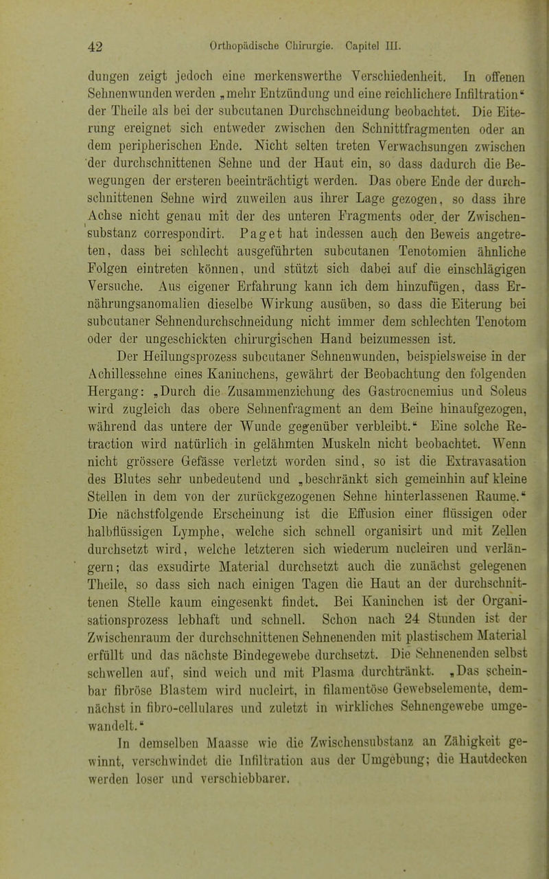 düngen zeigt jedoch eine merkenswerthe Verschiedenheit. In offenen Sehnenwunden werden „mehr Entzündung und eine reichlichere Infiltration der Theile als bei der subcutanen Durchschneidung beobachtet. Die Eite- rung ereignet sich entweder zwischen den Schnittfragmenten oder an dem peripherischen Ende. Nicht selten treten Verwachsungen zwischen der durchschnittenen Sehne und der Haut ein, so dass dadurch die Be- wegungen der ersteren beeinträchtigt werden. Das obere Ende der durch- schnittenen Sehne wird zuweilen aus ihrer Lage gezogen, so dass ihre Achse nicht genau mit der des unteren Fragments oder der Zwischen- substanz correspondirt. Paget hat indessen auch den Beweis angetre- ten, dass bei schlecht ausgeführten subcutanen Tenotomien ähnliche Folgen eintreten können, und stützt sich dabei auf die einschlägigen Versuche. Aus eigener Erfahrung kann ich dem hinzufügen, dass Er- nährungsanomalien dieselbe Wirkung ausüben, so dass die Eiterung bei subcutaner Sehnendurchschneidung nicht immer dem schlechten Tenotom oder der ungeschickten chirurgischen Hand beizumessen ist. Der Heilungsprozess subcutaner Sehnenwunden, beispielsweise in der Achillessehne eines Kaninchens, gewährt der Beobachtung den folgenden Hergang: „Durch die Zusammenziehung des Gastrocnemius und Soleus wird zugleich das obere Sehnenfragment an dem Beine hinaufgezogen, während das untere der Wunde gegenüber verbleibt. Eine solche Ee- traction wird natürlich in gelähmten Muskeln nicht beobachtet. Wenn nicht grössere Gefässe verletzt worden sind, so ist die Extravasation des Blutes sehr unbedeutend und „beschränkt sich gemeinhin auf kleine Stellen in dem von der zurückgezogenen Sehne hinterlassenen Räume. Die nächstfolgende Erscheinung ist die Effusion einer flüssigen oder halbflüssigen Lymphe, welche sich schnell organisirt und mit Zellen durchsetzt wird, welche letzteren sich wiederum nucleiren und verlän- gern; das exsudirte Material durchsetzt auch die zunächst gelegenen Theile, so dass sich nach einigen Tagen die Haut an der durchschnit- tenen Stelle kaum eingesenkt findet. Bei Kaninchen ist der Organi- sationsprozess lebhaft und schnell. Schon nach 24 Stunden ist der Zwischenraum der durchschnittenen Sehnenenden mit plastischem Material erfüllt und das nächste Bindegewebe durchsetzt. Die Sehnenenden selbst schwellen auf, sind weich und mit Plasma durchtränkt. „Das schein- bar fibröse Blastem wird nucleirt, in filamentöse Gewebselemente, dem- nächst in fibro-cellulares und zuletzt in wirkliches Sehnengewebe umge- wandelt. In demselben Maasse wie die Zwischensubstanz an Zähigkeit ge- winnt, verschwindet die Infiltration aus der Umgebung; die Hautdecken werden loser und verschiebbarer.