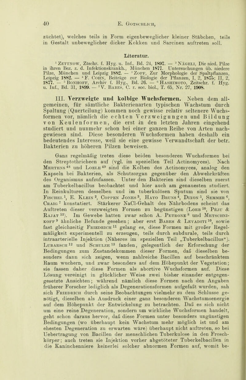 züchtet), welches teils in Form eigenbeweglicher kleiner Stäbchen, teils in Gestalt unbeweglicher dicker Kokken und Sarcinen auftreten soll. Literatur. 1 Zettxow, Ztschr. f. Hyg, u. Inf., Bd. 24, 1897. — ' Nägeli, Die nied. Pilze in ihren Bez. z. d. Infektionskrankh., München 1877. Untersuchungen üb. niedere Pilze, München und Leipzig 1882. — 'Zopf, Zur Morphologie der Öpaltpflanzen, Leipzig 1882. — ^F. Cohn, Beiträge zur Biologie der Pflanzen, I, 2, 1875; II, 2, 1877. — ° Bonhoff, Archiv f. Hyg., Bd. 26. —  Hashimoto, Zeitschr. f. Hyg. u. Inf., Bd. 31, 1899. — 'V. Babes, C. r. soc. biol., T. 65, Nr. 27, 1908. III. Verzweigte und kolbige Wuchsforineii. Neben dem all- gemeinen, für sämtliche Bakterieuarten typischen Wachstum durch Spaltung (Querteilung) kommen noch gewisse relativ seltenere Wuchs- formen vor, nämlich die echten Verzweigungen und Bildung von Keulen formen, die erst in den letzten Jahren eingehend studiert und nunmehr schon bei einer ganzen Reihe von Arten nach- gewiesen sind. Diese besonderen Wuchsformen haben deshalb ein bedeutendes Interesse, weil sie eine gewisse Verwandtschaft der betr. Bakterien zu höheren Pilzen beweisen. Ganz regelmäßig treten diese beiden besonderen Wuchsformen bei den Streptothricheen auf (vgl. im speziellen Teil Actinomj^ces). Nach Mertens und Loele sind die Kolben des Actinomyces, analog den Kapseln bei Bakterien, als Schutzorgan gegenüber den Abwehrkräften des Organismus aufzufassen. Unter den Bakterien sind dieselben zuerst am Tuberkelbacillus beobachtet und hier auch am genauesten studiert. In Reinkulturen desselben und im tuberkulösen Sputum sind sie von FiscHEL 1, E. Klein Coppen Jones ^, Hayo Bruns Dixon Semmee ^, Craig ' konstatiert. Stärkerer NaCl-Gehalt des Nährbodens scheint das Auftreten dieser verzweigten Formen zu begünstigen (Loeb Peju & Rajat ^3). Im Gewebe hatten zwar schon A. Petrone ^ und Metschni- KOFF ^ ähnliche Befunde gesehen; aber erst Babes & Levaditi sowie fast gleichzeitig Friedrich gelang es, diese Formen mit großer Regel- mäßigkeit experimentell zu erzeugen, teils durch subdurale, teils durch intraarterielle Injektion (Näheres im speziellen Teil „Tuberkelbacillus). Lubarsch 12 und Schulze fanden, gelegentlich der Erforschung der Bedingungen zum Zustandekommen dieser Formen, daß dieselben be- sonders dann sich zeigen, wenn zahlreiche Bacillen auf beschränktem Raum wuchern, und zwar besonders auf dem Höhepunkt der Vegetation; sie fassen daher diese Formen als abortive Wuchsformen auf. Diese Lösung vereinigt in glücklicher Weise zwei bisher einander entgegen- gesetzte Ansichten; während nämlich diese Formen nach den Angaben früherer Forscher lediglich als Degenerationsformen aufgefaßt wurden, sah sich Friedrich durch seine Beobachtungen vielmehr zu dem Schlüsse ge- nötigt, dieselben als Ausdruck einer ganz besonderen Wachstumsenergie auf dem Höhepunkt der Entwickelung zu betrachten. Daß es sich nicht um eine reine Degeneration, sondern um wirkliche Wuchsformen handelt, geht schon daraus hervor, daß diese Formen unter besonders ungünstigen Bedingungen (wo überhaupt kein Wachstum mehr möglich ist und am ehesten Degeneration zu erwarten wäre) überhaupt nicht auftreten, so bei Uebertragung von Bacillen der menschlichen Tuberkulose in den Frosch- körper ; auch treten sie Injektion vorher abgetöteter Tuberkelbacillen in die Kaninchenniere keinerlei solcher abnormen Formen auf, womit be-
