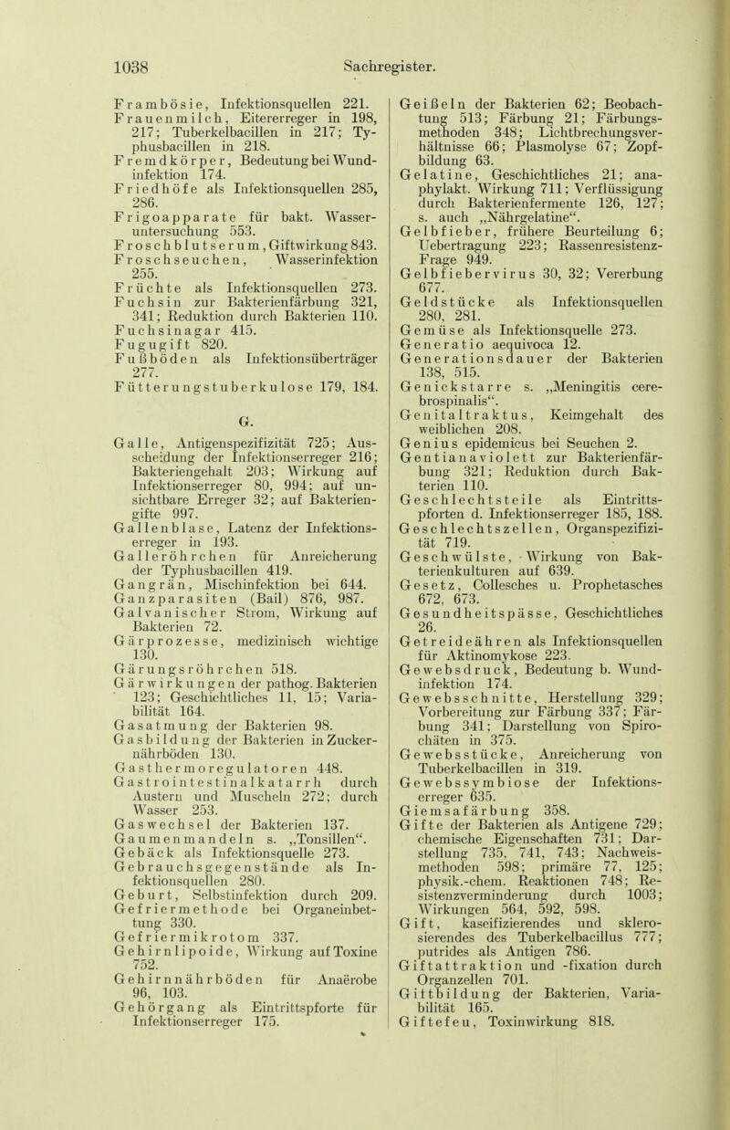 Frarabösie, Infektionsquellen 221. Frauenmilch, Eitererreger in 198, 217; Tuberkelbacillen in 217; Ty- phusbacillen in 218. Fremdkörper, Bedeutung bei Wund- infektion 174. Friedhöfe als Infektionsquellen 285, 286. Frigoapparate für bakt. Wasser- untersuchung 553. Froschblutserum, Giftwirkung 843. Froschseuchen, Wasserinfektion 255. Früchte als Infektionsquellen 273. Fuchsin zur Bakterienfärbung 321, 341; Reduktion durch Bakterien 110. Fuchsinagar 415. Fugugift 820. Fußböden als Infektionsüberträger 277. Fütteru ngstube rk u lose 179, 184. G. Galle, Antigenspezifizität 725; Aus- scheidung der Infektionserreger 216; Bakterieugehalt 203; Wirkung auf Infektionserreger 80, 994; auf un- sichtbare Erreger 32; auf Bakterien- gifte 997. Gallenblase, Latenz der Infektions- erreger hl 193. Galleröh rohen für Anreicherung der Typhusbacilleu 419. Gangrän, Mischinfektion bei 644. Ganzparasiten (Bail) 876, 987. Galvanischer Strom, Wirkung auf Bakterien 72. Gärprozesse, medizinisch wichtige 130. Gärungs röhrchen 518. G ä r w i r k u n g e n der pathog. Bakterien 123; Geschichtliches 11, 15; Varia- bilität 164. Gasatmung der Bakterien 98. Gasbildung der Bakterien in Zucker- nährböden 130. Gasthermoregulatoren 448. Gastrointestinalkatarrh durch Austern und Muscheln 272; durch Wasser 253. Gaswechsel der Bakterien 137. Gaumenmandeln s. „Tonsillen. Gebäck als Infektionsquelle 273. Gebrauchsgegenstände als In- fektionsquellen 280. Geburt, Selbstinfektion durch 209. Gefriermethode bei Organeiubet- tung 330. Gefriermikrotom 337. Gehirnlipoide, Wirkung auf Toxine 752. Gehirnnährböden für Anaerobe 96, 103. Gehörgang als Eintrittspforte für Infektionserreger 175. Geißeln der Bakterien 62; Beobach- tung 513; Färbung 21; Färbungs- methoden 348; Lichtbrechungsver- hältnisse 66; Plasmolyse 67; Zopf- bildung 63. Gelatine, Geschichtliches 21; ana- phylakt. Wirkung 711; Verflüssigung durch Bakterienfermente 126, 127; s. auch ,,Nährgelatine. Gelbfieber, frühere Beurteilung 6; Uebertragung 223; Rassenresistenz- Frage 949. Gelbfiebervirus 30, 32; Vererbung 677. Geldstücke als Infektionsquellen 280, 281. Gemüse als Infektionsquelle 273. Generatio aequivoca 12. Generationsdauer der Bakterien 138, 515. Genickstarre s. „Meningitis cere- brospinalis. G e n i t a 11 r a k t u s, Keimgehalt des weiblichen 208. Genius epidemicus bei Seuchen 2. Gentianaviolett zur Bakterienfär- bung 321; Reduktion durch Bak- terien 110. Geschlechtsteile als Eintritts- pforten d. Infektionserreger 185, 188. Geschlechtszellen, Organspezifizi- tät 719. Geschwülste, Wirkung von Bak- terienkulturen auf 639. Gesetz, Collesches u. Prophetasches 672, 673. Gesundheitspässe, Geschichtliches 26. Getreideähren als Infektionsquellen für Aktinomykose 223. Gewebsdruck, Bedeutung b. Wund- infektion 174. Gewebsschnitte, Herstellung 329; Vorbereitung zur Färbung 337; Fär- bung 341; Darstellung von Spiro- chäten in 375. Gewebsstücke, Anreicherung von Tuberkelbacillen in 319. Gewebssymbiose der Infektions- erreger 635. Giemsafärbung 358. Gifte der Bakterien als Antigene 729; chemische Eigenschaften 731; Dar- stellung 735, 741, 743; Nachweis- methoden 598; primäre 77, 125; physik.-chem. Reaktionen 748; Re- sistenzverminderung durch 1003; Wirkungen 564, 592, 598. Gift, kaseifizierende^s und sklero- sierendes des Tuberkelbacillus 777; putrides als Antigen 786. G if t a 11 ra k t io n und -fixatiou durch Organzellen 701. G i 11 b i I d u n g der Bakterien, Varia- bilität 165. Giftefeu, Toxinwirkung 818.