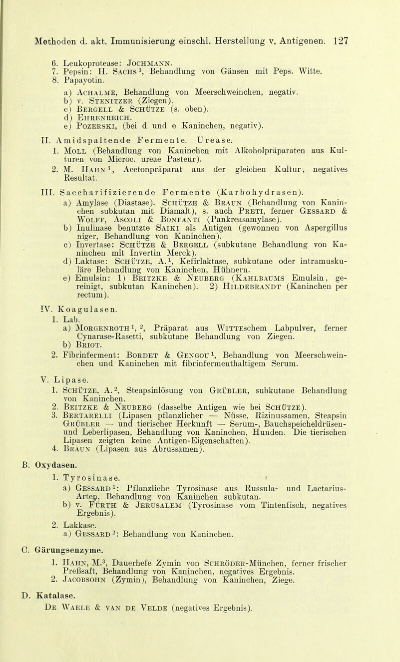 6. Leukoprotease: Jochmann. 7. Pepsin: H. Sachs3, Behandlung von Gänsen mit Peps. Witte. 8. Papayotin. a) Achalme, Behandlung von Meerschweinchen, negativ. b) v. Stenitzer (Ziegen). c) Bergell & Schütze (s. oben). d) Ehrenreich. e) Pozerski, (bei d und e Kaninchen, negativ). II. Amidspaltende Fermente. Urease. 1. Moll (Behandlung von Kaninchen mit Alkoholpräparaten aus Kul- turen von Microc. ureae Pasteur). 2. M. Hahn3, Acetonpräparat aus der gleichen Kultur, negatives Resultat. III. Saccharifizierende Fermente (Karbohydrasen). a) Amylase (Diastase). Schütze & Braun (Behandlung von Kanin- chen subkutan mit Diamalt), s. auch Preti, ferner Gessard & Wolff, Ascoli & Bonfanti (Pankreasamylase). b) Inulinase benutzte Saiki als Antigen (gewonnen von Aspergillus niger, Behandlung von Kaninchen). c) Invertase: Schütze & Bergell (subkutane Behandlung von Ka- ninchen mit Invertin Merck). d) Laktase: Schütze, A.1, Kefirlaktase, subkutane oder intramusku- läre Behandlung von Kaninchen, Hühnern. e) Emulsin: 1) Beitzke & Neuberg (Kahlbaums Emulsin, ge- reinigt, subkutan Kaninchen). 2) Hildebrandt (Kaninchen per rectum). IV. Koagulasen. 1. Lab. a) Morgenroth1, 2, Präparat aus WiTTEschem Labpulver, ferner Cynarase-Rasetti, subkutane Behandlung von Ziegen. b) Briot. 2. Fibrinferment: Bürdet & Gengou1, Behandlung von Meerschwein- chen und Kaninchen mit fibrinfermenthaltigem Serum. V. Lipase. 1. Schütze, A.2, Steapsinlösung von Grübler, subkutane Behandlung von Kaninchen. 2. Beitzke & Neuberg (dasselbe Antigen wie bei Schütze). 3. Bertarelli (Lipasen pflanzlicher — Nüsse, Rizinussamen, Steapsin Grübler — und tierischer Herkunft — Serum-, Bauchspeicheldrüsen- und Leberlipasen, Behandlung von Kaninchen, Hunden. Die tierischen Lipasen zeigten keine Antigen-Eigenschaften). 4. Braun (Lipasen aus Abrussamen). B. Oxydasen. 1. Tyrosinase. 1 a) Gessard1: Pflanzliche Tyrosinase aus Russula- und Lactarius- Arten, Behandlung von Kaninchen subkutan. b) v. Fürth & Jerusalem (Tyrosinase vom Tintenfisch, negatives Ergebnis). 2. Lakkase. a) Gessard2: Behandlung von Kaninchen. C. Gärungsenzyme. 1. Hahn, M.3, Dauerhefe Zymin von ScHRÖDER-München, ferner frischer Preßsaft, Behandlung von Kaninchen, negatives Ergebnis. 2. Jacobsohn (Zymin), Behandlung von Kaninchen, Ziege. D. Katalase. De Waele & van de Velde (negatives Ergebnis).