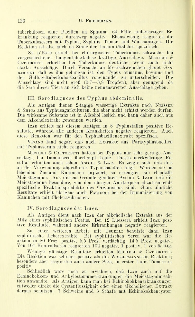 tuberkulösen ohne Bacillen im Sputum. 64 Fälle andersartiger Er- krankung reagierten durchweg negativ. Ebensowenig reagierten die Tuberkulosesera mit Typhus, Syphilis, Tumor- und Wurmantigen. Die Reaktion ist also auch im Sinne der Immunitätslehre spezifisch. St. d'Este erhielt bei chirurgischer Tuberkulose schwache, bei vorgeschrittener Lungentuberkulose kräftige Ausschläge. Micheli & Cattoretti erhielten bei Tuberkulose deutliche, wenn auch nicht starke Ausschläge. Durch Versuche an Meerschweinchen glaubt Gas- BARRiNi, daß es ihm gelungen ist, den Typus humanus, bovinus und den Geflügeltuberkulosebacillus voneinander zu unterscheiden. Die Ausschläge sind nicht groß (0,7—3,8 Tropfen), aber genügend, da die Sera dieser Tiere an sich keine nennenswerten Ausschläge geben. III. Serodiagnose des Typhus abdominalis. Als Antigen dienen 2-tägige wässerige Extrakte nach Neisser & Shiga aus Typhusagarkulturen, die aber nicht erhitzt werden dürfen. Die wirksame Substanz ist in Alkohol löslich und kann daher auch aus dem Alkoholextrakt gewonnen werden. IzAR erhielt mit diesem Antigen in 8 Typhusfällen positive Re- sultate, während alle anderen Krankheiten negativ reagierten. Auch diese Reaktion war für den Typhusbacillenextrakt spezifisch. ViGANo fand sogar, daß auch Extrakte aus Paratyphusbacillen mit Typhusserum nicht reagieren. Micheli & Cattoretti hatten bei Typhus nur sehr geringe Aus- schläge, bei Immunseris überhaupt keine. Dieses merkwürdige Re- sultat erhielten auch schon Ascoli & Izar. Es zeigte sich, daß dies an der Verwendung abgetöteter Typhusbacillen liegt. Wurden sie im lebenden Zustand Kaninchen injiziert, so erzeugten sie ebenfalls Meiostagmine. Aus diesem Grunde glaubten Ascoli & Izar, daß die Meiostagmine besondere, von den übrigen Antikörpern abzutrennende spezifische Reaktionsprodukte des Organismus sind. Ganz ähnliche Resultate erhielt übrigens auch Fagiuoli bei der Immunisierung von Kaninchen mit Choleravibrionen. IV. Serodiagnose der Lues. Als Antigen dient nach Izar der alkoliolische Extrakt aus der Milz eines syphilitischen Eoetus. Bei 12 Luessera erhielt Izar posi- tive Resultate, während andere Erkrankungen negativ reagierten. Zu einer weiteren Arbeit mit Usuelli benutzte dann Izar syphilitische Leberextrakte. Bei syphilitischen Seren war die Re- aktion in 80 Proz. positiv, 5,5 Proz. verdächtig, 14,5 Proz. negativ. Von 104 Kontrollseren reagierten 102 negativ, 1 positiv, 1 verdächtig. Weniger günstige Resultate erhielten Micheli & Cattoretti. Die Reaktion war seltener positiv als die WAssERMANNsche Reaktion; besonders aber reagierten auch andere Sera, in erster Linie Tumorsera positiv. Schließlich wäre noch zu erwähnen, daß Izar auch auf die Echinokokken- und Ankylostomunierkrankungen die Meiostagminreak- tion anwandte. Als Antigen kann man bei Echinokokkenerkrankuugen entweder direkt die Cystenflüssigkeit oder einen alkoholischen Extrakt daraus benutzen. 7 Schweine und 3 Schafe mit Echinokokkencysten