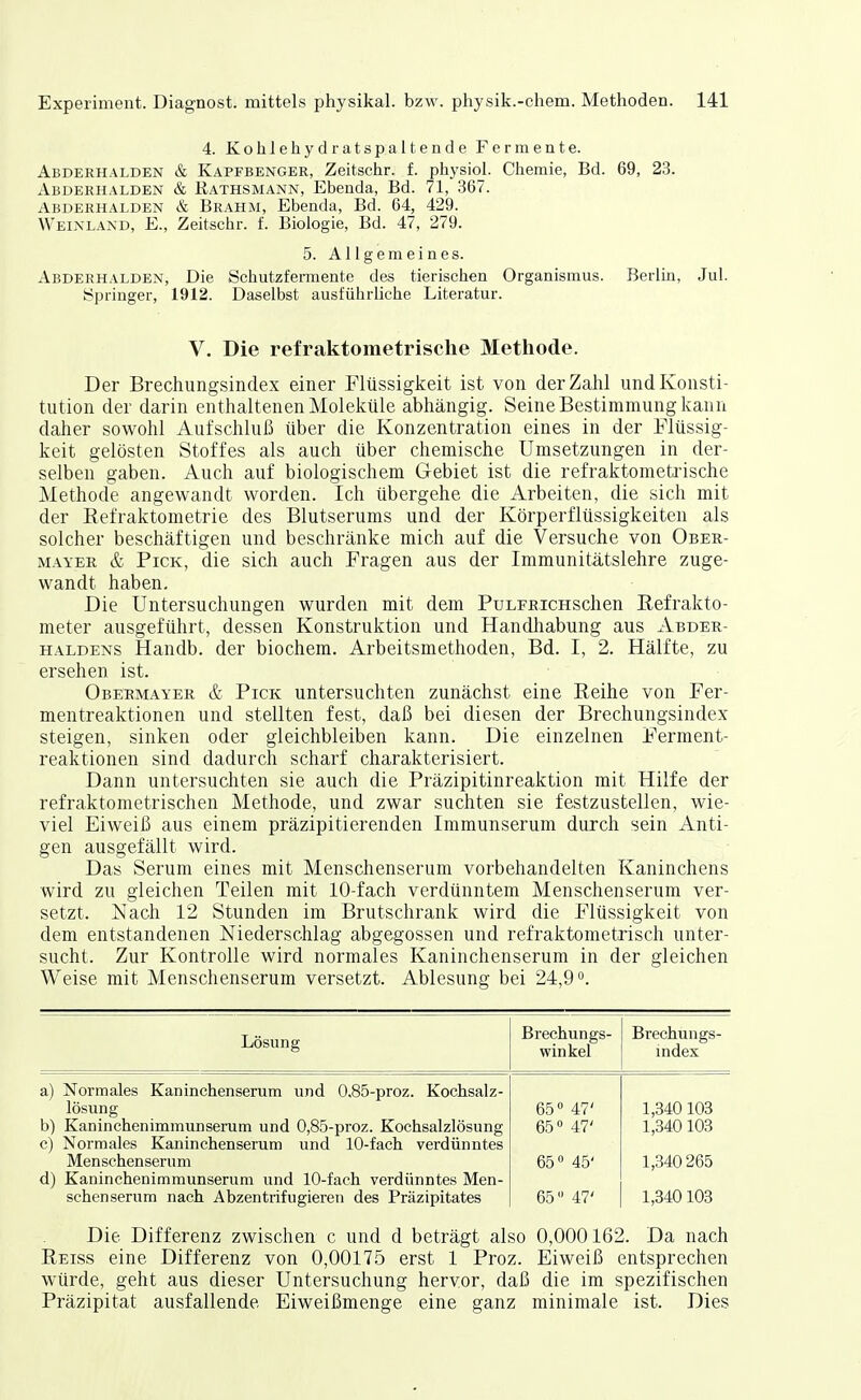 4. Kohlehydiatspaltende Fermente. Abderhalden & Kapfbenger, Zeitschr. f. physiol. Chemie, Bd. 69, 23. Abderhalden & Rathsmann, Ebenda, Bd. 71, 367. ABDERHALDEN & Brahm, Ebenda, Bd. 64, 429. Weinland, E., Zeitschr. f. Biologie, Bd. 47, 279. 5. Allgemeines. Abderhalden, Die Schutzfermente des tierischen Organismus. Berlin, Jul. Springer, 1912. Daselbst ausführliche Literatur. V. Die refraktometrische Methode. Der Brechungsindex einer Flüssigkeit ist von der Zahl und Konsti- tution der darin enthaltenen Moleküle abhängig. Seine Bestimmung kann daher sowohl Aufschluß über die Konzentration eines in der Flüssig- keit gelösten Stoffes als auch über chemische Umsetzungen in der- selben gaben. Auch auf biologischem Gebiet ist die refraktomeü'ische Methode angewandt worden. Ich übergehe die Arbeiten, die sich mit der Eefraktometrie des Blutserums und der Körperflüssigkeiten als solcher beschäftigen und beschränke mich auf die Versuche von Ober- mayer & Pick, die sich auch Fragen aus der Immunitätslehre zuge- wandt haben. Die Untersuchungen wurden mit dem PuLFEicHschen Refrakto- meter ausgeführt, dessen Konstruktion und Handliabung aus Abder- haldens Handb. der biochem. Arbeitsmethoden, Bd. I, 2. Hälfte, zu ersehen ist. Obermayer & Pick untersuchten zunächst eine Reihe von Fer- mentreaktionen und stellten fest, daß bei diesen der Brechungsindex steigen, sinken oder gleichbleiben kann. Die einzelnen Ferment- reaktionen sind dadurch scharf charakterisiert. Dann untersuchten sie auch die Präzipitinreaktion mit Hilfe der refraktometrischen Methode, und zwar suchten sie festzustellen, wie- viel Eiweiß aus einem präzipitierenden Immunserum durch sein Anti- gen ausgefällt wird. Das Serum eines mit Menschenserum vorbehandelten Kaninchens wird zu gleichen Teilen mit 10-fach verdünntem Menschenserum ver- setzt. Nach 12 Stunden im Brutschrank wird die Flüssigkeit von dem entstandenen Niederschlag abgegossen und refraktometrisch unter- sucht. Zur Kontrolle wird normales Kaninchenserum in der gleichen Weise mit Menschenserum versetzt. Ablesung bei 24,9°. Lösung Brechungs- winkel Brechungs- index a) Normales Kaninchenserum und 0.85-proz. Kochsalz- lösung b) Kaninchenimmunserum und 0,85-proz. Kochsalzlösung c) Normales Kaninchenserum und 10-fach verdünntes Menschenserum d) Kaninchenimmunserum und 10-fach verdünntes Men- schenserum nach Abzentrifugieren des Präzipitates 65» 47' 65« 47' 65« 45' 65 47' 1,340 103 1,340 103 1,340265 1,340103 Die Differenz zwischen c und d beträgt also 0,000162. Da nach Reiss eine Differenz von 0,00175 erst 1 Proz. Eiweiß entsprechen würde, geht aus dieser Untersuchung hervor, daß die im spezifischen Präzipitat ausfallende Eiweißmenge eine ganz minimale ist. Dies