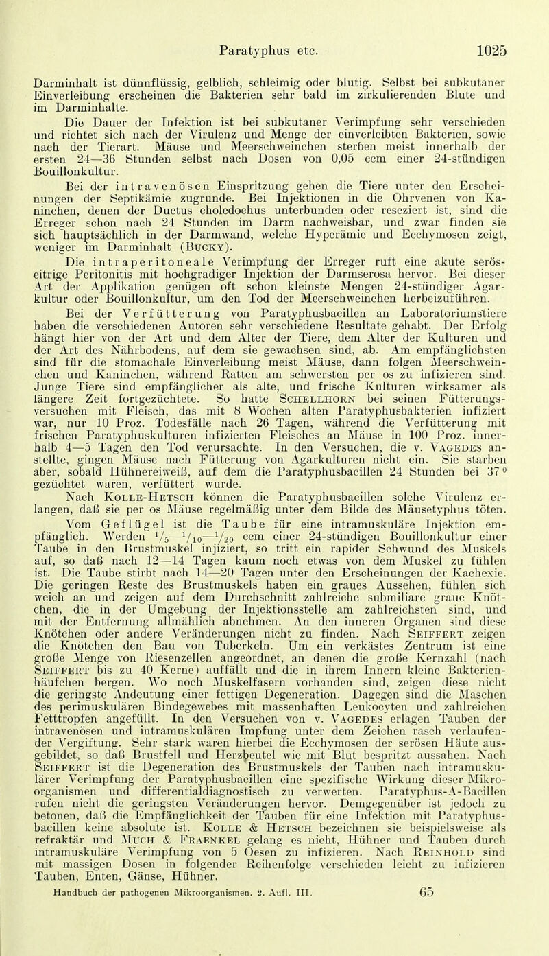 Darminhalt ist dünnflüssig, gelblich, schleimig oder blutig. Selbst bei subkutaner Einverleibung erscheinen die Bakterien sehr bald im zirkulierenden Blute und im Darminhalte. Die Dauer der Infektion ist bei subkutaner Verimpfung sehr verschieden und richtet sich nach der Virulenz und Menge der einverleibten Bakterien, sowie nach der Tierart. Mäuse und Meerschweinchen sterben meist innerhalb der ersten 24—36 Stunden selbst nach Dosen von 0,05 ccm einer 24-stündigen JBouillonkultur. Bei der intravenösen Einspritzung gehen die Tiere unter den Erschei- nungen der Septikämie zugrunde. Bei Injektionen in die Ohrvenen von Ka- ninchen, denen der Ductus choledochus unterbunden oder reseziert ist, sind die Erreger schon nach 24 Stunden im Darm nachweisbar, und zwar finden sie sich hauptsächlich in der Darmwand, welche Hyperämie und Ecchymosen zeigt, weniger im Darminhalt (Bucky). Die intraperitoneale Verimpfung der Erreger ruft eine akute serös- eitrige Peritonitis mit hochgradiger Injektion der Darmserosa hervor. Bei dieser Art der Applikation genügen oft schon kleinste Mengen 24-stündiger Agar- kultur oder Bouillonkultur, um den Tod der Meerschweinchen herbeizuführen. Bei der Verfütterung von Paratyphusbacillen an Laboratoriumstiere haben die verschiedenen Autoren sehr verschiedene Resultate gehabt. Der Erfolg hängt hier von der Art und dem Alter der Tiere, dem Alter der Kulturen und der Art des Nährbodens, auf dem sie gewachsen sind, ab. Am empfänglichsten sind für die stomachale Einverleibung meist Mäuse, dann folgen Meerschwein- chen und Kaninchen, während Ratten am schwersten per os zu infizieren sind. Junge Tiere sind empfänglicher als alte, und frische Kulturen wirksamer als längere Zeit fortgezüchtete. So hatte Schellhorn bei seinen Fütterungs- versuchen mit Fleisch, das mit 8 Wochen alten Paratyphusbakterien infiziert war, nur 10 Proz. Todesfälle nach 26 Tagen, während die Verfütterung mit frischen Paratyphuskulturen infizierten Fleisches an Mäuse in 100 Proz. inner- halb 4—5 Tagen den Tod verursachte. In den Versuchen, die v. V.4Gedes an- stellte, gingen Mäuse nach Fütterung von Agarkulturen nicht ein. Sie starben aber, sobald Hühnereiweiß, auf dem die Paratyphusbacillen 24 Stunden bei 37 gezüchtet waren, verfüttert wurde. Nach Kolle-Hetsch können die Paratyphusbacillen solche Virulenz er- langen, daß sie per os Mäuse regelmäßig unter dem Bilde des Mäusetyphus töten. Vom Geflügel ist die Taube für eine intramuskuläre Injektion em- pfänglich. Werden ^/^—Vio—V20 ccm einer 24-stündigen Bouillonkultur einer Taube in den Brustmuskel injiziert, so tritt ein rapider Schwund des Muskels auf, so daß nach 12—14 Tagen kaum noch etwas von dem Muskel zu fühlen ist. Die Taube stirbt nach 14—20 Tagen unter den Erscheinungen der Kachexie. Die geringen Reste des Brustmuskels haben ein graues Aussehen, fühlen sich weich an und zeigen auf dem Durchschnitt zahlreiche submiliare graue Knöt- chen, die in der Umgebung der Injektionsstelle am zahlreichsten sind, und mit der Entfernung allmählich abnehmen. An den inneren Organen sind diese Knötchen oder andere Veränderungen nicht zu finden. Nach Seiffert zeigen die Knötchen den Bau von Tuberkeln. Um ein verkästes Zentrum ist eine große Menge von Riesenzellen angeordnet, an denen die große Kernzahl (nach Seiffert bis zu 40 Kerne) auffällt und die in ihrem Innern kleine Bakterien- häufchen bergen. Wo noch Muskelfasern vorhanden sind, zeigen diese nicht die geringste Andeutung einer fettigen Degeneration. Dagegen sind die Maschen des perimuskulären Bindegewebes mit massenhaften Leukocyten und zahlreichen Fetttropfen angefüllt. In den Versuchen von v. Vagedes erlagen Tauben der intravenösen und intramuskulären Impfung unter dem Zeichen rasch verlaufen- der Vergiftung. Sehr stark waren hierbei die Ecchymosen der serösen Häute aus- gebildet, so daß Brustfell und Herzlpeutel wie mit Blut bespritzt aussahen. Nach Seiffert ist die Degeneration des Brustmuskels der Tauben nach intramusku- lärer Verimpfung der Paratyphusbacillen eine spezifische Wirkung dieser Mikro- organismen und differentialdiagnostisch zu verwerten. Paratyphus-A-Bacillen rufen nicht die geringsten Veränderungen hervor. Demgegenüber ist jedoch zu betonen, daß die Empfänglichkeit der Tauben für eine Infektion mit Paratyphus- bacillen keine absolute ist. Kolle & Ketsch bezeichnen sie beispielsweise als refraktär und Much & Fraenkel gelang es nicht, Hühner und Tauben durch intramuskuläre Verimpfung von 5 Oesen zu infizieren. Nach Reinhold sind mit massigen Dosen in folgender Reihenfolge verschieden leicht zu infizieren Tauben, Enten, Gänse, Hühner. Handbuch der pathogenen Mikroorganismen, a. Aufl. III. 65