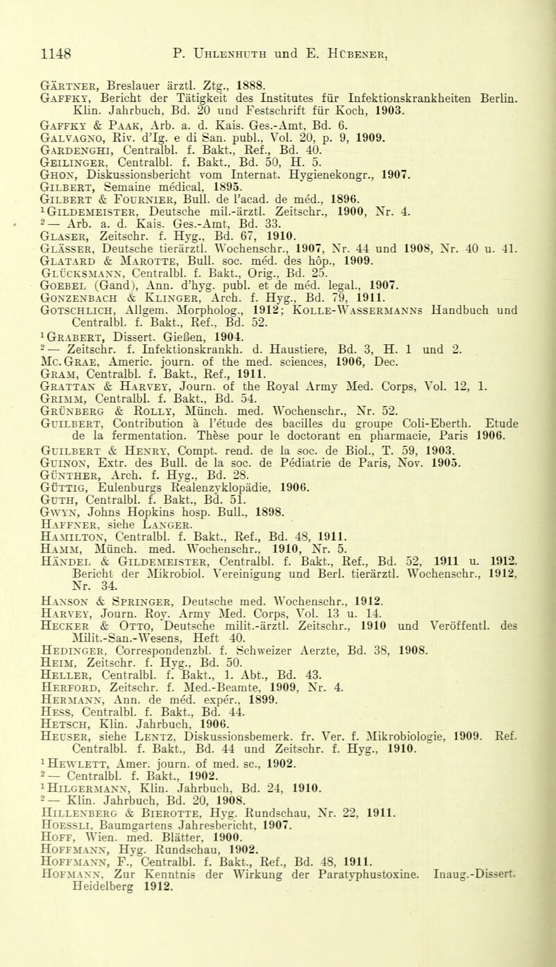 Gärtxer, Breslauer ärztl. Ztg., 1888. Gaffky, Bericht der Tätigkeit des Institutes für Infektionskrankheiten Berlin. Klin. Jahrbuch, Bd. 20 und Festschrift für Koch, 1903. Gaffky & Paak, Arb. a. d. Kais. Ges.-Amt, Bd. 6. Galvagxo, Riv. d'Ig. e di San. publ.. Vol. 20, p. 9, 1909. Gardexghi, Centralbl. f. Bakt., Ret, Bd. 40. Geilinger, Centralbl. f. Bakt., Bd. 50, H. 5. Ghox, Diskussionsbericht vom Internat. Hygienekongr., 1907. Gilbert, Semaine medical, 1895. Gilbert & Foürnier, Bull, de l'acad. de med., 1896. 1 Gildemeister, Deutsche mil.-ärztl. Zeitschr., 1900, Nr. 4. 2— Arb. a. d. Kais. Ges.-Amt, Bd. 33. Glaser, Zeitschr. f. Hyg., Bd. 67, 1910. Glässer, Deutsche tierärztl. Wochenschr., 1907, Nr. 44 und 1908, Nr. 40 u. 4L Glatard & Marotte, Bull. soc. med. des höp., 1909. Glücksmaxx. Centralbl. f. Bakt., Orig., Bd. 25. GoEBEL (Gand ), Ann. d'hyg. publ. et de med. legal., 1907. GoxzEXBACH & Klixger, Arch. f. Hyg., Bd. 79, 1911. GoTSCHLiCH, AUgem. Morpholog., 1912; Kolle-Wassermanns Handbuch und Centralbl. f. Bakt., Ref., Bd. 52. 'Grabert, Dissert. Gießen, 1904. - — Zeitschr. f. Infektionskrankh. d. Haustiere, Bd. 3, H. 1 und 2. ilc. Grae, Americ. journ. of the med. sciences, 1906, Dec. Gram, Centralbl. f. Bakt., Ref., 1911. Grattax & Harvey, Journ. of the Royal Armv Med. Corps, Vol. 12, 1. Grimm, Centralbl. f. Bakt., Bd. 54. Grüxberg & RoLLY, Münch, med. Wochenschr., Nr. 52. GriLBERT, Contribution ä l'etude des bacilles du groupe Coli-Eberth. Etüde de la fermentation. These pour le doctorant en pharmacie, Paris 1906. GuiLBERT & Hexry. Compt. rend. de la soc. de Biol., T. 59, 1903. GuiNOX', Estr. des Bull, de la soc. de Pediatrie de Paris, Nov. 1905. Günther, Arch. f. Hyg., Bd. 28. GÜTTiG, Eulenburss Realenzvklopädie, 1906. GUTH, Centralbl. f. Bakt., Bd. 51. Gnvyx, Johns Hopkins hosp. Bull., 1898. Haffxer, siehe Laxger. Hamiltox, Centralbl. i. Bakt., Ref., Bd. 48, 1911. Hamm, Münch, med. Wochenschr., 1910, Nr. 5. Häxdel & Gildemeister, Centralbl. f. Bakt., Ref., Bd. 52, 1911 u. 1912. Bericht der Mikrobiol. Vereinigung und Berl. tierärztl. Wochenschr., 1912, Nr. 34. Haxson & Sprixger, Deutsche med. Wochenschr., 1912. Harvey, Journ. Roy. Army Med. Corps, Vol. 13 u. 14. Hecker & Otto, Deutsche milit.-ärztl. Zeitschr., 1910 und Veröffentl. des Milit.-San.-Wesens, Heft 40. Hedix'Ger. Correspondenzbl. f. Schweizer Aerzte, Bd. 38, 1908. Heim, Zeitschr. L Hvg.. Bd. 50. Heller, Centralbl. t Bakt., 1. Abt., Bd. 43. Herford, Zeitschr. f. Med.-Beamte, 1909, Nr. 4. Hermann, Ann. de med. exper., 1899. Hess. Centralbl. f. Bakt., Bd. 44. Hetsch, Klin. Jahrbuch, 1906. Heuser, siehe Lextz. Diskussionsbemerk. fr. Ver. f. Mikrobiologie, 1909. Ref. Centralbl. f. Bakt., Bd. 44 und Zeitschr. f. Hyg., 1910. 1 Hewlett, Amer. journ. of med. sc, 1902. 2— Centralbl. t Bakt., 1902. iHiLGERMAXN, Klin. Jahrbuch, Bd. 24, 1910. 2— Kim. Jahrbuch, Bd. 20, 1908. HiLLEXBERG & BiEROTTE, Hvg. Ruudschau, Nr. 22, 1911. Hoessli, Baumgartens Jahresbericht, 1907. Hoff, Wien. med. Blätter, 1900. Hoffmanx, Hyg. Rundschau, 1902. Hoffmann, F., Cfintralbl. i. Bakt., Ref., Bd. 48, 1911. Hofmann, Zur Kenntnis der Wirkung der Paratvphustoxine. Inaug.-Dissert. Heidelberg 1912.