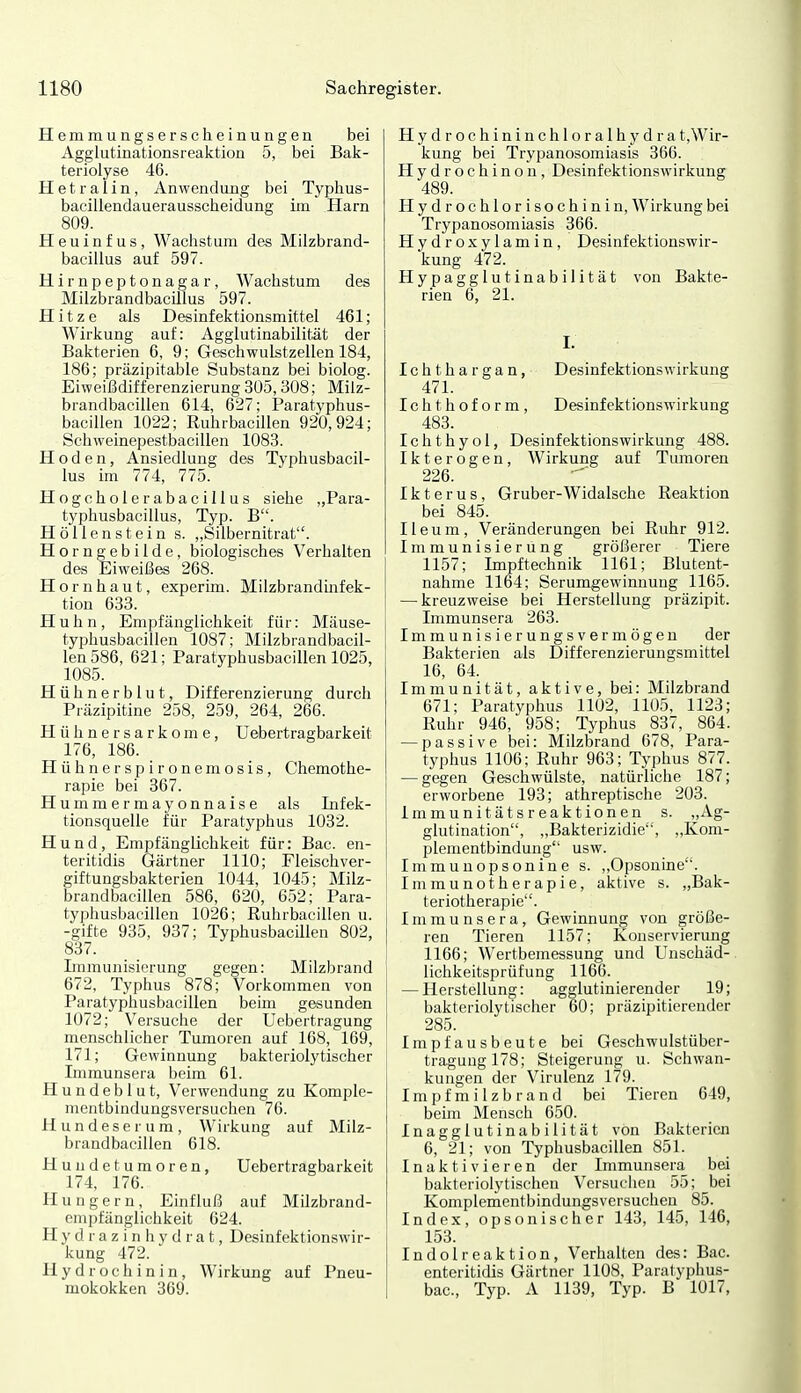 Hemmungserscheinungen bei Aggkitinationsreaktion 5, bei Bak- teriolyse 46. H e t r a 11 n, Anwendung bei Typhus- bacillendaueraussclieidung im Harn 809. H e u i n f u s, Wachstum des Milzbrand- bacillus auf 597. Hirnpeptonagar, Wacttstum des Milzbrandbacillus 597. Hitze als Desinfektionsmittel 461; Wirkung auf: Agglutinabilität der Bakterien 6, 9; Geschwulstzellen 184, 186; präzipitable Substanz bei biolog. Eiweißdifferenzierung 305,308; Milz- brandbacillen 614, 627; Paratyphus- bacillen 1022; Ruhrbacillen 920,924; Schweinepestbacillen 1083. Hoden, Ansiedlung des Typhusbacil- lus im 774, 775. Hogcholerabacillus siehe „Para- typhusbacillus, Typ. B. Höllenstein s. „Silbernitrat. Horngebilde, biologisches Verhalten des Eiweißes 268. Hornhaut, experim. Milzbrandinfek- tion 633. Huhn, Empfänglichkeit für: Mäuse- typhusbacillen 1087; Milzbrandbacil- len 586, 621; Paratyphusbacillen 1025, 1085. Hühnerblut, Differenzierung durch Präzipitine 258, 259, 264, 266. Hühnersarkome, Uebertragbarkeit 176, 186. Hühnerspironeniosis, Chemothe- rapie bei 367. Hummermayonnaise als Infek- tionsquelle für Paratyphus 1032. Hund, Empfänglichkeit für: Bac. eu- teritidis Gärtner 1110; Fleischver- giftungsbakterien 1044, 1045; Milz- brandbacillen 586, 620, 652; Para- typhusbacillen 1026; Ruhrbacillen u. -gifte 935, 937; Typhusbacillen 802, 837. Lnmunisierung gegen: Milzbrand 672, Typhus 878; Vorkommen von Paratyphusbacillen beim gesunden 1072; Versuciie der Uebertragung menschlicher Tumoren auf 168, 169, 171; Gewinnung bakteriolytischer Immunsera beim 61. H u n d e b 1 u t, Verwendung zu Komple- mentbindungsversuchen 76. Hundeserum, Wirkung auf Milz- brandbacillen 618. Hundetumoren, Uebertragbarkeit 174, 176. Hungern, Einfluß auf Milzbrand- empfänglichkeit 624. H y d r a z i n h y d r a t, Desinfektionswir- kung 472. H y d r o c h i n i n, Wirkung auf Pneu- mokokken 369. Hydrochininchloralhydra t,Wir- kung bei Trypanosomiasis 366. Hydrochinon, Desinfektionswirkung 489. Hydrochlorisochinin, Wirkung bei Trypanosomiasis 366. Hydroxylamin, Desinfektionswir- kung 472. Hypagglutinabilität von Bakte- rien 6, 21. I. Ichthargan, Desinfektionswirkung 471. Ichthoform, Desinfektionswirkung 483. Ichthyol, Desinfektionswirkung 488. Ikterogen, Wirkung auf Tumoren 226. Ikterus, Gruber-Widalsche Reaktion bei 845. Ileum, Veränderungen bei Ruhr 912. Immunisierung größerer Tiere 1157; Impftechnik 1161; Blutent- nahme 1164; Serumgewinnuug 1165. — kreuzweise bei Herstellung präzipit. Immunsera 263. Immunisierungsvermögen der Bakterien als Differenzierungsmittel 16, 64. Immunität, aktive, bei: Milzbrand 671; Paratyphus 1102, 1105, 1123; Ruhr 946, 958; Typhus 837, 864. — passive bei: Milzbrand 678, Para- typhus 1106; Ruhr 963; Typhus 877. — gegen Geschwülste, natürliche 187; erworbene 193; athreptische 203. Immunitätsreaktionen s. „Ag- glutination, „Bakterizidie, „Kom- plementbindung usw. Immuuopsonine s. ,,Opsonine. Immunotherapie, aktive s. „Bak- teriotherapie. Immunsera, Gewinnung von größe- ren Tieren 1157; Konservierung 1166; Wertbemessung und Unschäd- lichkeitsprüfung 1166. — Herstellung: agglutinierender 19; bakteriolytischer 60; präzipitierender 285. Impf ausbeute bei Geschwulstüber- traguugl78; Steigerung u. Schwan- kungen der Virulenz 179. I m p f m i 1 z b r a n d bei Tieren 649, beim Mensch 650. Inagglutinabilität von Bakterien 6, 21; von Typhusbacillen 851. Inaktivieren der Immunsera bei baktcriolytischen Versuchen 55; bei Komplementbindungsversuchen 85. Index, opsonischer 143, 145, 146, 153. Indolreaktion, Verhalten des: Bac. enteritidis Gärtner 1108, Paratyphus- bac, Typ. A 1139, Typ. B 1017,