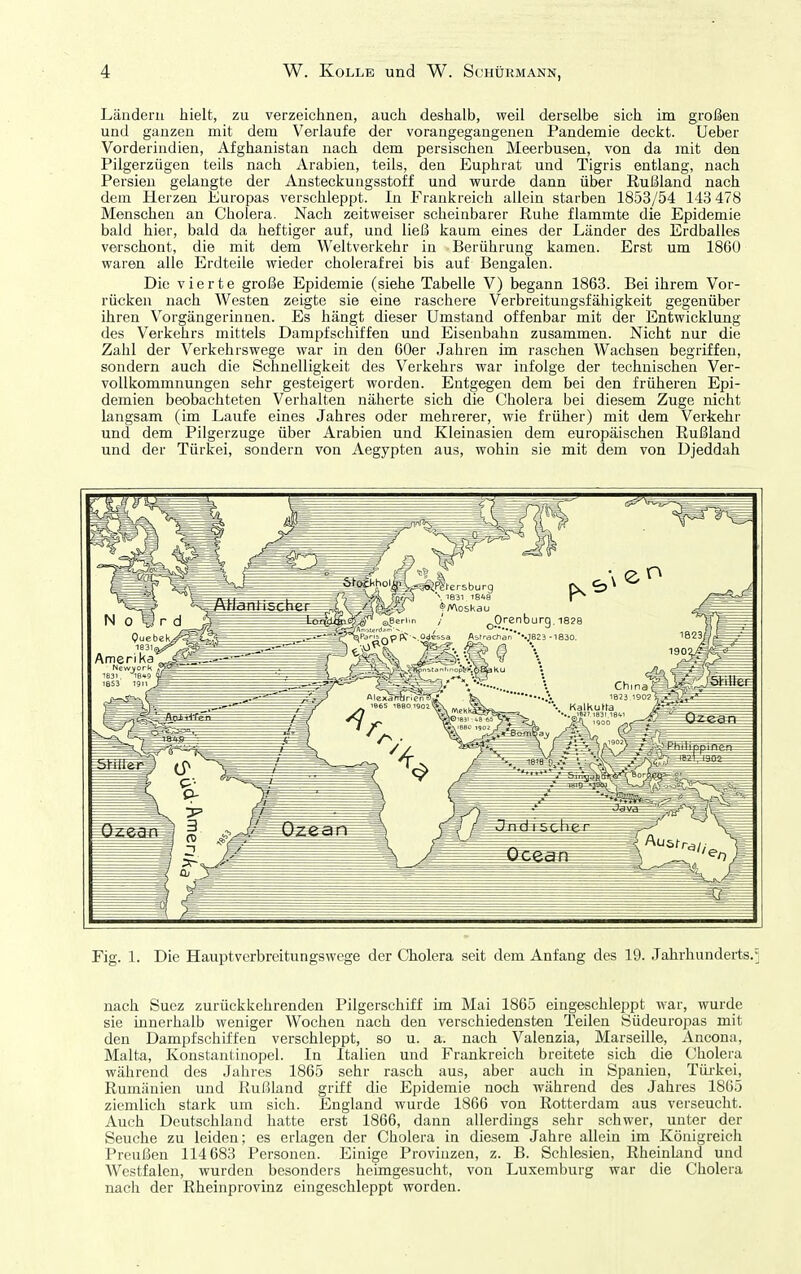 Ländern hielt, zu verzeichnen, auch deshalb, weil derselbe sich im großen und ganzen mit dem Verlaufe der vorangegangenen Pandemie deckt. Ueber Vorderindien, Afghanistan nach dem persischen Meerbusen, von da mit den Pilgerzügen teils nach Arabien, teils, den Euphrat und Tigris entlang, nach Persien gelangte der Ansteckungsstoff und wurde dann über Rußland nach dem Herzen Europas verschleppt. In Frankreich allein starben 1853/54 143 478 Menschen an Cholera. Nach zeitweiser scheinbarer Ruhe flammte die Epidemie bald hier, bald da heftiger auf, und ließ kaum eines der Länder des Erdballes verschont, die mit dem Weltverkehr in Berührung kamen. Erst um 1860 waren alle Erdteile wieder cholerafrei bis auf Bengalen. Die vierte große Epidemie (siehe Tabelle V) begann 1863. Bei ihrem Vor- rücken nach Westen zeigte sie eine raschere Verbreitungsfähigkeit gegenüber ihren Vorgängerinnen. Es hängt dieser Umstand offenbar mit der Entwicklung des Verkehrs mittels Dampfschiffen und Eisenbahn zusammen. Nicht nur die Zahl der Verkehrswege war in den 60er Jahren im raschen Wachsen begriffen, sondern auch die Schnelligkeit des Verkehrs war infolge der technischen Ver- vollkommnungen sehr gesteigert worden. Entgegen dem bei den früheren Epi- demien beobachteten Verhalten näherte sich die Cholera bei diesem Zuge nicht langsam (im Laufe eines Jahres oder mehrerer, wie früher) mit dem Verkehr und dem Pilgerzuge über Arabien und Kleinasien dem europäischen Rußland und der Türkei, sondern von Aegypten aus, wohin sie mit dem von Djeddah nach Suez zurückkehrenden Pilgerschiff im Mai 1865 eingeschleppt war, wurde sie innerhalb weniger Wochen nach den verschiedensten Teilen Öüdeuropas mit den Dampfschiffen verschleppt, so u. a. nach Valenzia, Marseille, Ancona, Malta, Konstantiuopel. In Italien und Frankreich breitete sich die Cholera während des Jahres 1865 sehr rasch aus, aber auch in Spanien, Tüi-kei, Rumänien und Rußland griff die Epidemie noch während des Jahres 1865 ziemlich stark um sich. England wurde 1866 von Rotterdam aus verseucht. Auch Deutschland hatte erst 1866, dann allerdings sehr schwer, unter der Seuche zu leiden; es erlagen der Cholera in diesem Jahre allein im Königreich Preußen 114 683 Personen. Einige Provinzen, z. B. Schlesien, Rheinland und Westfalen, wurden besonders heimgesucht, von Luxemburg war die Cholera nach der Rheinprovinz eingeschleppt worden.