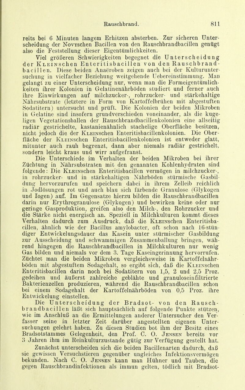 reits bei 6 Minuten langem Erhitzen absterben. Zur sicheren Unter- scheidung der NovYschen Bacillen von den Rauschbrandbacillen genügt also die Peststellung dieser Eigentümlichkeiten. Viel größeren Schwierigkeiten begegnet die Unterscheidung der KLEiNSchen Enteritisbacillen von den Rauschbrand- bacillen. Diese beiden Anaeroben zeigen auch bei der Kulturunter- suchung in vielfacher Beziehung weitgehende Uebereinstimmung. Man gelangt zu einer Unterscheidung nur, wenn man die Formeigentümlich- keiteu ihrer Kolonien in Gelatinenährböden studiert und ferner auch ihre Einwirkungen auf milchzucker-, rohrzucker- und stärkehaltige Nährsubstrate (letztere in Form von Kartoffelbrühen mit abgestuften Sodatitern) untersucht und prüft. Die Kolonien der beiden Mikroben in Gelatine sind insofern grundverschieden voneinander, als die kuge- ligen Vegetationsballen der Rauschbrandbacillenkolonien eine allseitig radiär gestrichelte, kastanienähnlich stachelige Oberfläche besitzen, nicht jedoch die der KLEiNschen Enteritisbacillenkolonien. Die Ober- fläche der KLEiNschen Enteritisbacillenkolonien ist entweder glatt, mitunter auch rauh begrenzt, dann aber niemals radiär gestrichelt, sondern leicht kraus und wirr aufgefranst. Die Unterschiede im Verhalten der beiden Mikroben bei ihrer Züchtung in Nährsubstraten mit den genannten Kohlenhydraten sind folgende: Die KLEiNschen Enteritisbacillen vermögen in milchzucker-, in rohrzucker- und in stärkehaltigen Nährböden stürmische Gasbil- dung hervorzurufen und speichern dabei in ihrem Zelleib reichlich in Jodlösungen rot und auch blau sich färbende Granulöse (Glykogen und logen) auf. Im Gegensatze hierzu bilden die Rauschbrandbacillen darin nui- Erythrogranulose (Glykogen) und bewirken keine oder nur geringe Gasproduktion, greifen also den Milch-, den Rohrzucker und die Stärke nicht energisch an. Speziell in Milchkulturen kommt dieses Verhalten dadurch zum Ausdruck, daß die KLEiNschen Enteritisba- cillen, ähnlich wie der Bacillus amylobacter, oft schon nach 16-stün- diger Entwickelungsdauer das Kasein unter stürmischer Gasbildung zur Ausscheidung und schwammigen Zusammenballung bringen, wäh- rend hingegen die Rauschbrandbacillen in Milchkulturen nur wenig Gas bilden und niemals vor dem 3. Tage Kaseingerinnung hervorrufen. Züchtet man die beiden Mikroben vergleichsweise in Kartoffelnähr- böden mit abgestuftem Sodagehalt, so ergibt sich, daß die KLEiNschen Enteritisbacillen darin noch bei Sodatitern von 1,5, 2 und 2,5 Proz. gedeihen und äußerst zahlreiche geblähte und granuloseinfiltrierte Bakterienzellen produzieren, während die Rauschbrandbacillen schon bei einem Sodagehalt der Kartoffelnährböden von 0,5 Proz. ihre Entwickelung einstellen. Die Unterscheidung der Bradsot- von den Rausch- brandbacillen läßt sich hauptsächlich auf folgende Punkte stützen, wie im Anschluß an die Ermittelungen anderer Untersucher den Ver- fasser seine in letzter Zeit darüber angestellten eigenen Unter- suchungen gelehrt haben. Zu diesen Studien bot ihm der Besitz eines Bradsotstammes Gelegenheit, den Prof. C. O. Jensen bereits vor 3 Jahren ihm im Reinkulturzustande gütig zur Verfügung gestellt hat. Zunächst unterscheiden sich die beiden Bacillenarten dadurch, daß sie gewissen Versuchstieren gegenüber ungleiches Infektionsvermögen bekunden. Nach C. O. Jensen kann man Hühner und Tauben, die gegen Rauschbrandinfektionen als immun gelten, tödlich mit Bradsot-