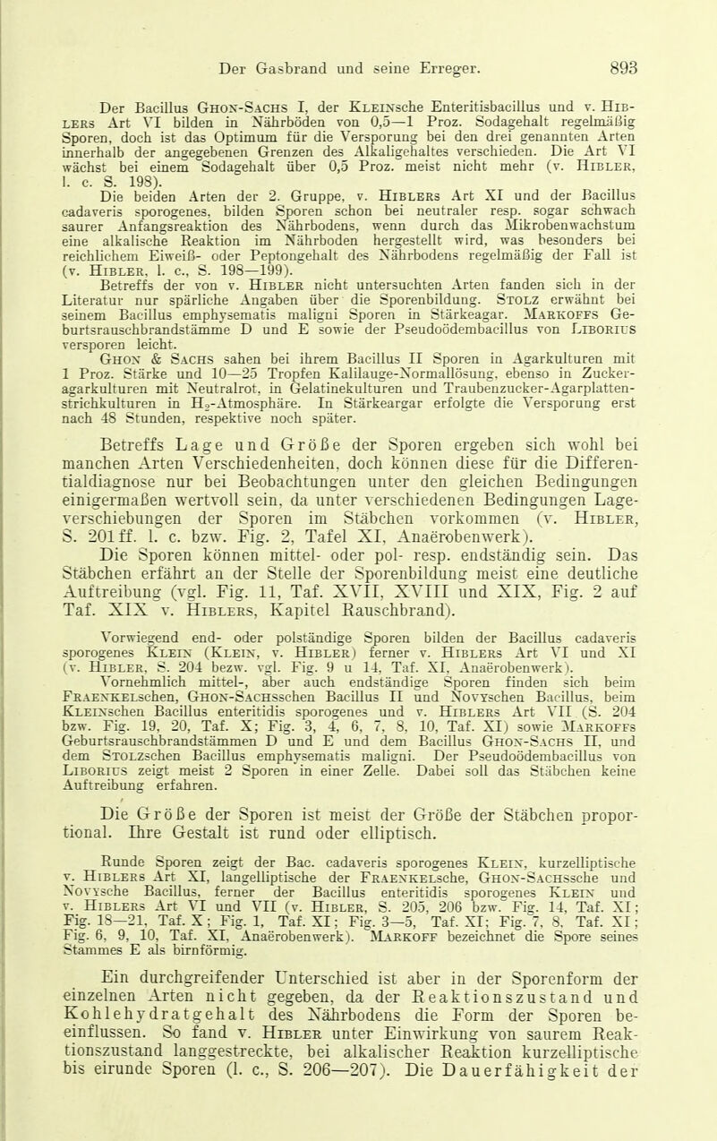 Der Bacillus Ghos-Sachs I, der KLEixsche Enteritisbacillus und v. HiB- LERs Art VI bilden in Nährböden von 0,5—1 Proz. Sodagehalt regelmäßig Sporen, doch ist das Optimum für die Versporung bei den drei genannten Arten innerhalb der angegebenen Grenzen des Alkaligehaltes verschieden. Die Art VI wächst bei einem Sodagehalt über 0,5 Proz. meist nicht mehr (v. Hibler, 1. c. S. 198). Die beiden Arten der 2. Gruppe, v. Hiblers Art XI und der Bacillus cadaveris sporogenes. bilden Sporen schon bei neutraler resp. sogar schwach saurer Anfangsreaktion des Nährbodens, wenn durch das ilikrobenwachstum eine alkalische Reaktion im Nährboden hergestellt wird, was besonders bei reichlichem Eiweiß- oder Peptongehalt des Nährbodens regelmäßig der Fall ist (v. Hibler, 1. c, S. 198—199). Betreffs der von v. Hiblee nicht untersuchten Arten fanden sich in der Literatur nur spärliche Angaben über die Sporenbildung. Stolz erwähnt bei seinem Bacillus emphysematis maligni Sporen in Stärkeagar. Markoffs Ge- burtsrauschbrandstämme D und E sowie der Pseudoödembacillus von Liborius versporen leicht. Ghox & Sachs sahen bei ihrem Bacillus II Sporen in Agarkulturen mit 1 Proz. Stärke und 10—25 Tropfen Kalilauge-Normallösung. ebenso in Zucker- agarkulturen mit Neutralrot, in Gelatinekulturen und Traubenzucker-Agarplatten- strichkulturen in Ho-Atmosphäre. In Stärkeargar erfolgte die Versporung erst nach 48 Stunden, respektive noch später. Betreffs Lage und Größe der Sporen ergeben sich wohl bei manchen Arten Verschiedenheiten, doch können diese für die Differen- tialdiagnose nur bei Beobachtungen unter den gleichen Bedingungen einigermaßen wertvoll sein, da unter verschiedenen Bedingungen Lage- verschiebunsfen der Sporen im Stäbchen vorkommen (v. Hibler, S. 201 ff. L c. bzw. Fig. 2, Tafel XI, Anaerobenwerk). Die Sporen können mittel- oder pol- resp. endständig sein. Das Stäbchen erfährt an der Stelle der Sporenbildung meist eine deutliche Auftreibung (vgl. Fig. 11, Taf. XVII, XVIII und XIX, Fig. 2 auf Taf. XIX V. HiBLEEs, Kapitel Rauschbrand). Vorwiegend end- oder polständige Sporen bilden der Bacillus cadaveris sporogenes Klein (Klein, v. Hibler) ferner v. Hiblers Art VI und XI (v. Hibler, S. 204 bezw. vgl. Fig. 9 u 14. Taf. XI, Anaerobenwerk). Vornehmlich mittel-, aber auch endständige Sporen finden sich beim FRAEXKELschen, GHON-SACHSschen Bacillus II und NovYschen Bacillus, beim KLEixschen Bacillus enteritidis sporogenes und v. Hiblers Art VII (S. 204 bzw. Fig. 19, 20, Taf. X; Fig. 3, 4, 6, 7, 8. 10, Taf. XIj sowie Markoffs Geburtsrauschbrandstämmen D und E und dem Bacillus Ghox-Sachs II, und dem STOLZschen Bacillus emphysematis maligni. Der Pseudoödembacillus von Liborius zeigt meist 2 Sporen in einer Zelle. Dabei soll das Stäbchen keine Auftreibung erfahren. Die Größe der Sporen ist meist der Größe der Stäbchen propor- tional. Ihre Gestalt ist rund oder elliptisch. Runde Sporen zeigt der Bac. cadaveris sporogenes Klein, kurzelliptisehe V. Hiblers Art XI, langelliptische der pRAENKELsche, GnoN-SACHSsche und NovYsche Bacillus, ferner der Bacillus enteritidis sporogenes Klein und V. Hiblers Art VI und VII (v. Hibler, S. 205, 206 bzw. Fig. 14, Taf. XI; Fig. 18—21, Taf. X; Fig. 1, Taf. XI; Fig. 3—5, Taf. XI; Fig. 7. 8. Taf. XI; Fig. 6, 9, 10, Taf. XI, Anaerobenwerk). Markoff bezeichnet die Spore seines Stammes E als birnförmig. Ein durchgreifender Unterschied ist aber in der Sporenform der einzelnen Arten nicht gegeben, da der Eeaktionszustand und Kohlehydratgehalt des Nährbodens die Form der Sporen be- einflussen. So fand v. Hibler unter Einwirkung von saurem Eeak- tionszustand langgestreckte, bei alkalischer Eeaktion kurzelliptische bis eirunde Sporen (1. c, S. 206—207). Die Dauerfähigkeit der