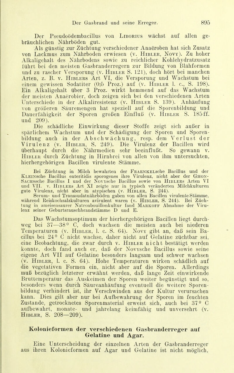 Der Pseudoödembacillus von Liborius wächst auf allen ge- bräuchlichen Nährböden gut. Als günstig zur Züchtung verschiedener Anaeroben hat sich Zusatz von Lackmus zum Nährboden erwiesen (v. Hibler, Novy). Zu hoher Alkaligehalt des Nährbodens sowie zu reichlicher Kohlehydratzusatz führt bei den meisten Gasbranderregern zur Bildung von Blähformen und zu rascher Versporung (v. Hibler S. 121), doch hört bei manchen Arten, z. B. v. Hiblers Art VI, die Versporung und Wachstum bei einem gewissen Sodatiter (0,5 Proz.) auf (v. Hibler 1. c, S. 198). Ein Alkaligehalt über 3 Proz. wirkt hemmend auf das Wachstum der meisten Anaerobier, doch zeigen sich bei den verschiedenen Arten Unterschiede in der Alkaliresistenz (v. Hibler S. 139). Anhäufung von größeren Säuremengen hat speziell auf die Sporenbildung und Dauerfähigkeit der Sporen großen Einfluß (v. Hibler S. 185 ff. und 209). Die schädliche Einwirkung dieser Stoffe zeigt sich außer in spärlichem Wachstum und der Schädigung der Sporen und Sporen- bildung auch in der Abschwächung, resp. dem Verlust der Virulenz (v. Hibler, S. 249). Die Virulenz der Bacillen wird überhaupt durch die Nälirmedien sehr beeinflußt. So gewann v. Hibler durch Züchtung in Hirnbrei von allen von ihm untersuchten, hierhergehörigen Bacillen virulente Stämme. Bei Züchtung in Milch bewahrten der FRAENKELSche Bacillus und der KLEiNsche Bacillus enteritidis sporogenes ihre Virulenz, nicht aber der Ghon- SACHSsche Bacillus I und der NovYsche Bacillus sowie von Hiblers Arten VI und VII. V. Hiblers Art XI zeigte nur in typisch veränderten Milchkulturen gute Virulenz, nicht aber in atypischen (v. Hibler, S. 244). Serum- und Transsudatnährböden gaben von allen Bacillen virulente Stämme, während Reiskochsalzkulturen avirulent waren (v. Hibler, S. 244). Bei Züch- tung in ameisensaurer Natronbouillonkultur fand Markoff Abnahme der Viru- lenz seiner Geburtsrauschbrandstämme D und E. Das Wachstuinsoptimum der hierhergehörigen Bacillen liegt durch- weg bei 37—38° C, doch wachsen die meisten auch bei niederen Temperaturen (v. Hibler, 1. c. S. 64). Novy gibt an, daß sein Ba- cillus bei 24° C nicht wachse, daher nicht auf Gelatine züchtbar sei, eine Beobachtung, die zwar durch v. Hibler nicht bestätigt werden konnte, doch fand auch er, daß der NovYSche Bacillus sowie seine eigene Art VII auf Gelatine besonders langsam und schwer wachsen (v. Hibler, 1. c. S. 64). Hohe Temperaturen wirken schädlich auf die vegetativen Formen ein, nicht aber auf die Sporen. Allerdings muß bezüglich letzterer erwähnt werden, daß lange Zeit einwirkende Bruttemperatur das Auskeimen der Sporen weiter begünstigt und so, besonders wenn durch Säureanhäufung eventuell die weitere Sporen- bildung verhindert ist, ihr Verschwinden aus der Kultur verursachen kann. Dies gilt aber nur bei Aufbewahrung der Sporen im feuchten Zustande, getrocknetes Sporenmaterial erweist sich, auch bei 37*^ C aufbewahrt, monate- und jahrelang keimfähig und unversehrt (v. Hibler, S. 208—209). Kolonieformen der verschiedenen Gasbranderreger auf Gelatine und Agar. Eine Unterscheidung der einzelnen Arten der Gasbranderreger aus ihren Kolonieformen auf Agar und Gelatine ist nicht möglich.