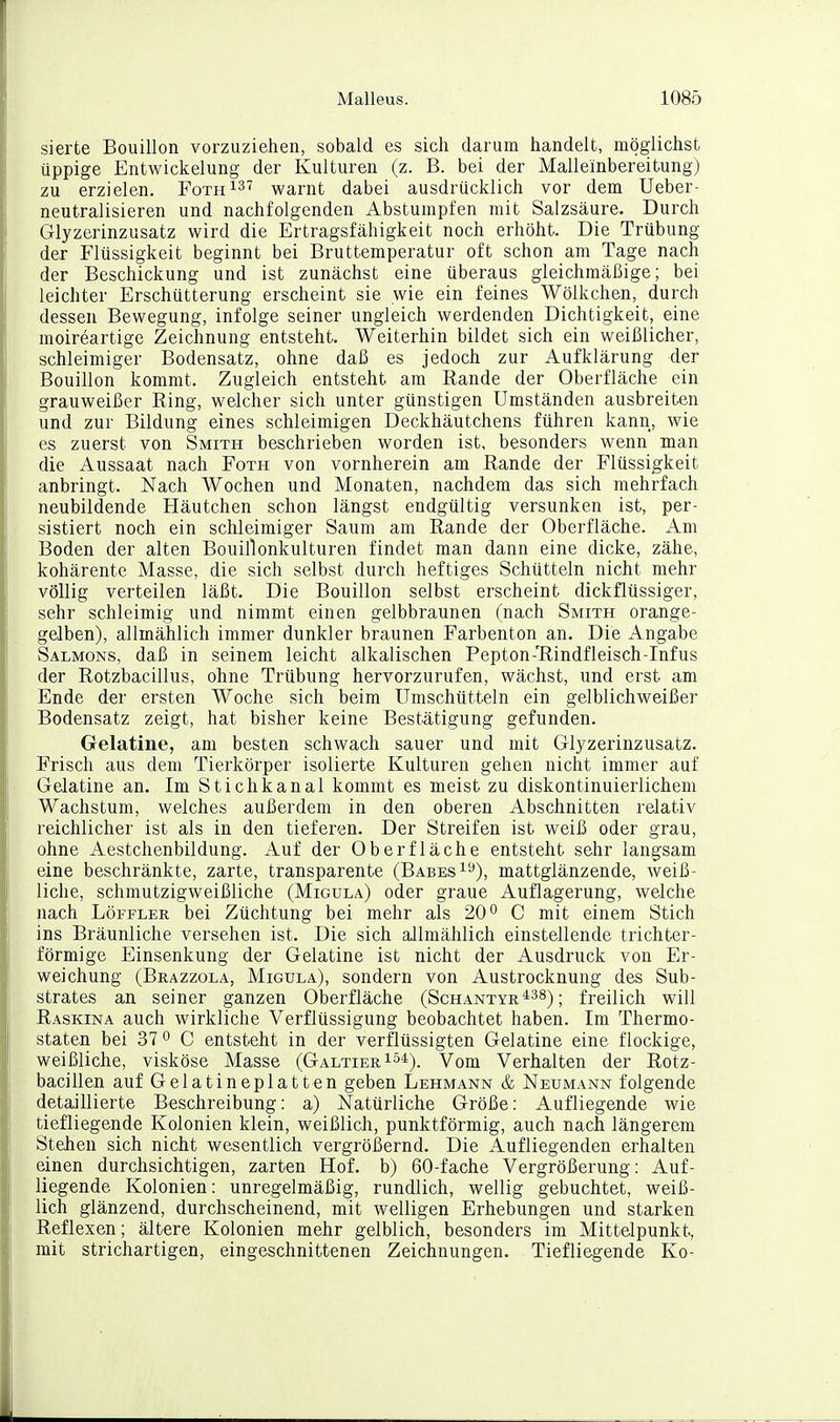 sierte Bouillon vorzuziehen, sobald es sich darum handelt, möglichst üppige Entwickelung der Kulturen (z. B. bei der Malleinbereitung) zu erzielen. FothI^^ warnt dabei ausdrücklich vor dem Ueber- neutralisieren und nachfolgenden Abstumpfen mit Salzsäure. Durch Glyzerinzusatz wird die Ertragsfähigkeit noch erhöht. Die Trübung der Flüssigkeit beginnt bei Bruttemperatur oft schon am Tage nach der Beschickung und ist zunächst eine überaus gleichmäßige; bei leichter Erschütterung erscheint sie wie ein feines Wölkchen, durch dessen Bewegung, infolge seiner ungleich werdenden Dichtigkeit, eine moireartige Zeichnung entsteht. Weiterhin bildet sich ein weißlicher, schleimiger Bodensatz, ohne daß es jedoch zur Aufklärung der Bouillon kommt. Zugleich entsteht am Rande der Oberfläche ein grauweißer Ring, welcher sich unter günstigen Umständen ausbreiten und zur Bildung eines schleimigen Deckhäutchens führen kann, wie es zuerst von Smith beschrieben worden ist, besonders wenn man die Aussaat nach Foth von vornherein am Rande der Flüssigkeit anbringt. Nach Wochen und Monaten, nachdem das sich mehrfach neubildende Häutchen schon längst endgültig versunken ist, per- sistiert noch ein schleimiger Saum am Rande der Oberfläche. Am Boden der alten Bouillonkulturen findet man dann eine dicke, zähe, kohärente Masse, die sich selbst durch heftiges Schütteln nicht mehr völlig verteilen läßt. Die Bouillon selbst erscheint dickflüssiger, sehr schleimig und nimmt einen gelbbraunen (nach Smith orange- gelben), allmählich immer dunkler braunen Farbenton an. Die Angabe Salmons, daß in seinem leicht alkalischen Pepton-'Rindfleisch-Infus der Rotzbacillus, ohne Trübung hervorzurufen, wächst, und erst am Ende der ersten Woche sich beim Umschütteln ein gelblichweißer Bodensatz zeigt, hat bisher keine Bestätigung gefunden. Gelatine, am besten schwach sauer und mit Glyzerinzusatz. Frisch aus dem Tierkörper isolierte Kulturen gehen nicht immer auf Gelatine an. Im Stichkanal kommt es meist zu diskontinuierlichem Wachstum, welches außerdem in den oberen Abschnitten relativ reichlicher ist als in den tieferen. Der Streifen ist weiß oder grau, ohne Aestchenbildung. Auf der Oberfläche entsteht sehr langsam eine beschränkte, zarte, transparente (Babes^^), mattglänzende, weiß- liche, schmutzigweißliche (Migula) oder graue Auflagerung, welche nach Löfflee. bei Züchtung bei mehr als 20*^ C mit einem Stich ins Bräunliche versehen ist. Die sich allmählich einstellende trichter- förmige Einsenkung der Gelatine ist nicht der Ausdruck von Er- weichung (Brazzola, Migula), sondern von Austrocknung des Sub- strates an seiner ganzen Oberfläche (Schantyr^^s^ ; freilich will Raskina auch wirkliche Verflüssigung beobachtet haben. Im Thermo- staten bei 37 0 C entsteht in der verflüssigten Gelatine eine flockige, weißliche, viskose Masse (Galtier i^*). Vom Verhalten der Rotz- bacillen auf Gelatineplatten geben Lehmann & Neumann folgende detaillierte Beschreibung: a) Natürliche Größe: Aufliegende wie tiefliegende Kolonien klein, weißlich, punktförmig, auch nach längerem Stehen sich nicht wesentlich vergrößernd. Die Aufliegenden erhalten einen durchsichtigen, zarten Hof. b) 60-fache Vergrößerung: Auf- liegende Kolonien: unregelmäßig, rundlich, wellig gebuchtet, weiß- lich glänzend, durchscheinend, mit welligen Erhebungen und starken Reflexen; ältere Kolonien mehr gelblich, besonders im Mittelpunkt, mit strichartigen, eingeschnittenen Zeichnungen. Tiefliegende Ko-