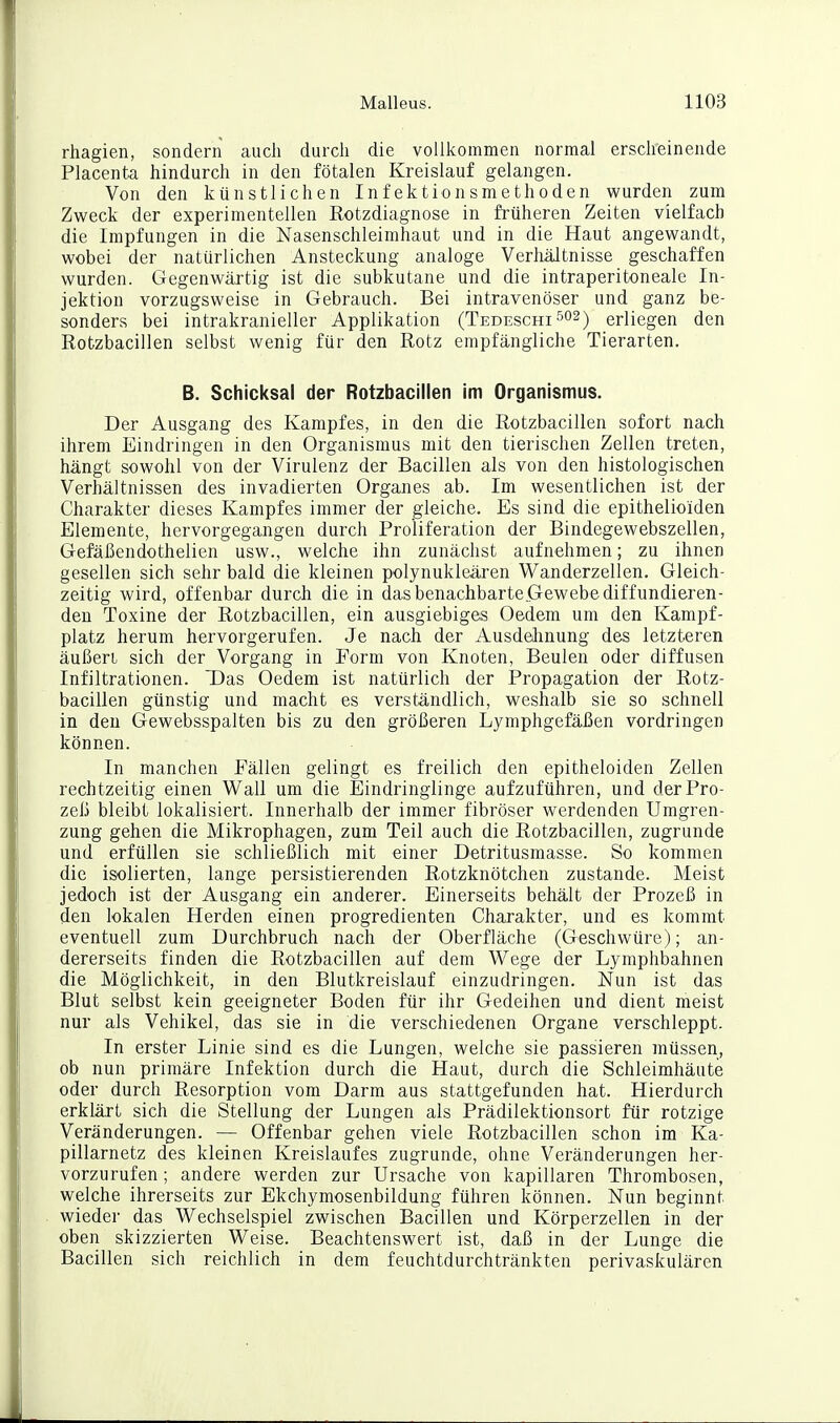 rhagien, sondern auch durch die vollkommen normal erscheinende Placenta hindurch in den fötalen Kreislauf gelangen. Von den künstlichen Infektionsmethoden wurden zum Zweck der experimentellen Rotzdiagnose in früheren Zeiten vielfach die Impfungen in die Nasenschleimhaut und in die Haut angewandt, wobei der natürlichen Ansteckung analoge Verhältnisse geschaffen wurden. Gegenwäi'tig ist die subkutane und die intraperitoneale In- jektion vorzugsweise in Gebrauch. Bei intravenöser und ganz be- sonders bei intrakranieller Applikation (Tedeschi ^^2) erliegen den Rotzbacillen selbst wenig für den Rotz empfängliche Tierarten. B. Schicksal der Rotzbacillen im Organismus. Der Ausgang des Kampfes, in den die Rotzbacillen sofort nach ihrem Eindringen in den Organismus mit den tierischen Zellen treten, hängt sowohl von der Virulenz der Bacillen als von den histologischen Verhältnissen des invadierten Organes ab. Im wesentlichen ist der Charakter dieses Kampfes immer der gleiche. Es sind die epithelioiden Elemente, hervorgegangen durch Proliferation der Bindegewebszellen, Gefäßendothelien usw., welche ihn zunächst aufnehmen; zu ihnen gesellen sich sehr bald die kleinen polynukleären Wanderzellen. Gleich- zeitig wird, offenbar durch die in das benachbarte Gewebe diffundieren- den Toxine der Rotzbacillen, ein ausgiebiges Oedem um den Kampf- platz herum hervorgerufen. Je nach der Ausdelinung des letzteren äußeri sich der Vorgang in Form von Knoten, Beulen oder diffusen Infiltrationen. T)as Oedem ist natürlich der Propagation der Rotz- bacillen günstig und macht es verständlich, weshalb sie so schnell in den Gewebsspalten bis zu den größeren Lymphgefäßen vordringen können. In manchen Fällen gelingt es freilich den epitheloiden Zellen rechtzeitig einen Wall um die Eindringlinge aufzuführen, und der Pro- zeß bleibt lokalisiert. Innerhalb der immer fibröser werdenden Umgren- zung gehen die Mikrophagen, zum Teil auch die Rotzbacillen, zugrunde und erfüllen sie schließlich mit einer Detritusmasse. So kommen die isolierten, lange persistierenden Rotzknötchen zustande. Meist jedoch ist der Ausgang ein anderer. Einerseits behält der Prozeß in den lokalen Herden einen progredienten Charakter, und es kommt eventuell zum Durchbruch nach der Oberfläche (Geschwüre); an- dererseits finden die Rotzbacillen auf dem Wege der Lymphbahnen die Möglichkeit, in den Blutkreislauf einzudringen. Nun ist das Blut selbst kein geeigneter Boden für ihr Gedeihen und dient meist nur als Vehikel, das sie in die verschiedenen Organe verschleppt. In erster Linie sind es die Lungen, welche sie passieren müssen, ob nun primäre Infektion durch die Haut, durch die Schleimhäute oder durch Resorption vom Darm aus stattgefunden hat. Hierdurch erklärt sich die Stellung der Lungen als Prädilektionsort für rotzige Veränderungen. — Offenbar gehen viele Rotzbacillen schon im Ka- pillarnetz des kleinen Kreislaufes zugrunde, ohne Veränderungen her- vorzurufen ; andere werden zur Ursache von kapillaren Thrombosen, welche ihrerseits zur Ekchymosenbildung führen können. Nun beginnt wieder das Wechselspiel zwischen Bacillen und Körperzellen in der oben skizzierten Weise. Beachtenswert ist, daß in der Lunge die Bacillen sich reichlich in dem feuchtdurchtränkten perivaskulären
