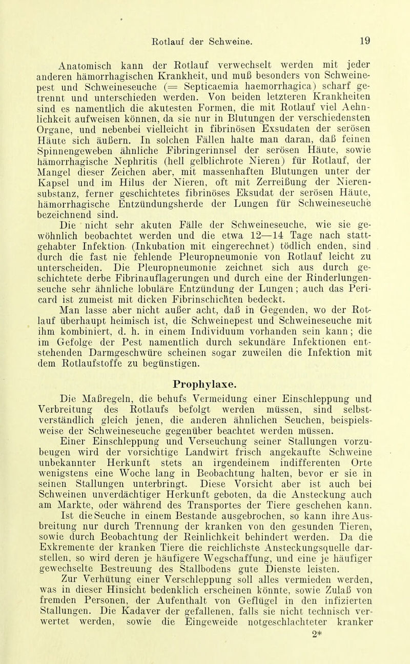Anatomisch kann der Eotlauf verwechselt werden mit jeder anderen hämorrhagischen Krankheit, und muß besonders von Schweine- pest und Schweineseuche (= Septicaemia haemorrhagica) scharf ge- trennt und unterschieden werden. Von beiden letzteren Krankheiten sind es namentlich die akutesten Formen, die mit Rotlauf viel Aehn- lichkeit aufweisen können, da sie nur in Blutungen der verschiedensten Organe, und nebenbei vielleicht in fibrinösen Exsudaten der serösen Häute sich äußern. In solchen Fällen halte man daran, daß feinen Spinnengeweben ähnliche Fibringerinnsel der serösen Häute, sowie hämorrhagische Nephritis (hell gelblichrote Nieren) für Rotlauf, der Mangel dieser Zeichen aber, mit massenhaften Blutungen unter der Kapsel und im Hilus der Nieren, oft mit Zerreißung der Nieren- substanz, ferner geschichtetes fibrinöses Eksudat der serösen Häute, hämorrhagische Entzündungsherde der Lungen für Schweineseuche bezeichnend sind. Die nicht sehr akuten Fälle der Schweineseuche, wie sie ge- wöhnlich beobachtet werden und die etwa 12—14 Tage nach statt- gehabter Infektion (Inkubation mit eingerechnet) tödlich enden, sind durch die fast nie fehlende Pleuropneumonie von Rotlauf leicht zu unterscheiden. Die Pleuropneumonie zeichnet sich aus durch ge- schichtete derbe Fibrinauflagerungen und durch eine der Rinderlungen- seuche sehr älinliche lobuläre Entzündung der Lungen; auch das Peri- card ist zumeist mit dicken Fibrinschichten bedeckt. Man lasse aber nicht außer acht, daß in Gegenden, wo der Rot- lauf überhaupt heimisch ist, die Schweinepest und Schweineseuche mit ihm kombiniert, d. h. in einem Individuum vorhanden sein kann; die im Gefolge der Pest namentlich durch sekundäre Infektionen ent- stehenden Darmgeschwüre scheinen sogar zuweilen die Infektion mit dem Rotlaufstoffe zu begünstigen. Prophylaxe. Die Maßregeln, die behufs Vermeidung einer Einschleppung und Verbreitung des Rotlaufs befolgt werden müssen, sind selbst- verständlich gleich jenen, die anderen ähnlichen Seuchen, beispiels- weise der Schweineseuche gegenüber beachtet werden müssen. Einer Einschleppung und Verseuchung seiner Stallungen vorzu- beugen wird der vorsichtige Landwirt frisch angekaufte Schweine unbekannter Herkunft stets an irgendeinem indifferenten Orte wenigstens eine Woche lang in Beobachtung halten, bevor er sie in seinen Stallungen unterbringt. Diese Vorsicht aber ist auch bei Schweinen unverdächtiger Herkunft geboten, da die Ansteckung auch am Markte, oder während des Transportes der Tiere geschehen kann. Ist die Seuche in einem Bestände ausgebrochen, so kann ihre Aus- breitung nur durch Trennung der kranken von den gesunden Tieren', sowie durch Beobachtung der Reinlichkeit behindert werden. Da die Exkremente der kranken Tiere die reichlichste Ansteckungsquelle dar- stellen, so wird deren je häufigere Wegschaffung, und eine je häufiger gewechselte Bestreuung des Stallbodens gute Dienste leisten. Zur Verhütung einer Verschleppung soll alles vermieden werden, was in dieser Hinsicht bedenklich erscheinen könnte, sowie Zulaß von fremden Personen, der Aufenthalt von Geflügel in den infizierten Stallungen. Die Kadaver der gefallenen, falls sie nicht technisch ver- wertet werden, sowie die Eingeweide notgeschlachteter kranker 2*