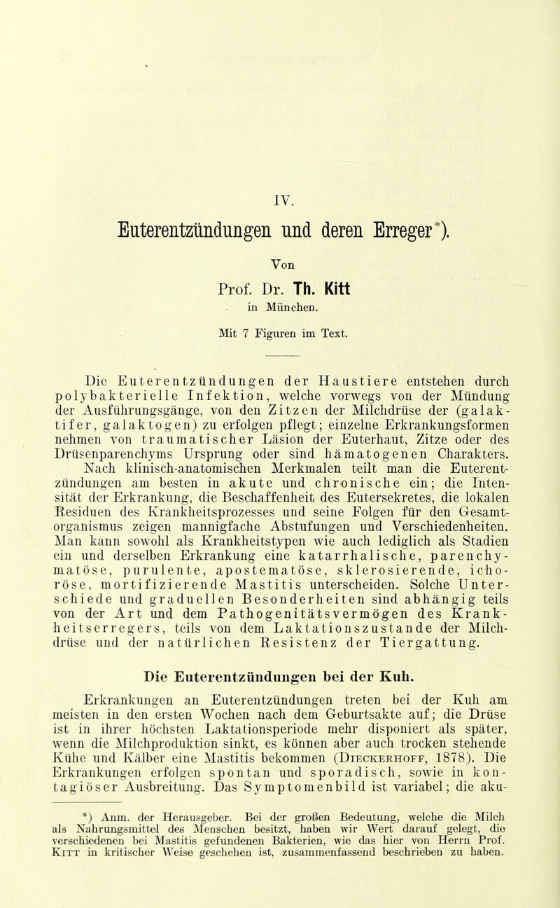 IV. Euterentzündungen und deren Erreger*). Von Prof. Dr. Th. Kitt in München. Mit 7 Figuren im Text. Die Euterentzündungen der Haustiere entstehen durch polybakterielle Infektion, welche vorwegs von der Mündung der Ausführungsgänge, von den Zitzen der Milchdrüse der (galak- tifer, galaktogen) zu erfolgen pflegt; einzelne Erkrankungsformen nehmen von traumatischer Läsion der Euterhaut, Zitze oder des Drüsenparenchyms Ursprung oder sind hämatogenen Charakters. Nach klinisch-anatomischen Merkmalen teilt man die Euterent- zündungen am besten in akute und chronische ein; die Inten- sität der Erkrankung, die Beschaffenheit des Eutersekretes, die lokalen Residuen des Krankheitsprozesses und seine Folgen für den Gesamt- organismus zeigen mannigfache Abstufungen und Verschiedenheiten. Man kann sowohl als Krankheitstypen wie auch lediglich als Stadien ein und derselben Erkrankung eine katarrhalische, parenchy- matöse, purulente, apostematöse, sklerosierende, icho- röse, mortifizierende Mastitis unterscheiden. Solche Unter- schiede und graduellen Besonderheiten sind abhängig teils von der Art und dem Pathogenitätsvermögen des Krank- heitserregers, teils von dem Laktationszustande der Milch- drüse und der natürlichen Resistenz der Tiergattung. Die Euterentzündungen bei der Kuh. Erkrankungen an Euterentzündungen treten bei der Kuh am meisten in den ersten Wochen nach dem Geburtsakte auf; die Drüse ist in ihrer höchsten Laktationsperiode mehr disponiert als später, wenn die Milchproduktion sinkt, es können aber auch trocken stehende Kühe und Kälber eine Mastitis bekommen (Dieckerhoff, 1878). Die Erkrankungen erfolgen spontan und sporadisch, sowie in kon- tagiöser Ausbreitung. Das Symptomenbild ist variabel; die aku- *) Anm. der Herausgeber. Bei der großen Bedeutung, welche die Milch als Nahrungsmittel des Menschen besitzt, haben wir Wert darauf gelegt, die verschiedenen bei Mastitis gefundenen Bakterien, wie das hier von Herrn Prof. Kitt in kritischer Weise geschehen ist, zusammenfassend beschrieben zu haben.