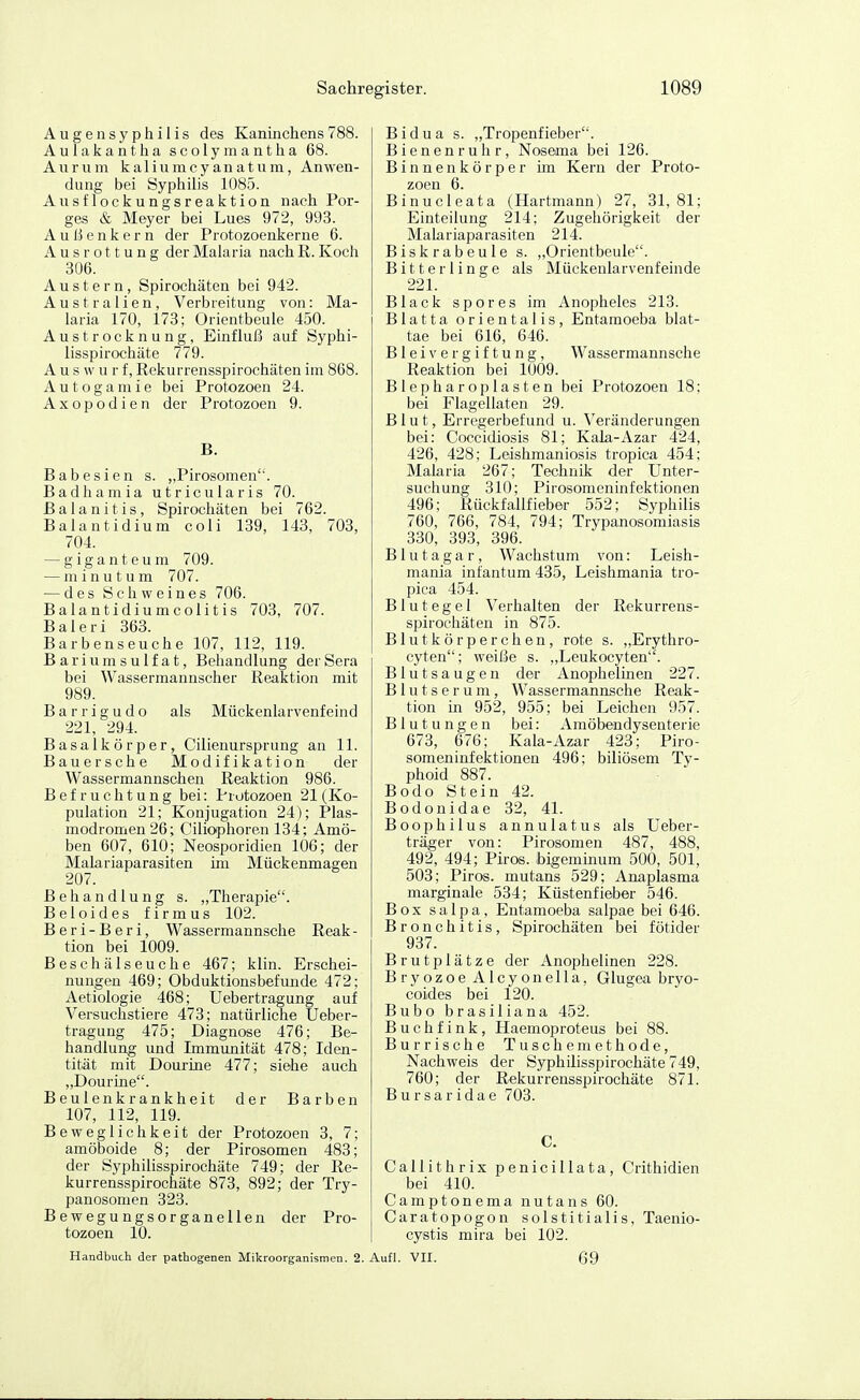 Augen Syphilis des Kaninchens 788. Aulakantha scolymantha 68. Auriim kaliumcyanatum, Anwen- dung bei Syphilis 1085. Ausflockungsreaktion nach Por- ges & Meyer bei Lues 972, 993. Außenkern der Protozoenkerne 6. Ausrottung der Malaria nach ß. Koch 306. Austern, Spirochäten bei 942. Australien, Verbreitung von: Ma- laria 170, 173; Orientbeule 450. Austrocknung, Einfluß auf Syphi- lisspirochäte 779. A u s w u r f, Rekurrensspirochäten im 868. Autogamie bei Protozoen 24. Axopodien der Protozoen 9. B. Babesien s. „Pirosomen. Badhamia utricularis 70. Balanitis, Spirochäten bei 762. Balantidium coli 139, 143, 703, 704. — giganteum 709. — minutum 707. — des Schweines 706. Balantidiumcolitis 703, 707. Baleri 363. Barbenseuche 107, 112, 119. Bari um Sulfat, Behandlung der Sera bei Wassermannscher Reaktion mit 989. Barrigudo als Mückenlarvenfeind 221, 294. Basalkörper, Cilienursprung an 11. Bauersche Modifikation der Wassermannschen Reaktion 986. Befruchtung bei: Protozoen 21 (Ko- pulation 21; Konjugation 24); Plas- modromen26; Ciliophoren 134; Amö- ben 607, 610; Neosporidien 106; der Malariaparasiten im Mückenmagen 207. Behandlung s. „Therapie. Beloides firmus 102. Beri-Beri, Wassermannsclie Reak- tion bei 1009. Beschälseuche 467; klin. Erschei- nungen 469; Obduktionsbefunde 472; Aetiologie 468; Uebertragung auf Versuchstiere 473; natürliche Ueber- tragung 475; Diagnose 476; Be- handlung und Immunität 478; Iden- tität mit Dourine 477; siehe auch „Douriue. Beule nkrankheit der Barben 107, 112, 119. Beweglichkeit der Protozoen 3, 7; amöboide 8; der Pirosomen 483; der Syphilisspirochäte 749; der Re- kurrensspirochäte 873, 892; der Try- panosomen 323. Bewegungsorganellen der Pro- tozoen 10. Handbuch der pathogenen Mikroorganismen. 2. Bidua s. „Tropenfieber. Bienenruhr, Nosema bei 126. Binnen kör per im Kern der Proto- zoen 6. Binucleata (Hartmann) 27, 31,81; Einteilung 214; Zugehörigkeit der Malariaparasiten 214. Biskrabeule s. ,,Orientbeule. Bitterlinge als Mückenlarvenfeinde 221. Black spores im Anopheles 213. Blatta orientalis, Entamoeba blat- tae bei 616, 646. Bleivergiftung, Wassermannsche Reaktion bei 1009. Blepharoplasten bei Protozoen 18; bei Flagellaten 29. Blut, Erregerbefund u. Veränderungen bei: Coccidiosis 81; Kala-Azar 424, 426, 428; Leishmaniosis tropica 454; Malaria 267; Technik der Unter- suchung 310; Pirosomeninfektionen 496; Rückfallfieber 552; Syphilis 760, 766, 784, 794; Trypanosomiasis 330, 393, 396. B1 u t a gar, Wachstum von: Leish- mania infantum 435, Leishmania tro- pica 454. Blutegel Verhalten der Rekurrens- spirochäten in 875. Blutkörperchen, rote s. „Erythro- cyten; weiße s. ,,Leukocyten. Blutsaugen der Anophelinen 227. Blutserum, Wassermannsche Reak- tion in 952, 955; bei Leichen 957. Blutungen bei: Amöbendysenterie 673, 676; Kala-Azar 423; Piro- someninfektionen 496; biliösem Ty- phoid 887. Bodo Stein 42. Bodonidae 32, 41. Boophilus annulatus als Ueber- träger von: Pirosomen 487, 488, 492, 494; Piros. bigeminum 500, 501, 503; Piros. mutans 529; Anaplasma marginale 534; Küstenfieber 546. Box s a 1 p a, Entamoeba salpae bei 646. Bronchitis, Spirochäten bei fötider 937. Brutplätze der Anophelinen 228. Bryozoe Alcyonella, Glugea bryo- coides bei 120. Bubo brasiliana 452. Buchfink, Haemoproteus bei 88. Burrische Tusche methode, Nachweis der Syphilisspirochäte 749, 760; der Rekurrensspirochäte 871. Bursaridae 703. C. Callithrix penicillata, Crithidien bei 410. Camptonema nutans 60. Caratopogon solstitialis, Taenio- cystis mira bei 102. .ufi. vii. 69