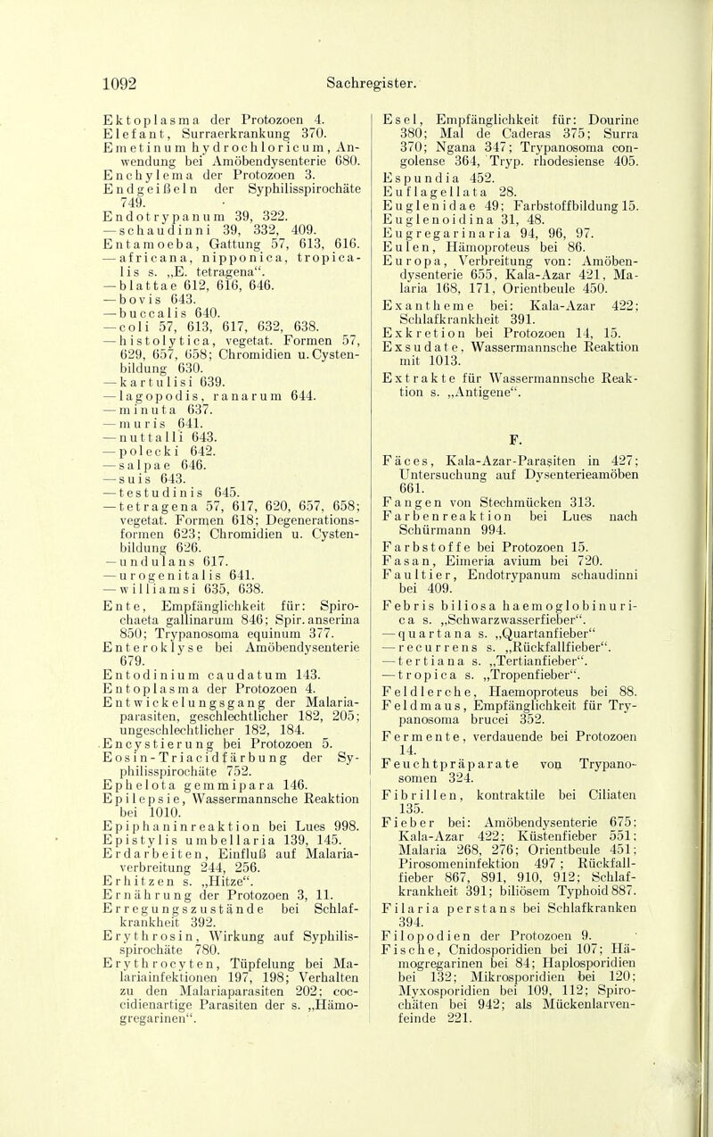 Ektoplasma der Protozoen 4. Elefant, Surraerkrankung 370. E metin um hydrocliloricum, An- wendung bei Amöbendysenterie 680. E n c h y 1 e m a der Protozoen 3. Endgeißeln der Syphilisspirochäte 749. Endotrypanum 39, 322. — schaudinni 39, 332, 409. Entamoeba, Gattung 57, 613, 616. — africana, nipponica, tropica- lis s. „E. tetragena. — blattae 612, 616, 646. — bovis 643. —-buccalis 640. — coli 57, 613, 617, 632, 638. — histolytica, vegetat. Formen 57, 629, 657, 658; Chromidien u.Cysten- bildung 630. — kartulisi 639. — lagopodis, ranarum 644. — m i n u t a 637. — rauris 641. — nuttalli 643. — polecki 642. — salpae 646. — suis 643. — testudinis 645. — tetragena 57, 617, 620, 657, 658; vegetat. Formen 618; Degenerations- formen 623; Chromidien u. Cysten- bildung 626. — undulans 617. — urogenitalis 641. — wiliiamsi 635, 638. Ente, Empfänglichkeit für: Spiro- chaeta gallinarum 846; Spir. anserina 850; Trypanosoma equinum 377. E n t e r o k 1 y s e bei Amöbendysenterie 679. Entodinium caudatum 143. Entoplasma der Protozoen 4. Entwickelungsgang der Malaria- parasiten, geschlechtlicher 182, 205; ungeschlechtlicher 182, 184. Encystierung bei Protozoen 5. Eosin-Triacidfärbung der Sy- philisspirochäte 752. Ephelota gemmipara 146. Epilepsie, Wassermannsche Reaktion bei 1010. Epiphaninreaktion bei Lues 998. Epistylis umbellaria 139, 145. Erdarbeiten, Einfluß auf Malaria- verbreitung 244, 256. Erhitzen s. „Hitze. Ernährung der Protozoen 3, 11. Erregungszustände bei Schlaf- krankheit 392. Erythrosin, Wirkung auf Syphilis- spirochäte 780. Erythrocyten, Tüpfelung bei Ma- lariainfektionen 197, 198; Verhalten zu den Malariaparasiten 202; coc- cidienartige Parasiten der s. „Hämo- i gregarinen. I Esel, Empfänglichkeit für: Dourine 380; Mal de Caderas 375; Surra 370; Ngana 347; Trypanosoma con- golense 364, Tryp. rhodesiense 405. Espundia 452. Euflagellata 28. Euglenidae 49; Farbstoffbildung 15. Euglenoidina 31, 48. Eugregarinaria 94, 96, 97. Eulen, Hämoproteus bei 86. Europa, Verbreitung von: Amöben- dysenterie 655, Kala-Azar 421, Ma- laria 168, 171, Orientbeule 450. Exantheme bei: Kala-Azar 422; Schlafkrankheit 391. Exkretion bei Protozoen 14, 15. Exsudate, Wassermannsche Reaktion mit 1013. Extrakte für Wassermannsche Reak- tion s. „Antigene. F. Fäces, Kala-Azar-Parasiten in 427; Untersuchung auf Dysenterieamöben 661. Fangen von Stechmücken 313. Farbenreaktion bei Lues nach Schürmann 994. Farbstoffe bei Protozoen 15. Fasan, Eimeria avium bei 720. Faultier, Endotrypanum schaudinni bei 409. Febris biliosa haemoglobinuri- ca s. „Schwarzwasserfieber. — quartana s. ,,Quartanfieber — recurrens s. „Rückfallfieber. — tertiana s. „Tertianfieber. — tropica s. ,,Tropenfieber. F e 1 d 1 e r c h e, Haemoproteus bei 88. Feldmaus, Empfänglichkeit für Try- panosoma brucei 352. Fermente, verdauende bei Protozoen 14. Feuchtpräparate von Trypano- somen 324. Fibrillen, kontraktile bei Ciliaten 135. Fieber bei: Amöbendysenterie 675; Kala-Azar 422; Küstenfieber 551; Malaria 268, 276; Orientbeule 451; Pirosomeninfektion 497 ; Rückfall- fieber 867, 891, 910, 912; Schlaf- krankheit 391; biliösem Typhoid 887. Filaria perstans bei Schlafkranken 394. F i 1 o p o d i e n der Protozoen 9. Fische, Cnidosporidien bei 107; Hä- mogregarinen bei 84; Haplosporidien bei 132; Mikrosporidien bei 120; Myxosporidien bei 109, 112; Spiro- chäten bei 942; als Mückenlarven- feinde 221.