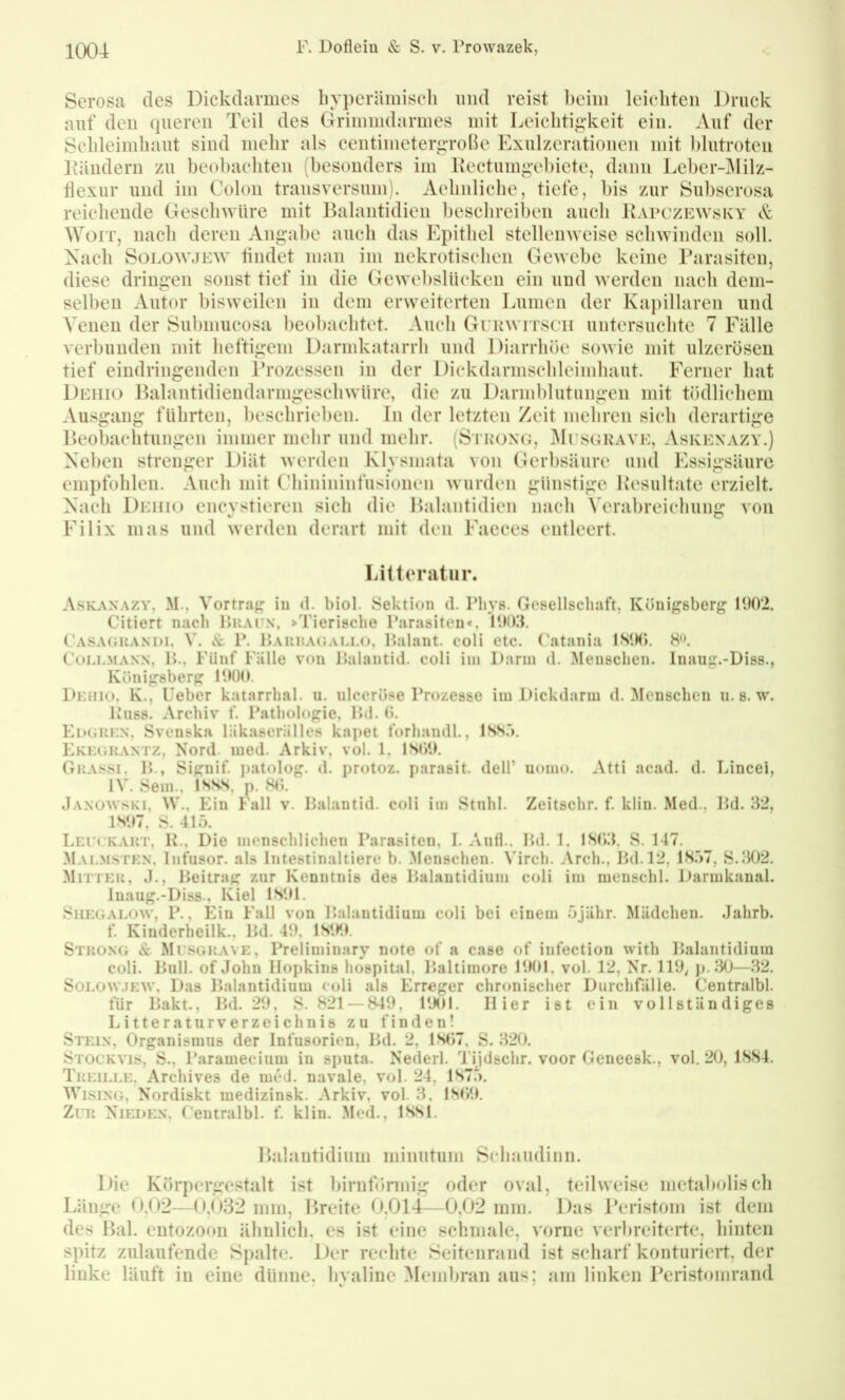 Serosa des Dickdarmes bvperämiseli und reist beim leicditen Druck auf den queren Teil des Grimmdarmes mit Leiclitig’keit ein. Auf der Scbleimbaut sind mebr als centimetergroße Exulzerationen mit blutroten Ibindern zn beobaebten (besonders im Kectiimg’cbiete, dann Lel)cr-Milz- tiexur und im Colon transversnin). Aebnlicbe, tiefe, bis zur Sul)serosa reicbende GesebwUre mit Balantidien besebreiben aueb Bapczewsky <Sc WoiT, uacb deren Angabe aueb das Epithel stellenweise sebwinden soll. Xacb SoLOWJEW lindet man im nekrotiseben Gewebe keine Tarasiten, diese dringen sonst tief in die Gewebslücken ein und werden nacb dem- selben Antor bisweilen in dem erweiterten Lumen der Kapillaren und Venen der Submueosa beobaebtet. Audi Gukwitsch uiitersucbtc 7 Fälle verbunden mit beftigem Darmkatarrb und Diarrböe sowie mit ulzerösen tief eiudringenden Trozessen in der Diekdarmscbleimbaut. Ferner bat Deiik) ]b\lantidiendarmgescbwüre, die zu Darmblutungen mit tödlicbem Ausgang fiibrten, besebrieben. In der letzten Zeit mebren sieb derartige IJeobaebtuugen immer mebr und mebr. (Stkong, Mesgrave, Askexazy.) Neben strenger Diät werden Klysmata von Gerbsäure und Essigsäure empfobleu. Audi mit Cbiiiininfusionen wurden günstige Kesultate erzielt. Nadi Deiikj encystieren sieb die Balantidien nacb Verabreidiung von Eil ix mas und werden derart mit den Faeces entleert. Littenitur. Asigvnazy, M., Vortrap iu d. biol. Sektion d. Plivs. Gesellschaft, Königsberg 1002. Citiert nach Huacn, >Tierische Parasiten«, lOIKk Casaguandi. V. & P. IJauuagau.o, Galant, coli etc. Catania 1S<M>. 80. CoLi.MANX, !>., Fünf Fälle von Palantid. coli iiii Dann d. Menschen. luaug.-Diss., Königsberg lOüO. Dkhr), K., Ueber katarrhal, u. ulcerüse Prozesse iiu Dickdarm d. Menschen ii. s. w. Kuss. Archiv f. Pathologie, P>d. 0. Edgukx, Svenska läkaseriilles kapet forhandl., lSSr>. Ekkguantz, Nord. med. Arkiv, vol. 1, IStiO. Gkassi. B., Signif. i)atolog. d. protoz. parasit. dell’ uoino. Atti acad. d. Lincei, IV. Sem., ISSS, p. SO. Jaxowski, W., Ein Fall v. Galantid. coli im Stuhl. Zeitschr. f. klin. Med., Bd. 32, 1S07, S. 415. LErcKAUT, K., Die menschlichen Parasiten, I. Auf!.. P>d. 1, IS03, S. 147. Mal.mstkx, Infusor. als Intestinaltiere b. .Menschen. Virch. Arch., Bd.P2, 1S.57, S.302. Mitteu, J., Beitrag zur Kenntnis des Balantidiiim coli im menschl. J.)armkanal. luaug.-Diss., Kiel ISOI. SiiEGALOW, P., Ein Fall von Balautidium coli bei einem öjähr. Mädchen. Jahrb. f. Kinderheilk., Bd. 49, ISIK). Stuoxg & Mu.sgkave, Preliininary note of a case of infection with Balautidium coli. Bull, of John Hopkins hospital, Baltimore 1901, vol. 12, Nr. IBb !>• JO—32. SoLOWJEW, Das Balantidiiim coli als Erroger chronischer Durchfälle. C’entralbl. für Bakt., Bd. 29, S. 821—S49, 1901. Hier ist ein vollständiges Litteraturverzeichnis zu finden! Steix, Organismus der Infusorien, Bd. 2, 1S07. S. 320. Stockvis, S., Paramecium in sputa. Nederl. Tijdschr. voor Geneesk., vol. 20, 1SS4. Tkeille. Archives de med. navale, vol. 24, 1S7.5. Wi.siXG, Nordiskt medizinsk. Arkiv, vol. 3. 1S09. Zur Nir:DEX, Centralbl. f. klin. .Aled., 1S.SI. Balautidium miuutum Sebaudiun. Die Körpergestalt ist biruföniiig oder oval, teilweise metaboliscb Länge D,02—0,Ü32 mm, Breite 0,014—0,02 mm. Das l'eristom ist dem des Bai. eutozooii äbiilicb, es ist eine schmale, vorne verbreiterte, hinten spitz zulaufende Spalte. Iler rechte Seitenrand ist scharf konturiei-t, der linke läuft iu eine dünne, hyaline Membran aus; am linken Peristoinrand