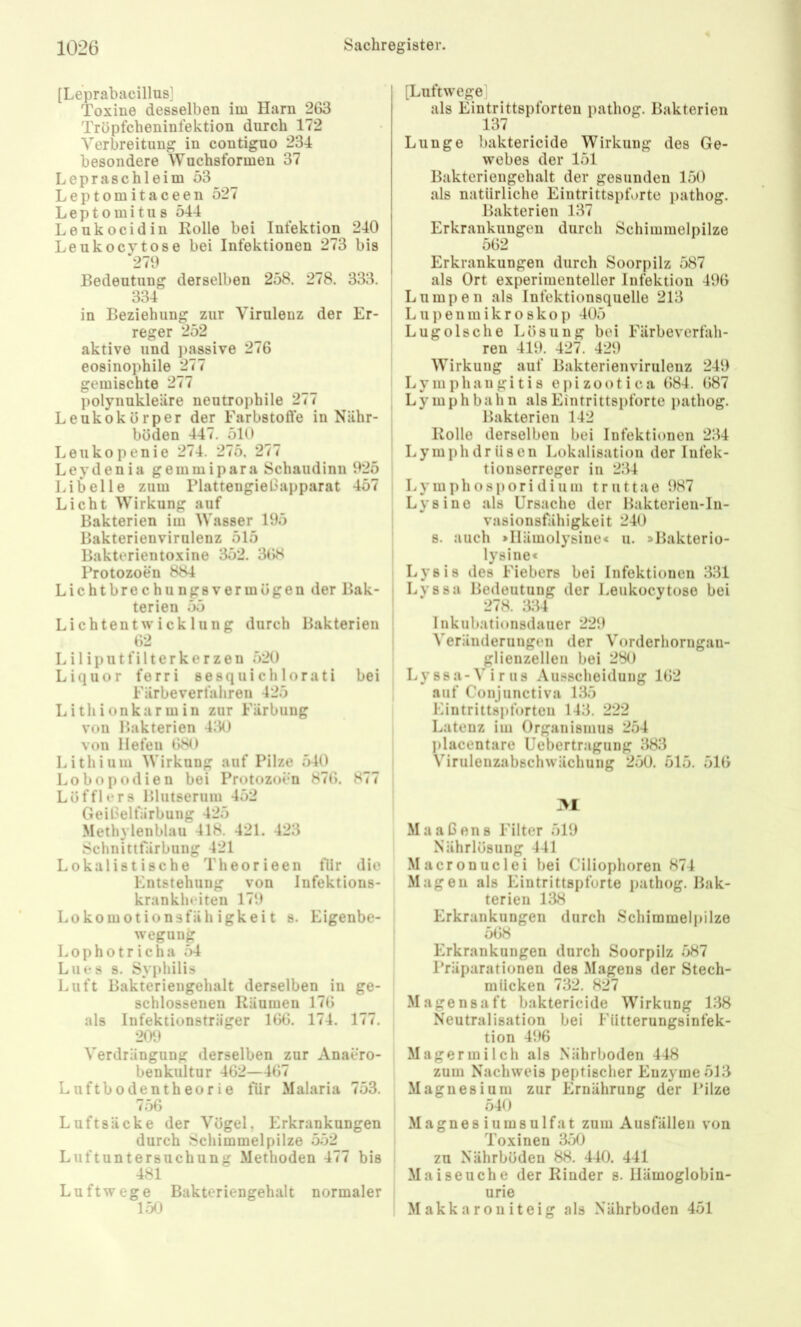 [Leprabacillus] Toxiue desselben im Harn 263 Tröpfcheninfektion durch 172 Verbreitung in contiguo 234 besondere Wuchsformen 37 Lepraschleim ö3_ Leptomitaceen 527 Leptomitus 544 Leukocidin Rolle bei Infektion 240 Leukocvtose bei Infektionen 273 bis “270 Bedeutung derselben 258. 278. 333. 334 : in Beziehung zur Virulenz der Er- reger 252 aktive und passive 276 eosinophile 277 gemischte 277 polynukleäre neutrophile 277 Leukokürper der Farbstofte in Nähr- | büden 447. 510 Leukopenie 274. 275, 277 Leydenia gemmipara Schaudinii 025 ; Libelle zum Plattengießapparat 457 Licht Wirkung auf Bakterien im Wasser 105 Bakterienvirnlenz 515 Bakterientoxine 352. 368 Protozoen 884 Lichtbrechungsvermögen der Bak- j terien 55 ' Lichtentwicklung durch Bakterien i 62 Liliputfilterkerzen 520 Liquor ferri sesquichlorati bei Färbeverfahren 425 Lithionkarmin zur Färbung I von Bakterien 430 von liefen 680 Lithium Wirkung auf Pilze 540 Lobopodien bei Protozoen 876. 877 Löfflers Blutserum 452 Geißelfärbung 425 Methylenblau 418. 421. 423 Sclinittfärbung 421 Lokalistische Theorieen llir die Entstehung von Infektions- krankheiten 170 Lokomotionsfäh igkei t s. Eigenbe- l wegung ' L o p h o t r i c h a 54 Lues s. Syphilis Luft Bakteriengehalt derselben in ge- schlossenen Räumen 176 als Infektionsträger 166. 174. 177. , 200 Verdrängung derselben zur Anaero- benkultur 462—467 Luftbodentheorie für Malaria 753. 756 Luftsäcke der Vögel, Erkrankungen durch Schimmelpilze 552 Luftuntersuchung Methoden 477 bis 481 Luftwege Bakteriengehalt normaler 150 [Luftwege] als Eintrittspforten pathog. Bakterien 13 / Lunge baktericide Wirkung des Ge- webes der 151 Bakteriengehalt der gesunden 150 als natürliche Eintrittspforte pathog. Bakterien 137 Erkrankungen durch Schimmelpilze 562 Erkrankungen durch Soorpilz 587 als Ort experimenteller Infektion 406 Lumpen als Infektionsquelle 213 Lupeumikroskop 405 Lugolsche Lösung bei Färbe verfah- ren 410. 427. 420 Wirkung auf Bakterienvirulenz 240 Lymphangitis ei)izootiea 684. 687 Ly mph bahn als Eintrittspforte pathog. Bakterien 142 Rolle derselben bei Infektionen 234 Lymphdrüsen Lokalisation der Infek- tionserreger in 234 Lymphosporidiuui truttae 087 Ly sine als Ursache der Baktorien-In- vasionsfähigkeit 240 s. auch »Hämolysine« u. »Bakterio- lysine« Lysis des Fiebers bei Infektionen 331 Lyssa Bedeutung der Leukocytose bei 278. 334 Inkubationsdauer 220 Veränderungen der Vorderhorngan- glienzelleii bei 280 Lyssa-Vir US Ausscheidung 162 auf Conjunctiva 135 Eintrittspforten 143. 222 Latenz im Organismus 254 j)lacentare Uebertragung 383 Virulenzabschwächung 250. 515. 516 AL Maaßens Filter 510 Nährlösung 441 Macronuclei bei Ciliophoren 874 Magen als Eintrittspforte i)athog. Bak- terien 138 Erkrankungen durch Schimmel|)ilze 568 Erkrankungen durch Soorpilz 587 Präparationen des Magens der Stech- mücken 732. 827 Magensaft baktericide Wirkung 138 Neutralisation bei Fütterungsinfek- tion 406 Magermilch als Nährboden 448 zum Nachweis peptischer Enzyme 513 Magnesium zur Ernährung der Pilze 540 Magnesiumsulfat zum Ausfällen von Toxinen 3;30 zu Nährböden 88. 440. 441 Maiseuche der Rinder s. Hämoglobin- urie Makkaroniteig als Nährboden 451