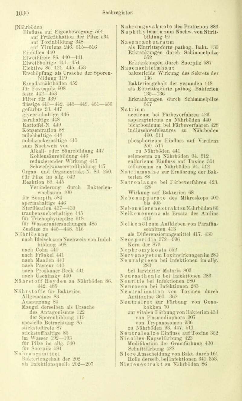 [Nährböden] Einfluss auf Eigenbewegung 501 auf Fruktiflkation der Pilze 534 auf Toxinbildung 348 auf Virulenz 246. 515—516 Einfullen 440 Eiweißfreie 86. 440—441 Eiweißhaltige 441—454 Elektive 85. 121. 445. 453 Erschöpfung als Ursache der Sporen- bildung 119 Exsudatnährböden 452 für Favuspilz 608 feste 442—453 Filter für 439 flüssige 440—442. 445—449. 451—456 gefärbte 93. 447 glycerinhaltige 446 harnhaltige 448 Kartortel-N. 449 Konzentration 88 milchhaltige 448 milchzuckerhaltige 445 zum Nachweis von Alkali- oder Säurebildung 447 Kohlensäurebildung 446 reduzierender Wirkung 447 Schwefelwasserstort'bildung 447 Organ- und Organextrakt-N. 86. 250. für Pilze im allg. 542 Reaktion 89. 445 Veränderung diircli Rakterien- wachstum UH) für Soorpilz 584 spermahaltige 446 Sterilisation 437—489 traubenzuckerhaltige 445 für Trichophytiepilze 618 für Wasseriintersuchungeii 485 Zusätze zu 445 -448. 516 Nährlösung nach Bleisch zum Nachweis von Indol- bildnng 508 nach Cohn 440 nach Friinkel 441 nach Maaßen 441 nach Pasteur 440 nach Proskauer-Reck 441 nach Uschinsky 440 Nährstoff Hevden zu Nährböden 86. 442. 485 Nährstoffe tVir Bakterien Allgemeines 83 Ausnutzung 84 Mangel derselben als Ursache des Antagonismus 122 der Sporenbildung 119 spezielle Betrachtung 85 stickstoflfreie 87 stickstoffhaltige 85 im Wasser 192—193 für Pilze im allg. 540 für Soorpilz 584 Nahrungsmittel Bakteriengehalt der 202 als Infektionsquelle 202—207 I Nahrungsvakuole des Protozoon 886 i Naphthylamin zum Nachw. von Nitrit- ; bilduug 97 N a 8 e n r a c h e n r a ii ni als Eintrittspforte ])athog. Bakt. 135 Erkrankungen durch Schimmelpilze 552 Erkrankungen durch Soorpilz 587 N a s e n 8 c h 1 e i m h a u t i baktericide Wirkung des Sekrets der ' 136 Bakteriengehalt der gesunden 148 I als Eintrittspforte pathog. Bakterien 135—136 Erkrankungen durch Schimmelpilze 567 N a t r i u m aceticum bei Färbeverfahren 426 [ asi)aragiuicum zu Nährböden 440 I bicarboniciim bei Färbeverfahren 428 indigschwefelsaures zu Nährböden I 460. 511 ‘ l)hosphoricum Einfluss auf Virulenz 250. 517 zu Nährböden 441 selenosum zu Nährböden 94. 512 sulfuricum Einfluss auf Toxine 351 tellurosum zu Nährböden 94. 512 Na tri um salze zur Ernährung der Bak- terien 88 Natronlauge bei Färbe verfahren 423. 428 Wirkung auf Bakterien 68 Nabe napparate des Mikroskops 4(K) l)is 405 N e 1) e 11 n i e r e n e X t r a k t zu Nährböden 86 Nelkenessenz als Ersatz des Anilins 419 Nelkenöl zum Aufkleben von Paraffin- schnitten 413 als DilTerenzierungsmittel 417. 430 N e o 8 p o r i d i a 972—996 Kern der 873 N e p h r o m y k o s i 8 552 Nervensystem Toxinwirkungenim 280 Neuralgieen bei Infektionen im allg. 283 bei larvierter Malaria 803 Neurasthenie bei Infektionen 283 Neuritis bei Infektionen 280 Neurosen bei Infektionen 283 Neutralisation von Toxinen durch Antitoxine 360—362 Neutralrot zur Färbung von Gono- kokken 70 zur vitalen Färbung von Bakterien 433 von Plasmodiophora 1M)7 von Tryiianosomen 936 zu Nährböden 93. 447. 511 Neutralsalze Ph'nfluss auf Toxine 352 Nicolles Kapselfärbung 423 Modifikation der Gramfärbung 430 Schnittfärbung 422 Niere Ausscheidung von Bakt. durch 161 Rolle derselb. bei Infektionen 341.353. Nierenextrakt zu Nährböden 86