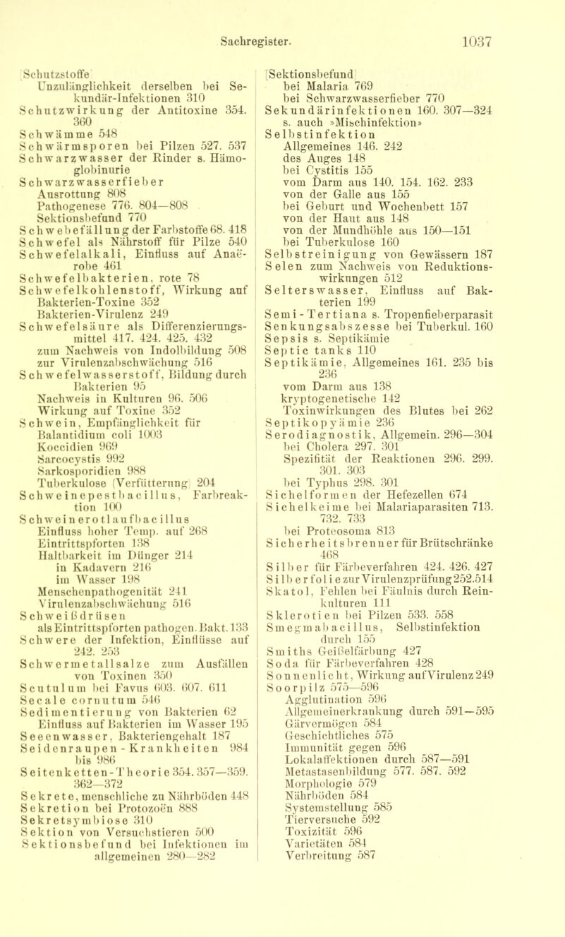 Sclmtzstoife Unziiliinglichkeit derselben bei Se- kundUr-Infektionen 310 Schutz Wirkung der Antitoxine 354. 3ß0 Schwämme 548 Schwärmsporen bei Pilzen 527. 537 Schwarzwasser der Rinder s. Hämo- globinurie Schwarzwasserfieber Ausrottung 808 Pathogenese 770. 804—808 Sektionsl)efund 770 Schwebefällung der Farbstoffe68. 418 Schwefel als Nährstolf für Pilze 540 Schwefelalkali, Einfluss auf Anae- robe 461 Schwefelbakterien. rote 78 Schwefelkohlenstoff, Wirkung auf Bakterien-Toxine 352 Bakterien-Virulenz 249 Schwefelsäure als Differenzierungs- mittel 417. 424. 425. 432 zum Nachweis von Indolbildung 508 zur Virulenzabschwächung 516 S ch w e fei Wasser st off, Bildung durch Bakterien 95 Nachweis in Kulturen 96. 506 Wirkung auf Toxine .352 Schwein, Empfänglichkeit für Balantidium coli 1003 Koccidien 969 Sarcocystis 992 Sarkosporidien 988 Tuberkulose (Verfütterung' 204 Schweinepestbacillus, Farbreak- tion BK) 8chweinerotlaufI)acillus Einfluss hoher Temp. auf 268 Eintrittspforten 138 Haltbarkeit im Dünger 214 in Kadavern 216 im Wasser 198 Menschenpathogenität 241 \’irulenzabschwächung 516 Schwei 13 drüseii als Eintrittspforten pathogen. Bakt. 133 Schwere der Infektion, Einflüsse auf 242. 253 Sch w e rm e tall sal ze zum Ausfällen von Toxinen 350 Scutuluin l>ei Favus 603. 607. 611 Secale coruutum 54() Sedinientierung von Bakterien 62 Einfluss auf Bakterien im Wasser 195 SeeenWasser, Bakteriengehalt 187 Seidenraupen - Krankheiten 984 bis 986 Seitenketten -Theorie .354. 357—359. 362—372 Sekrete, menschliche zu Nährböden 448 Sekretion bei Protozoen 888 Sekrets5Mubiose 310 Sektion von Versuchstieren .500 S e k ti 0 nsbe f un d bei Infektionen im allgemeinen 280—282 [Sektionsbefund] bei Malaria 769 bei Schwarzwasserfieber 770 Sekundärinfektionen 160. 307—324 s. auch »Mischinfektion» Selbstinfektion Allgemeines 146. 242 des Auges 148 bei Cystitis 155 vom Darm aus 140. 154. 162. 233 von der Galle aus 155 bei Geburt und Wochenbett 157 von der Haut aus 148 von der Mundhöhle aus 150—151 bei Tuberkulose 160 Selbstreinigung von Gewässern 187 Selen zum Nachweis von Reduktions- wirkungen 512 Selterswasser, Einfluss auf Bak- terien 199 Semi - Tertiana s. Tropenfieberparasit Senkungsabszesse bei Tuberkul. 160 Sepsis s. Septikämie Sei)tic tanks 110 Septikämie, Allgemeines 161. 235 bis 236 vom Dann aus 1.38 kryptogenetische 142 Toxinwirkungen des Blutes bei 262 S e p t i k o p y ä m i e 236 Serodiagnostik, Allgemein. 296—304 bei Cholera 297. 301 Spezifität der Reaktionen 296. 299. 301. 303 bei Typhus 298. 301 Sichel formen der Hefezellen 674 Sichelkeime bei Malariaparasiten 713. 732. 733 bei Proteosoma 813 S i c h e r h e i t s 1) r e n n e r für Brütschränke 4(58 Silber für Färbeverfahren 424. 426. 427 Silber folie zur Virulenzprüfung 252.514 Skatol, Fehlen l)ei Fäulnis durch Rein- , kulturen 111 I Sklerotien bei Pilzen 533. 558 S m e g m a b a c i 11 u s, Selbstiufektion durch 155 Smiths Geißelfärbung 427 Soda für Färi)cverfahren 428 Sonnenlicht, Wirkung aufVirulenz 249 Soorpilz .57.5—596 Agglutination 596 Allgemeinerkrankung durch 591—595 Gärvermögen 584 Geschichtliches 575 Immunität gegen 596 Lokalalfektionen durch 587—591 Metastasenbilduug 577. 587. 592 Morphologie 579 Nährl)öden 584 Systemstellung .585 Tierversuche 592 Toxizität 596 Varietäten 584 Verbreitung 587