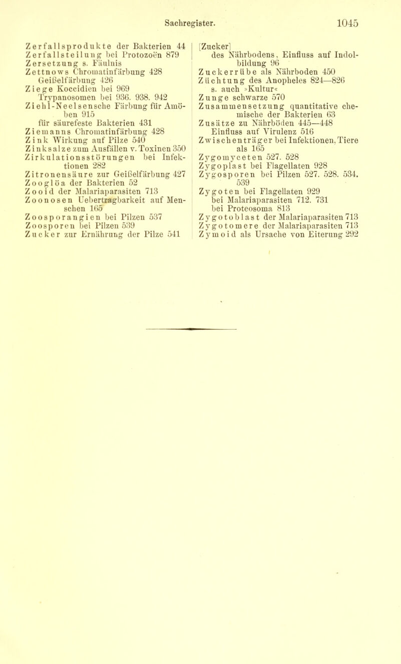 Zerfallsprodukte der Bakterien 44 Zerfallsteiluiig bei Protozoen 879 Zersetzung s. Fäulnis Zettno WS Chroiuatinfärbung 428 Geibelfärbung 426 Ziege Koccidien bei 969 Trypanosomen bei 936. 938. 942 Ziehi-Neelsensehe Färbung für Amö- ben 915 für säurefeste Bakterien 431 Ziemanns Chromatinfärbung 428 Zink Wirkung auf Pilze 540 Zinksalze zum xVusfällen v. Toxinen 350 Zirkulationsstörungen bei Infek- tionen 282 Zitronensäure zur Geißelfärbung 427 Zooglöa der Bakterien 52 Z 0 o i d der Malariaparasiten 713 Zoonosen üebertragbarkeit auf Men- schen 165 Zoosporangien bei Pilzen 537 Zoosporen bei Pilzen 539 Zucker zur Ernährung der Pilze 541 [Zucker] des Nährbodens, Einfluss auf Indol- bildung 96 Zuckerrübe als Nährboden 450 Züchtung des Anopheles 824—826 s. auch »Kultur« Zunge schwarze 570 Zusammensetzung quantitative che- mische der Bakterien 63 Zusätze zu Nährböden 445—448 Einfluss auf Virulenz 516 Zwischenträger bei Infektionen, Tiere als 165 Zygomyceten 527. 528 Zygoplast bei Flagellaten 928 Zygosporen bei Pilzen 527. 528. 534. 539 Zygoten bei Flagellaten 929 bei Malariaparasiten 712. 731 bei Proteosoma 813 Zygotoblast der Malariaparasiten713 Zygotomere der Malariaparasiten 713 Zymoid als Ursache von Eiterung 292
