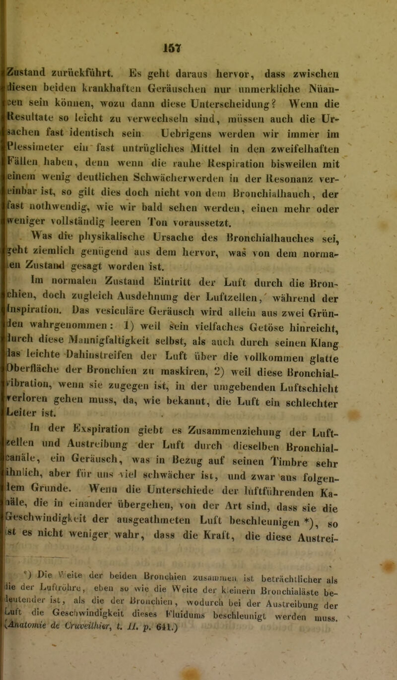 Zustand zurückführt. Es geht daraus hervor, dass zwischen Jiesen beiden kiaukhat'ten Geräuschen nur unmerkliche Nüan- i:en sein können, wozu dann diese Unterscheidung? Wenn die iesultate so leicht zu verwechseln sind, müssen auch die ür- lachen fast identisch sein üebrigens werden wir immer im ?lessifneter ein fast untrügliches Mittel in den zweifelhaften Fällen haben, denn wenn die rauhe Respiration bisweilen mit einem wenig deutlichen Schwäclierwerden in der Resonanz ver- einbar ist, 80 gilt dies doch nicht von dem Bronchialhauch, der fast nothwendig, wie wir bald sehen werden, einen mehr oder treniger vollständig leeren Ton voraussetzt. Was die physikalische Ursache des Hronchialhauches sei, :eht ziemlich genügend aus dem hervor, was von dem noraia- en Zustaml gesagt worden ist. Im normalen Zustand Eintritt der Luft durch die Bron- chien, doch zugleich Ausdehnung der Luftzellen, während der Inspiratioij. Das vesiculäre Geräusch wird allein aus zwei Grün- ien wahrgenommen : 1) weil sehi vielfaches Getöse hinreicht, lurch diese i\J;.nnigfaltigkeit selbst, als auch durch seinen Klang las leichte Dahinstreifen der Luft über die vollkommen glatte [Mierfläche der Bronchien zu maskiren, 2) weil diese Bronchial- ^ibration, wenn sie zugegen ist, in der umgebenden Luftschicht rerloren gehen muss, da, wie bekannt, die Luft ein schlechter -leiter ist. In der Exspiration giebt es Zusammenziehung der Luft- eellen und Austreibung der Luft durch dieselben Bronchial- janäle, ein Geräusch, was in Bezug auf seinen Timbre sehr ihnlich, aber für uns ^iel schwächer isi, nnd zwar ans folgen- em Grunde. Wenn die Unterschiede der luftführenden *Ka- läle, die in einander übergehen, von der Art sind, dass sie die Geschwindigkeit der ausgeathmeten Luft beschleunigen*), so st es nicht weniger wahr, dass die Kraft, die diese Austrei- ) Die Weite der beiden BroiicUien ausamiueii ist beträchtlicher als iie der Lufuöhrc, eben so wie die Weite der kieiaehi ßronchiaiäste be- leuteiider ist, als die der lircuchien , wodurch bei der Austreibung der Luft die Gescf.wiftdigkeit dieses Kluidums beschleunigt werden muss. [Anatotnie de Cruveükkr, t. II. p. 641.)