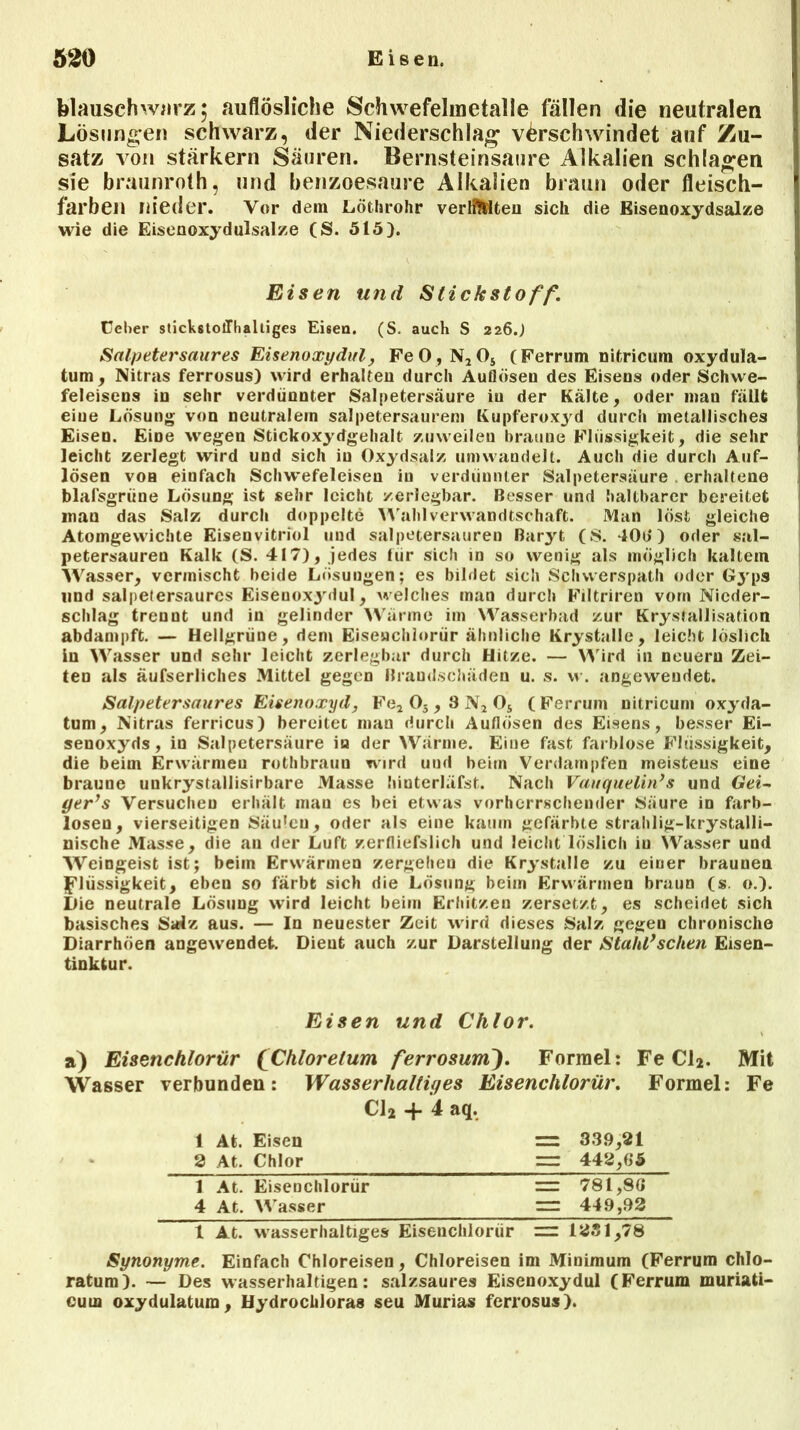 blauschwnrz; auflösliche Schwefelineialle fällen die neutralen Lösungen schwarz, der Niederschlag verschwindet auf Zu- satz von stärkern Säuren. Bernsteinsaure Alkalien schlagen sie braunroth, und benzoesaure Alkalien braun oder fleisch- farben nieder. Vor dem Löthrohr verleiten sich die Eisenoxydsalze wie die Eisenoxydulsalze (S. 515). Eisen und Stickstoff. Ceber stickstoffhaltiges Eisen. (S. auch S 226.) Salpetersaures Eisenoxydul, FeO,N2Os (Ferrum nitricum oxydula- tum, Nitras ferrosus) wird erhalten durch Auflösen des Eisens oder Schwe- feleisens in sehr verdünnter Salpetersäure iu der Kälte, oder man fällt eine Lösung von neutralem salpetersaurem Kupferoxyd durch metallisches Eisen. Eine wegen Stickoxydgehalt zuweilen braune Flüssigkeit, die sehr leicht zerlegt wird und sich in Oxydsalz umwandelt. Auch die durch Auf- lösen von einfach Schwefeleisen iu verdünnter Salpetersäure . erhaltene blafsgrüne Lösung ist sehr leicht zerlegbar. Besser und haltbarer bereitet inan das Salz durch doppelte Wahl Verwandtschaft. Man löst gleiche Atomgewichte Eisenvitriol und salpetersauren Baryt (S. 400) oder sal- petersauren Kalk (S. 417), jedes für sich in so wenig als möglich kaltem Wasser, vermischt beide Lösungen; es bildet sich Schwerspat!» oder Gyps und salpetersaurcs Eisenoxydul, welches man durch Filtriren vorn Nieder- schlag trennt und in gelinder Wärme im Wasserbad zur Kristallisation abdampft. — Hellgrüne, dem Eisenchlorür ähnliche Krystalle, leicht löslich in Wasser und sehr leicht zerlegbar durch Hitze. — Wird in neuern Zei- ten als äufserliches Mittel gegen Brandschäden u. s. w. angeweudet. Salpetersaures Eisenoxyd, Fe2 05,3 N2 Os (Ferrum nitricum oxyda- tum. Nitras ferricus) bereitet mau durch Auflösen des Eisens, besser Ei- senoxyds, in Salpetersäure in der Wärme. Eine fast farblose Flüssigkeit, die beim Erwärmen rothbrauu wird und beim Verdampfen meistens eine braune unkrystallisirbare Masse hinterläfst. Nach Vauquelin’s und Gei- ger}s Versuchen erhält man es bei etwas vorherrschender Säure in farb- losen, vierseitigen Säulen, oder als eine kaum gefärbte strahlig-krystalli- nische Masse, die an der Luft zerfliefslich und leicht löslich in Wasser und Weingeist ist; beim Erwärmen zergehen die Krystalle zu einer braunen Flüssigkeit, eben so färbt sich die Lösung beim Erwärmen braun (s. o.). Die neutrale Lösung wird leicht beim Erhitzen zersetzt, es scheidet sich basisches Salz aus. — In neuester Zeit wird dieses Salz gegen chronische Diarrhöen angewendet. Dient auch zur Darstellung der Stahl’schen Eisen- tinktur. Eisen und Chlor. a) Eisenchlorür fChlorelum ferrosurn). Formel: Fe Cl2. Mit Wasser verbunden: Wasserhaltiges Eisenchlorür. Formel: Fe CI2 f* 4 aq. 1 At. Eisen = 339,21 2 At. Chlor m 442,05 1 At. Eisenchlorür = 78l,8ö 4 At. Wasser = 449,92 1 At. wasserhaltiges Eisenchlorür = 1231,78 Synonyme. Einfach Chloreisen, Chloreisen im Minimum (Ferrum chlo- ratum). — Des wasserhaltigen: salzsaures Eisenoxydul (Ferrum muriati- cum oxydulatura, Hydrochloras seu Murias ferrosus).