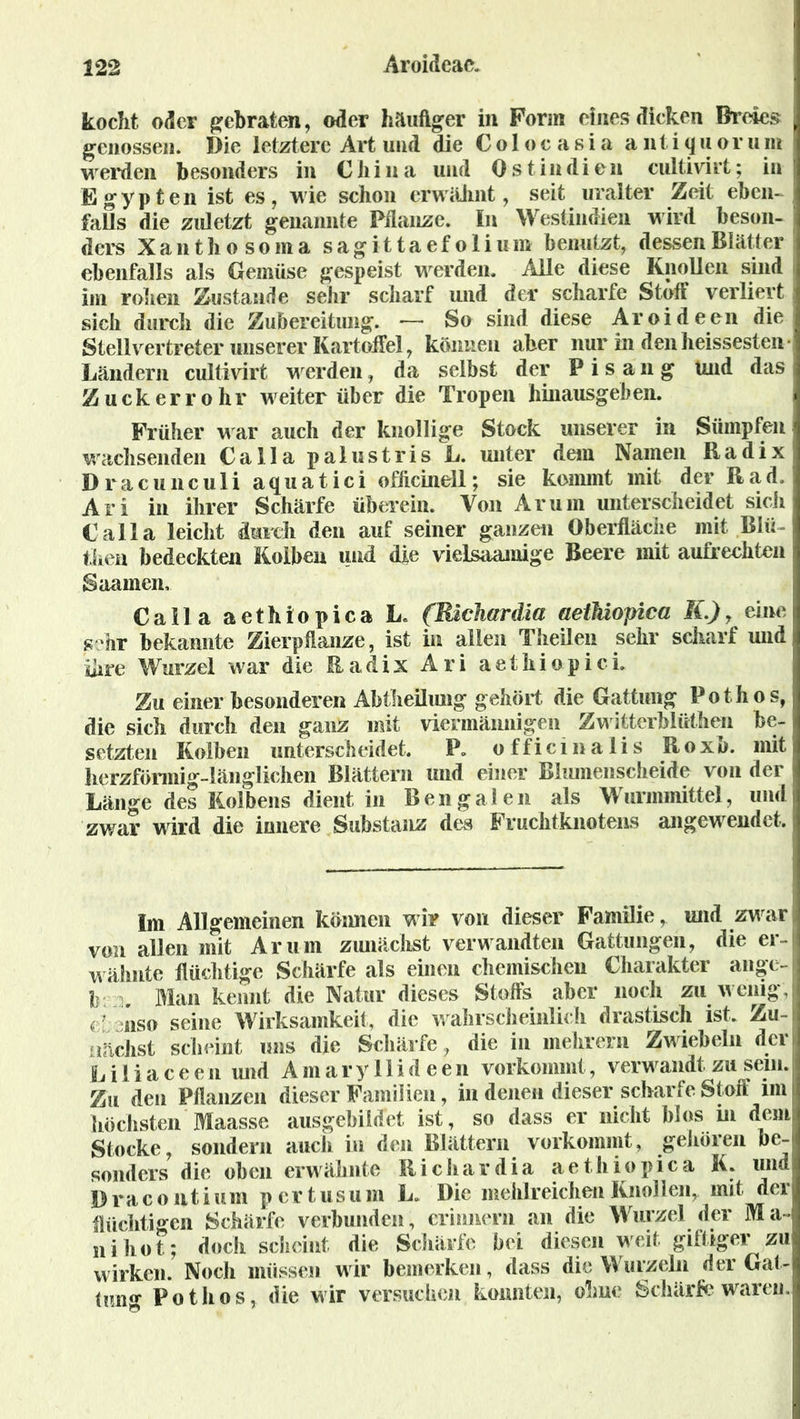 kocht oder gebraten, oder häufiger in Form eines dicken Breies genossen. Die letztere Art und die Colocasia a n t i q u o r uin werden besonders in China und Ostindien cultivirt; in Egypten ist es, wie schon erwähnt, seit uralter Zeit ebeiw falls die zuletzt genannte Pflanze. In Westindien wird beson- ders Xanthosoma sagittaefoliu m benutzt, dessen Blätter ebenfalls als Gemüse gespeist werden. Alle diese Knollen sind im rohen Zustande sehr scharf und der scharfe Stoff verliert, sich durch die Zubereitung. — So sind diese Aroideen die Stellvertreter unserer Kartoffel, können aber nur in denheissesten Ländern cultivirt werden, da selbst der Pisang Und das Zuckerrohr weiter über die Tropen hinausgeben. Früher war auch der knollige Stock unserer in Sümpfen wachsenden Calla palustris L. unter dem Namen Radix Dracunculi aquatici officinell; sie kommt mit der Rad, Ari in ihrer Schärfe überein. Von Ar um unterscheidet sich Calla leicht durch den auf seiner ganzen Oberfläche mit Blü- then bedeckten Kolben und die vielsaamige Beere mit aufrechten Saamen, Calla aethiopica L* (Richardia aetMopica IQ, eine gehr bekannte Zierpflanze, ist in allen Theilen sehr scharf und ihre Wurzel war die Radix Ari aethiopici. Zu einer besonderen Abfheilung gehört die Gattung Pothos, die sich durch den ganz mit viermännigen Zwitterblüthen be- setzten Kolben unterscheidet. P. officinalis Roxb. mit herzförmig-länglichen Blättern und einer Blumenscheide von der Länge des Kolbens dient in Bengalen als Wurmmittel, und zwar wird die innere Substanz des Fruchtknotens angewendet. Im Allgemeinen können wir von dieser Familie, und zwar von allen mit Ar um zunächst verwandten Gattungen, die er- wähnte flüchtige Schärfe als einen chemischen Charakter ange- 1) . Man kennt die Natur dieses Stoffs aber noch zu wenig, ( ‘ nso seine Wirksamkeit, die wahrscheinlich drastisch ist. Zu- nächst scheint uns die Schärfe, die in mehrern Zwiebeln der Liiiaceen und Amaryllideen vorkommt, verwandt zu sein. Zu den Pflanzen dieser Familien, in denen dieser scharfe Stoff im i höchsten Maasse ausgebildet ist, so dass er nicht blos in dem Stocke, sondern auch in den Blättern vorkommt, geboren be- sonders die oben erwähnte Richardia aethiopica K. und Dra conti um pertusum L. Die mehlreichen Knollen^ mit der flüchtigen Schärfe verbunden, erinnern an die Wurzel der Ma- nihot; doch scheint die Schärfe bei diesen weit giftiger zu wirken. Noch müssen wir bemerken, dass die Wurzeln der Gat- fang Pothos, die wir versuchen konnten, ohne Schärfe waren.