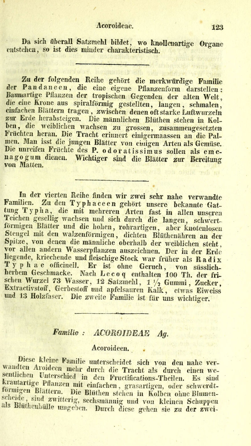 Da sich überall Satzmehl bildet, wo laiollenartige Organe entstehen, so ist dies minder charakteristisch. Zu der folgenden Reihe gehört die merkwürdige Familie der Pan da n een, die eine eigene Pflanzenform darstellen: Baumartige Pflanzen der tropischen Gegenden der alten Welt, die eine Krone aus spiralförmig gestellten, langen, schmalen, einfachen Blättern tragen , zwischen denen oft starke Luftwurzeln zur Erde herabsteigen. Die männlichen Blüthen stehen in Kol- ben, die weiblichen wachsen zu grossen, zusammengesetzten Früchten heran. Die Tracht erinnert einigermaassen an die Pal- men. Man isst die jungen Blätter von einigen Arten als Gemüse. Die unreifen Früchte des P. odoratissimus sollen als eine- nagogum dienen. Wichtiger sind die Blätter zur Bereitung von Matten. ° In der vierten Reihe finden wir zwei sehr nahe verwandte Familien. Zu den Typhaceen gehört unsere bekannte Gat- tung Typha , die mit mehreren Arten fast in allen unseren Teichen gesellig w achsen und sich durch die langen, schwert- förmigen Blätter und die hohen, rohrartigen, aber knotenlosen Stengel mit den walzenförmigen, dichten Blüthenähren an der Spitze, von denen die männliche oberhalb der weiblichen steht, vor allen andern Wasserpflanzen auszeichnen. Der in der Erde Regende, kriechende und fleischige Stock w ar früher als Radix T y p h a e officinell. Er ist ohne Geruch, von süsslich- herbem Geschmacke. Nach Lecoq enthalten 100 Th. der fri- schen Wurzel TS Wasser, 12 Satzmehl, 1 J/j Gummi, Zucker, fcxtrachvstoff, Gerbestoff und apfelsauren Kalk, etwas Eiweiss und 13 Holzfaser, öle zweite Familie ist für uns wichtiger. © Familie : ACOROIBEAE Ag, Acoroideen. Diese kleine Familie unterscheidet sich von den nahe ver- wan ,en Aioideen mehr durch die Tracht als durch einen we- sentlichen Unterschied in den Frnctiflcations-Theilen. Es sind trau aiüge Pflanzen mit einfachen, grasartigen, oder schwerdt- tormigen Blattern. Die Blüthen stehen in Kolben ohne Biumen- *11 811-• sechsmännig und von kleinen Schuppen lutlieiiliülle umgeben. Durch diese gehen sie zu der zw ei»