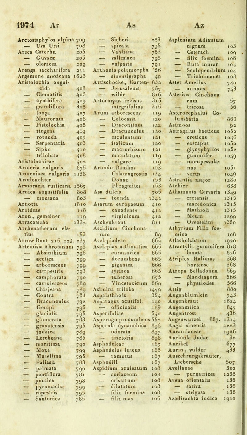 Arclostapliylos alpina i 709 — Sieberi 283 Asplenium Adiantum — üva Ursi 708 — spicata 79^ nigrum 1 o3 Areca Catechu 20 5 — Vahliana 783 — Ceterach 109 — Guvacar 2o5 — vallesiaca 795 — filix foemin. 108 — oleracea 209 — vulgaris 79» Ruia murar 104 Arengi i saccharifera 2\ 1 Arthonia poljmorpha *56 — Scolopendrium 104 Argemone luexicana 1628 — sinensigrapha 49 — Trichomanes io3 Aristoiochia angui- Artischocke, Garteu- 832 Aster Amellus 740 cida 408 — Jerusalems 757 — annuus 743 — Clemalitis 4o6 — wilde 816 Asterisca Cinchona — cjnibifera 409 Artocarpus incisus 3i5 rum 57 — grandiflora 3o8 — integrifolius 315 — tricosa 56 — longa 407 Arum arborescens >'9 Asterocephalus Co- — Maurorura 408 — Colocasia 120 iumbaria 866 — Pistolochia 408 — Dracontium 122 Astmoos 92 — ringens 409 — Dracunculus 1 20 Astragalus baeticus l 002 — rotunda 407 — esculeritum 121 — creticus 1046 — Serpentaria 403 — iialicum 120 — exscapus io5o — Sipko 410 — macrorhizum 121 — glycyphyllos io52 — trilobata 408 —- maculatum >19 — gummifer 1049 Arlstolochieae 402 — vulgare ‘ '9 — monspessula* Armeria vulgaris 675 Arundo Rambos i53 nus io5i Anueuiaca vulgaris ii38 — Calamagrostis 134 — verus 1049 Armleuchter — Donax i53 Astrantia luajor 1280 Armoracia rusticana 1567 — Phragmiles i53 Atchier 638 Arnica angustifolia 808 Asa dulcis 7o5 Athamanta Cervaria 1349 — montana 8o3 — foeüda 1342 — cretensis i3i 5 Arnotta i8jo Asarum europaeum 410 — macedonica i3i5 Aroideae 1 18 — canadense 412 — Matbioli i315 Aron, gemeiner ' »9 — virginicum 412 — Meuni *299 Arracafscha 1332 Aschenkraut 8«i — Oreoselini \ 35o ArrhenalLerum ela» Ascidium Cinchona- Athyrium Filix foe- tius i53 rum 89 mina 108 Arrow Root 2i5. 229 . 237 Asclepiadeae 662 Allasholzbaum »920 Artemisia Abrotanum 793 Asclepias asthmatica 665 Alraclylis gummifera 818 — Absinihium 796 — curassavica 665 — lauata 826 — acctica 799 — decumbens 665 Atriplex Halimus 368 — arborescens 799 — gigantea 666 — bortense 368 — campeslris 793 — syriaca 665 Atropa Belladonna 569 — camphorata 790 — tuberosa 675 — Mandragora 566 — caerulescens 789 — Vincetoxicuin 669 — physalodes 566 — Chia jeana 789 Asimina triloba *479 Altig 880 — Contra 783 Aspalalhholz 354 Augenblümlein 743 — Dracunculus 792 Asparagus aculifol. 190 Augenkraut 1624 — Genipi 795 — officinaiis i89 Augenmilch 847 — glacialis 795 Asperifoliae 540 Augentrost 436 — glomerata 783 Asperugo procumbens 552 Aijgenwurzel 867. i3i4 — granatensis 795 Asperula cynanchica 896 Augia sinensis 1223 — judaica 7Ö9 — odorala 897 Aurantiaceae 1926 — Lercheana 785 — tincloria 896 Auricula Judae 32 — maritima 790 Asphodeleae 167 Aurikel 677 — Moxa 799 Asphodelus luteus 168 Aurin, wilder 433 — Mutellina 795 — ramosus 167 Auszeh rungskräuler, Paiiasii 783 Asphodill 167 Liebersche 507 — palmata 790 Aspidium aculeatum 108 Avellanae 3o2 — pauciflora 781 —• coriacenm 103 — purgatrices 1238 — pontica 798 — cristatum 108 Avena orientalis i36 — pjromacha 799 — dilalatura io3 — saliva i36 — rupeslris 795 — filix foemina 108 — strigosa i36 — Sautonica 785 — filix mas 106 Azadiraebia indica 1910