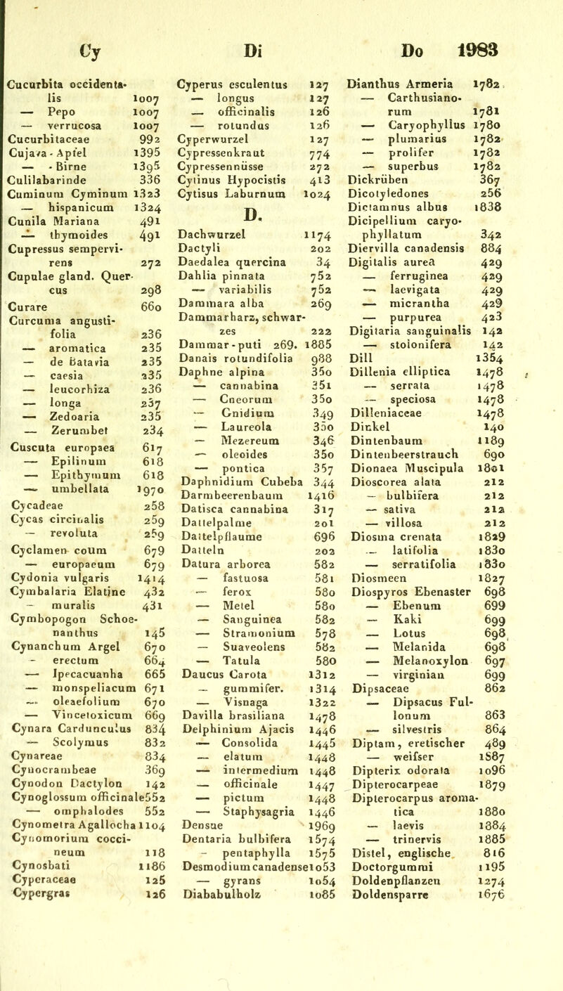 Cucarbita occidenta* lis I007 — Pepo 1007 —■ verrucosa 1007 Cucurbitaceae 992 Cujava - Aptel 1395 — - Birne 1395 Culilabarinde 336 Guminum Cyminum 1323 — hispanicum 1324 Cunila Mariana 491 ibymoides 491 Cupressus sempervi- rens 272 Cupulae gland. Quer cus 298 Curare 660 Curcuma angusti- folia 236 — aromatica 235 — de Batavia 235 — caesia 235 — leucorhiza 236 — longa 237 — Zedoaria 235 — Zeruaibet 284 Cuscuta europaea 617 — Epilinum 618 — Epithyruum 618 — umbellata 1970 Cycadeae 258 Cycas circinalis 259 — revoluta 259 Cyclamen coura 679 — europaeum 679 Cydonia vulgaris 1414 Cyuribalaria Elatinc 482 — muralis 431 Cymbopogon Schoe- nanlhus 145 Cynanchum Argei 670 erectum 66^ — Ippcacuanha 665 — monspeliacum 671 oleaefoliuna 670 — Vincetoxicum 1 669 Cynara Cardunculus 834 ” Scolymus 832 Cynareae 834 Cyuocrambeae 369 Cyoodon Dactylon 142 Cynoglossum officinaleSSa — ompbalodes 552 Cynometra Agalloch a 1104 Cynomorium cocci- neum 118 Cynosbati 1186 Cypcraceae 125 Cypcrgras 126 Cyperus esculentus 127 — longus 127 — officinalis 126 — rolundus 126 Cyperwurzel 127 Cypressenkraut 774 Cypressennüsse 272 Cytinus Hypocistis 413 Cytisus Laburnum 1024 D. Dacbwurzel 1174 Dactyli 202 Daedalea quercina 34 Dahlia pinnata 752 — variabilis 752 Dammara alba 269 Dammarhara, schwär- zes 222 Damraar-puti 269. 1885 Oanais rotundifolia 988 Daphne alpina 35o — cannabina 35i — Cneorum 35o — Gnidiuru 349 — Laureola 35o — Mezereum 346 — oleoides 35o — pontica 357 Daphnidium Cubeba 344 Darmbeerenbaum 1416 Datisca cannabina 317 Dattelpalme 20l Dattelpflaume 696 Datteln 202 Datura arborea 582 — fastuosa 581 ferox 58o — Metel 58o — Sanguinea 582 — Stramonium 578 — Suaveolens 582 — Tatula 580 Daucus Carola i3i2 — guramifer. 1314 — Yisnaga 1322 Davilla brasiliana 1478 Delphinium Ajacis 1446 — Consolida 1445 — elatum 1448 — intermedium 1448 — ofRcinale M47 —- pictum 1448 — Staphysagria 1446 Densue 1969 Dentaria bulbifera 1574 pentaphylla 1575 Desmodium canadeusei o53 — gyrans 1064 Diababulhok io85 Diantbus Armeria 1782. — Carthusiano- rum 1781 — Caryophyllus 1780 — plumarius 1782- — prolifer 1782 — Superbus 1782 Dickrüben 367 Dicotyledones 256 Diciamnus albus i838 Dicipellium caryo* phyllatura 342 Diervilla canadensis 884 Digitalis aurea 429 — ferruginea 429 laevigata 429 —> micrantha 429 — purpurea 423 Digitaria sanguinalis 142 — stoionifera 142 Dill 1354 Dillenia elliptica 1478 — serrata 1478 — speciosa 1478 Dilleniaccae 1478 Dinkel 140 Dinlenbaum 1189 Din teil beerstraucK 690 Dionaea Muscipula 1801 Dioscorea alata 212 — bulbifera 212 — sativa 212 — villosa 2I2 Diosma crenata 1829 latifolia i83o — serratifolia i33o Diosmeen 1827 Diospyros Ebenaster 698 — Ebenum 699 - Kaki 699 — Lotus 693. — Melanida 698 — Melanoxylon 697 — virginian 699 Dipsaceae 862 — Dipsacus Ful Ion um 863 — silvestris 864 Diptam, eretischer 489 — weifser 1S87 Dipterix odorala io96 Dipterocarpeae 1879 Diplerocarpus aronia- tica 1880 — laevis 1884 — trinervis 1885 Distel, englische. 816 Doctorgummi 1195 Doldenpflanzcn 1274 Doldensparre 1676