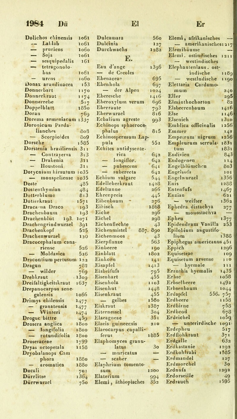 Dolichos chinensis 1061 Dulcamaia 56o Elemi, afrikanisches — — LaLlab 1061 Dulcinia 127 — amerikanisches! 2>7 pruriens lODO Durchwachs 1282 Elemibäume — Soja 1061 Elemi. ostindisches 12 11 —- sesquipedalis 161 Hi. — westindisches tetragonolo- Eau d’angc 1396 EU'phanienlaus . ost- bus 1061 — de Cieoles indische I 189 — urens 1060 Ebenaceae 695 — westindische 1 190 i)onax arandinacea i53 Ebenholz 697 Eleltaria Cardamo- Donnerbart 1170 — der Alpen 1024 inum 240 Donnerkraut 1 174 Eberesche 1416 Eller 295 Donnerrebe 5.7 Eheroxylum verum 696 Elminthochorton • 82 Doppelblatt l85o Eberraute 79^ Elsbeerenbaum 1416 Doran 769 Eberwurzel 816 Else 1 146 Dorema armoniacum i337 Ecbalium agreste 993 Elsenich i3io Doronicum Parda- Echinops sphaeroce- Ernblica officinalis 1256 lianches 808 phalus 8i5 Emmer 14» — Scorpioides 8o9 Echinosperuiam Lap Empelrum nigrum 1256 Dorsche i585 pula 55a Empleurum serrula- i83i Dorstenia brasiüensis 3ii Echiles antidysenle- tum i83i ~ Contraj'erva 3i3 rica 642 Endivien 843 — Drakenia 3ii — longiflor. 642 Endogenen 114 — lloustoni 3ii — pubescens 641 Engclblümchcn 8o3 Dorjcniuni hirsutum io35 — suberecta 642 EngeUufs 101 rnonspeliense io35 Echium vulgare 544 Engelwurzel i356 Doste 485 Edelleberkraut 1428 Enis 1288 Dostenlhymian 484 Edeltanne 266 Entenfufs 1467 Dotterblume 8i3 Ehrenpreis 445 Enzian 621 DoUerkraut 1571 Eibenbaum - 276 weifser 1362 Draca^ma Draco 193 Eibisch 1868 Ephedra distachya 277 Drachenbaum 193 Eiche 296 — monoslachva Drachenblut lg3. I071 Eichel 298 Epheu 1377 Drachengrind vrurzel 391 Eichenfl echte 43 Epidendrum Vanilla 253 Drachenkopf 525 Eichenmistel 887. 890 Epilobium angustifo Drachenvrurzel 12O Eichenmoos 43 lium r388 Dracocephaium cana Eierpflanze 563 Epiphegus americanus 461 riense 626 Einbeere 190 Eppich 1296 — Moldavlca 526 Einblatt 1802 Equiseleae 109 Draconlium pertusum I22 Einkorn 141 Equiselum arvense 110 Dragun 782 Eisapfel »4i3 — hyemaie 1! 1 — wilder 769 Eisbeifufs 795 Eranlhis hyemalis 1435 Drehkraut i3og Eisenhart 455 Erbse io58 Dreifaltigkeitskraut 1637 Eisenholz 1 io3 Erbse! beere 1492 Drepanocarpus sene- Eisenhut 1448 Erbsenbaum 1044 galensis 1068 Eisenkraut 455 Erdapfel 556. 767 Drimys chilensis 1477 — gelbes 158o Erdbeere 1158 — granatensis 1477 Eiskraut 1887 Erdbirne 758 — Winferi ‘474 Elternessel 304 Erdbrod 678 Drogue bittre 459 Elaeagneae 35i Erdeichel 1089 Drosera anglica 1800 Elaeis guineensis 210 — unterirdische 1091* — longifolia 1800 Elaeocarpus copalli- Erdepheu 517 — rotundifolia 1800 ferus i885 Erdflöhkraut 371 Droseraceae 1799 Elaphomyces granu- Erdgalle 632 Dryas oclopetala 1158 latus 3o Erdkastanie 1292 Dryobalanops Cam —' muricatus — Erdkohlrabi i585 phora 1880 — scaber — Erdmandel 127 — aromatica 1880 Elaphriuin tomenlo- Erdmorchel 3o Ducali 70: sum 1200 Erdnufs 1292 Dürrlitze i3Ö4 Elaterium 994 Erdorseille 49 Dürrwurzcl 760 Elemi, äthiopisches 352 Erdrauch 1595