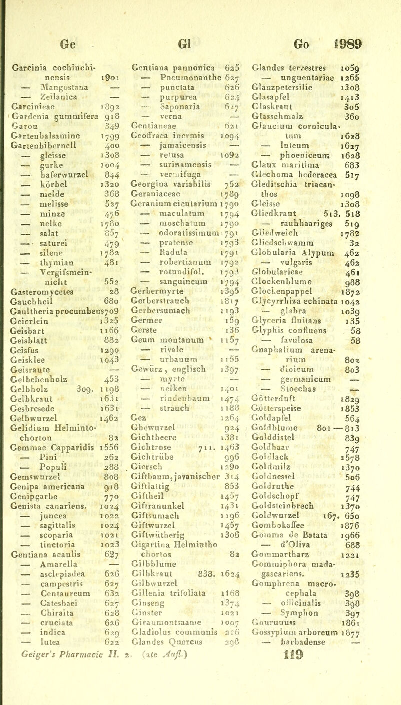 Garcinia cocliinchi* Gentiana pannonica 625 Glandes tervestres loSg nensis i9oi — Pneumonanthe 627 — unguentariae 1205 — Mangostana — — punctata 626 Glanzpetersilie i3o8 — Zeilanica — — purpurea 624 Glasapfel 1413 Garcinieae 1892 Saponaria 627 Glaskraut 3o5 'Gardenia gumraifera i 918 — verna — Glasschmalz 36o Garou 349 Gentianeae 62s GJaucium coroicula’ Gartenbalsaraine »799 Geoffraea inermis »094 tum 1623 Garten bibernell 400 — jamaicensis — luteum 1627 — gleisse i3o8 —• refusa 1o92 — phoeniceuEK 1628 — gurke 1004 — surinamensis — Glaux maritima 683 — baferwurzel 844 — verruifuga — Glechoma hederacea 517 — körbel i320 Georgina variabilis 762 Gleditschia triacan- — melde 368 Geraniaceae 1789 thos 1098 — melisse 627 Geranium cicutarium 1790 Gleisse i3o8 — rainze 476 — raaculatum 1794 Gliedkraut 5i3. 5i8 — nelke 1780 — moscbalum 1790 — rauhhaariges 619 — salat QS7 ^ — odoratissimura .1791 Glied weich 1782 saturei 479' pratense 1793 Gliedschwamm 32 — silene 1782 -- Radula 1791 Globularia Alypum 462 thymiatx 481 — robertianum 1792 — vulgaris 462 — ’Vergifsmein- — rotundifol. 1793 Globularieae 461 nicht 552 — sanguinemn »794 Glockenblume 988 Gasteromjcetea 28 Gerbermyrte »395 GlocLenpappel 1872 Gaucbhell 680 Gerberstraucb i8ij Gljcyrrhiza echinata 1042 Gaultheria procurabens^oQ Gerbersuraach 1193 — glabra io3g Geierlein i325 Germer j5g Glyceria Iluilans i35 Geisbart 1166 Gerste i36 Gljphis confluens 58 Geisblatt 882 Geum montanum ' 115j — favulosa 58 Geisfus 1290 — rivale — Gnaphalium arena- Geisklee X043 — urbanum I j 55 rium 802 Geisraute — Gewürz, englisch '397 — dioicurn 8o3 Gelbebenbolz 453 — myrte — — germanicum —. Gelbholz 3o9> 1198 — neiken 1401 — Stoechas — Gelbkraut i631 — rindenbaum 1474 Götterdaft 1829 Gesbresede i63i — Strauch 1188 G.ötterspeise 1853 Gelbwurzel 1462 Gez 1264 Goldapfel 664 Gelidium Helminto- Ghewurzel 924 GoJdbluine 801 — -8i3 chorton 82 Gichtbeere i38i Golddistel ' 83g Gemoiae Capparidis i556 Gichtrose 711. 1463 Goldhaax' 747 — Pini , 262 Gichtrübe 996 Goldlack »578 — Populi 288 , Giersch 1 s9o Golftmüz 1370 Gemswurzei 808 Giftbaum,javanischer 314 Goldnessel 5o6 Genipa americana 918 Giftlattig 853 Goldruthe 744 Genipgarbe 770 Giftheil 1457 Goldschopf 747 Genista canaricns. 1024 Giflrariunkel 1431 Goldsteinbrech 1370 — juncea 1022 Giftsumach 1196 Goldwurzel 167. . 65o — sagittalis 1024 Giftwurzel 1457 Gombokaffee 1876 — scoparia 1021 Giftwütherig i3o6 Gouima de Batata 1966 — tinctoria 1023 Gigartina Helminlho — d’Oliva 688 Gentiana acaulis 627 chortos Ca Goramartharz 1231 — Amarelia — Gilbblume Gommiphora niada- — asclepiadea 626 Gilbkraut 833. 1624 gascariens. 1235 — campestris 627 Gilbwurzel Gomphrena macro- — Centaureum 632 Gillenia irifoliata 1I68 cephala 398 — Catesbaei 627 Ginseng »374 — oitjcinaüs 398 .— Chiraita 628 Ginster 1021 — Sjmphon 397 — cruciata 626 Giraumontsaame 1007 Gourunuss 1861 — indica 629 Gladiolus communis 2£Ö Gossypium arboreum 1677 — lutea 622 Glandes Qucrcus 298 ■— baibadense __ Geiger s Pharmacie 11. {%te »fl ) 119