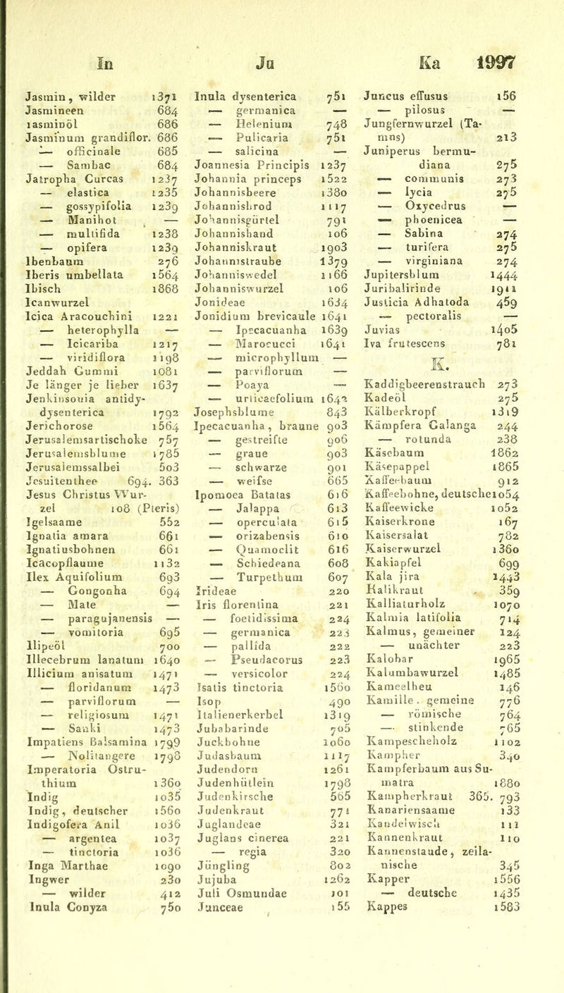 Jasmin , wilder 1371 Inula dysenterica 751 Juncus effusus i56 Jasmineen 684 — germanica — piiosus — lasminöl 686 Helenium 748 Jungfernwurzel (Ta- Jasrai'num grandiflor. , 686 — Pulicaria 751 rn ns) 213 — ofHcinale 685 — salicina Juniperus bermu- — Sambac 684 Joannesia Principls 1237 diana 275 JaSropba Curcas 1237 Johannia princeps »522 -— communis 273 — elaslica 1235 Johannisbeere i38o iycia 275 — gossypifolia 123g Johannisbrod 1117 — Oxycedrus — — Manihot — Johannisgürtel 79* — phoenicea — — mullifida 1238 Johannishand 106 — Sabina 274 — opifera 1239 Johanniskraut igo3 — turifera 275 Ibenbaum 276 Johaimislraube 1379 — virginiana 274 Iberis umbellata i564 Johanniswedel 1166 Jupitersblum 1444 Ibisch 1868 Johanniswurzel 106 Juribalirinde ign Icanwurzel Jonideae 1634 Justicia Adhatoda 459 Icica Aracouchini 122J Jonidium brevicaule 1641 — pectoralis — heterophylla — — Ipecacuanha i63g Juvias i4o5 — Icicariba 1217 — Marocucci 1641 Iva frutescens 781 — viridiflora 1198 — microphyllum L — Jeddah Gummi 1O81 — parviflorum — lA,. Je länger je lieber 1637 — Poaya Kaddigbeerenstrauch 273 JenkinsoTjia anlidy- — urüoaefolium 1642 Kadeöl 275 djsenterica 1792 Josephsblutne 843 Kälberkropf i3i9 Jerichorose 1 564 Ipecacuanha, braune goS Kämpfera Galanga 244 Jerusalemsartischoke 757 — gestreifte 906 — rotunda 238 Jerusaiemsblume 1 785 — graue go3 Käsobaum 1862 Jerusaiemssalbei 5o3 — schwarze 901 Käsepappel 1865 Jcsuilenlhee 694, , 363 — weifse 665 Xaffeebaum 912 Jesus Christus Wur- Ipomoea Batatas 616 Kaffeebohne, deutsche :io54 zei 108 (Pleris) — Jalappa 6i3 Kaffeewicke io52 Igelsaame 552 — opercu’ala 6i 5 Kaiserkrone 167 Ignatia amara 661 — orizabensis 610 Kaisersalat 782 Ignatiusbohnen 661 — Quamoclit 616 Kaiserwurzel 136o Icacopflaume 1 i32 — Schiedeana 608 Kakiapfel 899 Ilex Äquifolium 693 — Turpethum 607 Kala jira 1443 — Gongonha 694 Irideae 220 Kalikraut 35g — Mate — Iris florenlina 221 Kalliaturholz 1070 — paragujanensis — — foetidissima 224 Kalmia latifolia 7*4 — vomitoria 695 — germanica 223 Kalmus, gemeiner 124 llipeöl 700 — pallida 222 — unächter 223 lllecebrum lanatum 1640 — Pseudacorus 223 Kalobar ig65 lllicium anisatum 1471 —- versicolor 224 Kalumbawurzel 1485 — floridanum 1473 Isatis tinctoria i56o Kamealheu 146 — parviflorum Isop 490 Kamille, gemeine 776 — religiosum 1471 Italienerkerbel 1319 — römische 764 •— Sanki 1473 JuLabarinde 705 — stinkende 765 Impatiens Balsamina »79i9 Juckhobne 1060 Kampescheholz i 1 02 — jNolitangere 1798 Judasbaura 1117 Kampher 340 Imperatoria Ostru- Judendoro 1261 Kampferbaum aus Su - thium 1 36q Judenhütlein 1798 inalra 1880 Indig io35 Judenkirsche 565 Kaiupherkraut 365. 793 Indig, deutscher i56o Judenkraut 771 Kanariensaame i33 Indigofera Anil 1 o36 Juglandeae 321 Kandeiwisch 111 — argcnlea 1037 Juglans cinerea 221 Kannenkraut 110 — tinctoria io36 — regia 320 Karinenstaude, zeila Inga Marthae 1090 Jüngling 802 nische 345 Ingwer 23o Jujuba 1262 Kapper i556 — wilder 412 Juli Osmundae JOl — deutsche 1435 Inula Conyza 760 Junceae ^ .55 Kappes i583