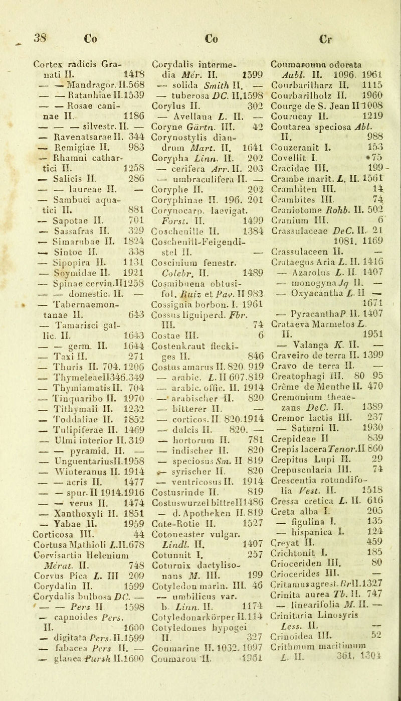 Cortex radicis Gra- nati II. 141-S — ^ Mandragor. 11.568 — — Ratanliiae 11.1539 — — Rosae cani- nae II. 1186 — — — silvestr. II. — — Raveaatsarae II. 344 — Remigiae II. 983 — Rhainni catliar- tici II. 1258 — Salicis II. 286 — — laureae II. — — Sanibuci aqua- tici II. 881 — Sapotae II. 701 — Sassafras II. 329 — Siraarnbae II. 1824 . Siiitoc II. 338 — Sij)opira II. 1131 — Soyniidae II. 1921 — Spinae cerviu.111253 — — domestic. II. — — 'rabernaemon- tanae II. 643 — 3'amarisci gal- lic. II. 164.3 — — germ. II. 1644 — Taxi II. 271 — 'riuiris II. 704. 1206 — ThymeleaeII.346.349 — Thyiniamatis II. 704 — Tiuqiiaribo II. 1970 — Tithymaii II. 1232 — Toddaliae II. 1852 — Tulipiferae II. 1469 — Ulmi interior 11.319 — — pyramid. II. — — UngtientariusII.1958 — Wiuteranus II. 1914 — — acris II. 1477 — — spur. II 1914.1916 — — verus II. 1474 — Xanthoxyli II. 1851 — Yabae 11. 1959 Corticosa III. 44 Cortusa Mafbioli Z.II.678 Corvisartia lleleuium Merat. II. 748 Corvus Pica Z. III 20f^ Corydalin II. 1599 Corydalis bulbosaZ)C — f Pers II 1598 — capiioiJes Pers. II. 1600 — digitafa Zers. 11.1599 — fabacea Pers II, —■ — glanca Pur sh 11.1600 Corydalis intenno- dia Mer. II. 1599 — solida Smith II. — ^ tuberosa/)C. IU598 Corylus II. 302 — Avellaua Z. II. — Coryue Gärtn. III. 42 Gorynustylis diau- drum Mart. II. 1641 Corypha Linn. II. 202 — cerifera Jrr. II. 203 — uinbraculifera II. — Coryphe II. 202 Coryphinae II. 196. 201 Coryiiocarp. laevigat. Forst. II. 1499 Coschenille II. 1384 Coscbeniil-Feigeudi- st(d II. — Cosciiiium fencstr. Colehr. II. 1489 Cosmibneiia obtusi- fol. Iluiz et Pa^. II 982 Cossignia borbon. I. 1961 Cossus ligiiiperd. Fbr. III. . 74 Costae III. 6 Costenkraut Ilecki- ges II. 846 Costus arnarus II. 820 919 — arabic. Z. II 607.819 — arabic. offic. II. 1914 —'arabischer II. 820 — bitterer II. — — corticos. II. 820 1914 — dulcis II. 820. — — liortoruua II. 781 — indischer II. 820 — speciosus A?i. II 819 tf— syrischer II. 820 — venlricosus II. 1914 Costusrinde II. 819 Gostuswurzel bIttreII1486 — d. Apotheken 11.819 Cote-Rotie II. 1527 Cotoneaster vulgär. Lindl. II. 1407 Cotuniiit I, 257 Coturnix dactyliso- nans M. III. 199 Cotyledon marin. III. 46 — umbilicus var. 1) Linn. II. 1174 Cotyledoiiarkörper 11.114 Cotyledones hypogei II. ^ 327 Coumarlne II. 1032. 1097 Cüumarou H. 1931 Cotunarouiia odorata Aubl. II. 1096. 1961 ConrbariDiarz II. 1115 Gourbarilholz II. 1960 Courge de S. Jean II1008 Courucay II. 1219 Goutarea speciosa Abi. II. 988 ('ouzeranit I. 153 Govellit I. *75 Gracidae III. 199- Crainbe marit. Z. II. 1561 Craml)iten III. 14 Crambites III. 74 Craniotome Rolih. II. 502 Graiiiuin III. 6 Grassulaceae DeC.W. 21 1081. 1169 Crassulaceen II. — Crataegus A ria Z. II. 1416 — Azarolus Z. II. 1407 — monogyuay<7 II. — — Üxyacantha Z. II — 1671 — PyracanthaP II, 1407 Grataeva Marmelos L. II. 1951 — Valanga TT. II. — Craveiro de terra II. 1399 Cravo de terra II. — Creatophagi ill. 80 95 Creme deMenthell. 470 Cremoniuni iheae- zans DeC. II. 1389 Creraor lactis III. 237 — Saturni II. 1930 Crepideae II 839 Grepis laceraT’enor.II.SöO Crepitus Lupi 11. 29 Grepuscularia III. 74 Grescentia rotundifo- lia Fest. II. 1518 Cressa cretica Z. II. 616 Greta alba I. 205 — figulina I, 135 — hispanica I. 124 Creyat II. 459 Grichtonit I. 185 Grioceriden III. 80 Criocerides III. — Gritamus agrest. />rll.l327 Grinita aurea Tb. 11. 747 — linearUbüa M. II. — Grinitaria Linosyris Less. 11. — Crinoidea III. 52 Grithmnm maritimnm l. II. 361, 1301