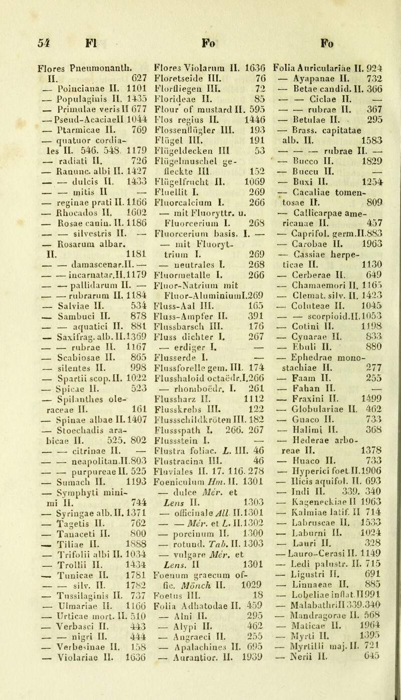 Flores Pneumonanth. II. 627 — Poiucianae II. 1101 — Populaginis II. 1435 — Primulae verisII 677 — Pseucl-Äcaciaell 1044 — Ptarmicae II. 769 — qiiatuor cordia- les II. 546. 548. 1179 — radiati II. 726 — Raaunc. albi II. 1427 du leis ll. 1433 — — initis II — — reglnae prati II. 1166 _ Rhücados II. 1602 — Rosae caniu. II. 1186 — — silvestris II. — — Rüsaruiu albar. II. 1181 — — damascenar.il.— incarnatar.il.1179 — — pallidarum II. — rubrarura II. 1184 — Salviae II. 534 — Sambuci II. 878 — — aquatici II. 881 — SaxifVag. alb. 11.1369 — — rubrae II. Ilö7 — Scabiosae II. 865 — silentes II. 998 — Spartiiscop.il. 1022 _ Spicae II. 523 — Spilantlies ole- raceae II. 161 — Spinae albaell. 1407 — Stoeebadis ara- bicae II. 525. 802 — .—■ citrinae II. — — — neapolitan.il.803 purpureae II. 525 — Sumach II. 1193 — Svmphyli mini-* rai II. ^ 744 — Syringae alb. II, 1371 — Tagetis II. 762 — Tauaceti II. 800 — Tiliae II. 1888 — 3'rifolii albi II. 1034 — Trollii II. 1434 — Tunicae II. 1781 silv. II. 1782 — Tnssilaginis II. 737 — Ulmariae II. 1166 — Urticae mort. II. 510 — Verbasci II. 443 nigri II. 444 — Verbesinae II, 158 — Violariae II. 1636 Flores Violarura II. 1636 Floretseide III. 76 Florfliegen III. 72 Florideae II. 85 Flour of mustardll. 595 Flos regius II. 1446 Flossenlliigler III. 193 FUigel III. 191 Flügeldecken III 53 Flügelinuschel ge- fleckte III. 152 Flügelfrucht II. 1069 Fluellit I. 269 Fluorcalcium I. 266 — mit Fluoryttr. u. Fluorcerium I. 268 Fluorcerium basis. I. — — mit Fluoryt- trium I. 269 — neutrales l. 268 Fluormetalle I. 266 Fluor-Natrium mit Fluor-Aluminiuml.269 Fluss-Aal III. 165 Fluss-Ainpfer II. 391 Flussbarscli III. 176 Fluss dichter I, 267 — erdiger I, — Flusserde I. — Flussforelle gern. III. 174 Flusshaloid octaödr.1.266 — rhoniboedr. I. 261 Plussharz II. 1112 Flusskrebs III. 122 Flussscliildk röten III. 182 Flussspath I. 266. 267 Flussstein I. — Flustra foliac. L. III. 46 Flustracina III. 46 Fluviales II. 17. 116.278 Foeniculum 7//?z. II. 1301 — dulce Mdr. et Lens II. 1303 — officinale 11.1301 Mdr. et Z.. 11.1302 — porein um II. 1300 — rotuud. Tab. II. 1303 — vulgare Mdr. et Lens. II 1301 Foenum graecum of- fic. Mönch II. 1029 Foeliis III. 18 Fülia Ädhatodae II. 459 — Alni II. 295 — Alypi II. 462 — Angraeci II. 255 — Apalachines II. 695 — .Aurantior. 11. 1939 Folia Änriculariäe II. 924 — Ayapanae II. 732 — Betae candid. II. 366 — — Ciclae II. — — — rubrae II. 367 — Betulae II. 295 — Brass, capitatae alb. II. 1583 rubrae II. —■ — Bucco II. 1829 — Buccu II. — — Buxi II. 1254 — Cacaliae tomen- tosae II. 809 — Callicarpae ame- ricanae II. 457 — Caprifol. germ.II.883 — Carobae II. 1963 — Cassiae herpe- tica e II. 1130 — Cerberae II. 649 — Chamaemori II. 1165 — Clemat. silv. II. 1423 — Coluteae II. 1045 — — scorpioid.il. 1053 — Cotini II. 1198 — Cynarae II. 833 — Ebuli II. 880 — Ephedrae mono stachiae II. 277 — Faam II. 255 — Fahan II, — Fraxini II, 1499 — Globulariae 11. 462 — Guaco II. 733 — Halimi II, — Ilederae arbo- 368 reae II. 1378 — Huaco II. 733 — nypericifoet.II.1906 — Ilicis aquifol. II. 693 — Indi II. 339. 340 — Kageneckiae 11 1963 — Kalmiae latif. II 714 — Labruscae II. 1533 — Laburni II. 1024 — Lauri II. 328 — Lauro-Cerasi II. 1149 — Ledi palustr. II. 715 — Ligustri II. 691 — Linnaeae II. 885 — Lobeliae inriat.11991 — Malabathrill 339.340 — Mandragorae 11. 568 — Maticae II. 19(i4 — Myrti II. 1395 — Myrtilli maj. 11. — Nerii 11. 721 645