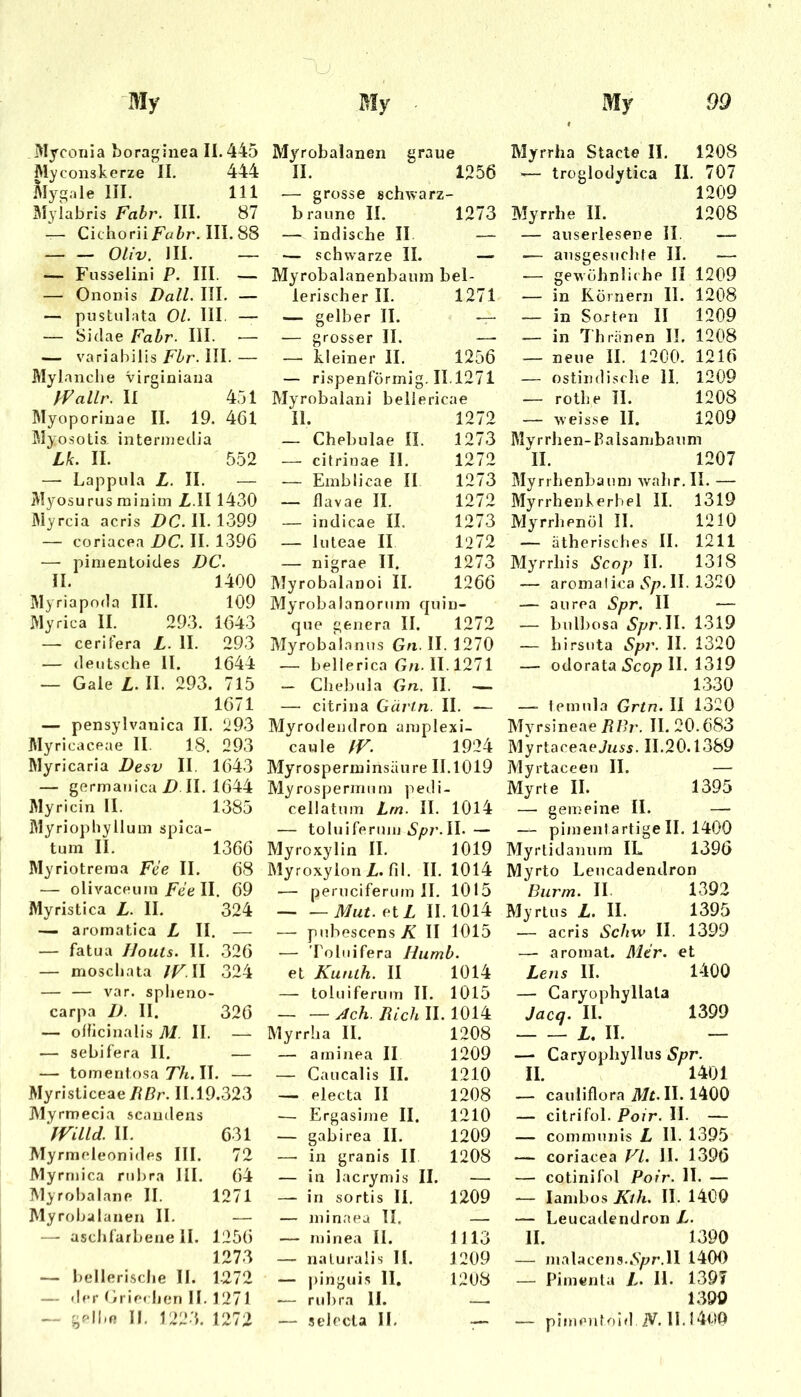Mycoiiia boraginea 11.445 Myconskerze II. 444 Mygale III. 111 Myiabris Fahr. III. 87 — CichoriiFöfcr. III. 88 Oliv. III. ~ — Fusselini P. III. — — Ononis Dali. III. — — pustulata Ol. III. — — Sidae Fahr- III. ■— — variabilis Fhr. III. — Mylanclie Virginiaua PFallr. II 451 Myoporiuae II. 19. 461 Myosotis. interiiieclia Lk. II. 552 — Lappula L. II. — Myosurus minim Z-.II 1430 Myrcia acris Z>C. II. 1399 — coriacea DC. II. 1396 —■ pinientoides DC. II. 1400 Myriapoda III. 109 Myrica II. 293. 1643 — cerifera L. II. 29-3 — deutsche II. 1644 — Gale L. II. 293. 715 1671 'U Myrobalanen graue II. 1256 — grosse schwai rz- braune II. 1273 — indische II — — schwarze II. — Myrobalanenbauin bei- lerischer II. 1271 — gelber II. — — grosser II. — — kleiner II. 1256 — rispenförrnig. 11.1271 Myrobaiani beliericae 11. 1272 — Chebulae II. 1273 — citrinae II, 1272 — Einblicae II 1273 — flavae II. 1272 — indicae II. 1273 — luteae II 1272 — nigrae II. 1273 Myrobalanoi II. 1266 Myrobalanorum cruin- que genera II. 1272 Myrrha Stacte II. 1208 — troglodytica II. 707 1209 Myrrhe II. 1208 — auserlesene II. — — ausgesuchte II. — — gewöhnliche II 1209 — in Körnern II. 1208 — in Sorten II 1209 — in Thränen II. 1208 — neue II. 1200. 1216 — ostindische II. 1209 — rothe II. 1208 — weisse II. 1209 MyrrJien-Balsambauni II. 1207 Myrrhenbaum walir.Il. — Myrrhenkerbel II. 1319 Myrrhenöl II. 1210 — ätherisches II. 1211 Myrrhis Scop II. 1318 — aromalica II. 1320 — aurea Spr. II — — bul])osa II. 1319 — hirsuta Spr. II. 1320 — odorata iSco» II. 1319 1330 —- temiila Grtn. II 1320 Myrsineae11.20.683 Myrobalanns Gn. II. 1270 — belierica G/i-II. 1271 — Chebula Gn. II. — — citrina Giirin. II. — — pensylvanica II. 293 Myrodendron amplexi- Myricaceae II. 18, 293 caule IV. 1924 MyrtaceaeJns5. II.20.1389 Myricaria II. 1643 Myrosperminsäure 11.1019 Myrtaceen II. — — germanicaII. 1644 Myrospermum pedi- Myrte II. 1395 Myricin II. 1385 cellatnm Lrn. II. 1014 — gemeine II. — Myriopbyllum spica- — toluifermu »Sypr.II.— — pimenlartige II. 1400 tum II. 1366 Myroxylin II. 1019 Myrlidanum IL 1396 Myriotreraa F^e II. 68 Myroxyion i. fil. II. 1014 Myrto Lencadendron — olivaceuiu Fee II. 69 — peruciferiim II, 1015 Burm. II 1392 Myristica L. II. 324 — —Mut.riL II. I0l4 Myrtus L. II. 1395 —■ pubescens/v II 1015 — acris Schw II. 1399 ■— Tobiifera Hiimb. — aromat. Mir. et — aromatica L II. — fatua Uouis. II. 326 — moschata JV W 324 et Kunih. II 1014 Lens II. 1400 — — var. spheno- — toliiiferum II, 1015 — Caryophyllala carpa D. II. 326 — — Jch. Rieh II. , 1014 Jacq. II. 1399 — odicinalis M. II. — Myrrha II. 1208 L. II. — — sebifera 11. — — atninea II 1209 —• Caryophyllus Spr. — tomentosa77t.il. — — Caucalis II. 1210 II. 1401 Myristiceae/?i9r. 11.19.323 — electa II 1208 — cauliflora II. 1400 Myrmecia scaudens Ergasijne II. 1210 — citrifol. Poir. H. — mild. II. 631 — gabirea II. 1209 — communis L 11. 1395 Myrmeleonides III. 72 —. in granis II 1208 — coriacea VI. II. 1396 Myrmica riil^ra III. 64 — in lacrymis II. — — cotinifol Poir. H. — Myrobalane II. 1271 — in sortis II. 1209 — lambos Kth. II. 1400 Myrobalanen II. — — niinaea II. — — Lencadendron L. — ascJilarbene 11. 1256 — minea II. 1113 11. 1390 1273 — naluralis 11. 1209 — nialacens.cVypr.II 1400 ~ bellerische II. 1-272 _ pinguis 11, 1208 — Pimenta L. IL 1397 — der (irifM hen II. 1 271 — gelbe II. 1223. 1272 -— rubra 11. — selecla II. 1399 — pimoifoid JV. II. 14tt0