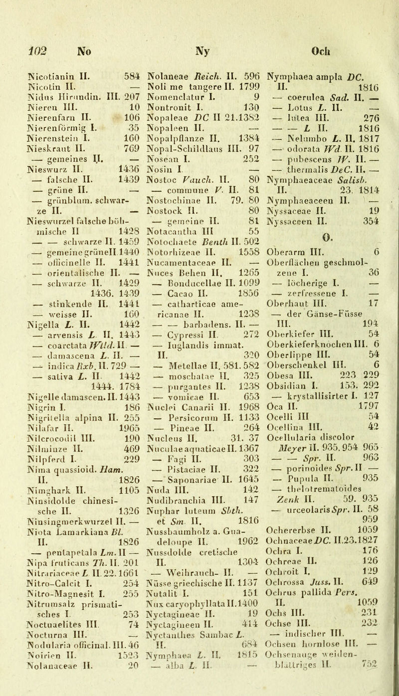 Nicotianin II. 584 Nicotin II. — Nickis ninmclin. III. 207 Nieren III. 10 Nierenfarn II. 106 Nierenförmig I. 35 Nierenstein I. 160 Nieskraut II. 769 — gemeines II. — Nieswurz II. 1436 — falsche II. 1439 — grüne II. — — grünblum. schwar- ze II. - Nieswurzel falsche höh- inisciie II 1428 — — schwarze II. 1459 — gemeine grünell 1440 — ühicinelle II. 1441 — orientalische II. — — schwarze II. 1429 1436. 1439 — stinkende II. 1441 — M^eisse II. 160 Nigella L. II. 1442 — arvensis L II. 1443 — coarctata II. — — damascena L. II. — — indica/larZ». II. 729 — — sativa L. II 1442 1444. 1784 Nigelle (lamascen. II. 1443 Nigrin I. 186 Nigriiella alpina II. 255 Nilafar II. 1965 Nilcrocodil III. 190 Niluiiuze II. 469 Nilpferd I. 229 Nima quassioid. Ham. II. 1826 Nimghark II. 1105 Niusidolde chinesi- sche II. 1326 Ninsingmerkwurzel II. — Niota Lamarkiana i^Z. II. 1826 — penlapetala Zm. II — Nipa fruticans Th. II. 201 Nilrariaceae Z 11.22.1661 Nitro-Calcit I. 254 Nitro-Magnesit I. 255 Nitrurasalz prismati- sclies I. 253 Noctuaelites III 74 Nocturna III. — Nodularia officinal. III. 46 Noirien II. 152-3 Nolanaceae II. 20 Nolaneae Reich. II. 596 Noli me tangere II. 1799 Nomenclatup I. 9 Nontronit I. 130 Nopaleae DC II 21.1382 Nopaleen II, —• Nopalpflanze II. 1384 Nopal-Schildlaus III. 97 Nosean I. 252 Nosin I. — Nostoc Fauch. II. 80 — commune F. II. 81 Nostochinae II. 79. 80 Nostock II. 80 — gemeine II. 81 Notacantha III 55 Notochaete Benth II. 502 Notorliizeae II. 1558 Nucamentaceae II. — Nuces Behen II. 1265 — Bonducellae II. 1099 — Cacao II. 1856 — catharticae ame- ricanae II. 1238 — — barbadens. II. — — Cypressi II. 272 — luglandis immat. II. 320 — MetcIIae II. 581. 582 — moschatae II. 325 — purgantes II. 12-38 — vomieae II. 653 Nuclei Canarii II. 1968 — Persicorum II. 1133 — Pineae II. 264 Nucleus II. 31. 37 Nuculaeaquaticaell. 1367 — Fagi II. 303 — Pistaciae II. 322 —’Saponariae II. 1645 Nuda III. 142 Nudibranchia III. 147 Nuphar luteum Shth. et .S/n. II. 1816 Nussbaumholz a. Gua- deloupe II. 1962 Nussdolde cretlsche II. 1304 — Weihrauch- II. — Nüsse griechische II. 1137 Nutalit I. 151 Nux caryophyllata 11.1400 Nyctagineae II. 19 Nyctagiueen II. 414 Nyctanthes Samljac Z. II. 684 Nymphaea Z. II. 1815 — alba Z. II. — Nymphaea ampla DC. II. 1816 .— coerulea Sad. II. — — Lotus Z. II. — — lutea III. 276 Z II. 1816 — Nelumbo Z. II. 1817 — odorata TVd. II. 1816 — pubescens ]F. II. — — thermalis DeC. II, — Nymphaeaceae Salish. II. 23. 1814 Nymphaeaceen II. — Nyssaceae II. 19 Nyssaceen II. 354 0. Oberarm III. 6 Oberfläclien geschmol- zene I. 36 — löcherige I. — — zerfressene I. — Oberhaut III. 17 — der Gänse-Füsse III. 194 Oberkiefer III. 54 Oberkieferknochen III. 6 Oberlippe III. 54 Oberschenkel III. 6 Obesa III. 223 229 Obsidian I. 153. 292 — krystallisirter I. 127 Oca II. 1797 Ocelli III 54 Ocellina III. 42 Ocellularia discolor Meyer II. 935. 954 965 Spr. II. 963 — porinoides 5/.)r.II — — Pupula II. 935 — thelotrematoides Zenk II. 59. 935 — urceolariSiS/zr. II. 58 959 Ochererbse II. 1059 Ochnaceae Z)C. 11.23.1827 Ochra I. 176 Ochreae II. 126 Ochroit I. 129 Ochrossa Juss, II. 649 Ochrus pallida Pers. II. 1059 Ochs III. 231 Ochse III. 232 — indischer III. — Ochsen liornlose III. — Ochsenauge weiilen- blättriges II. 7.')2