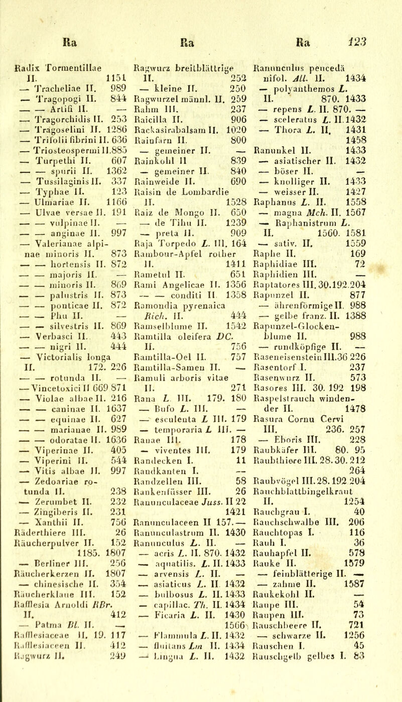 Radix Tormentillae II. 1151 — 'JVacheliae IT. 989 — Tragopogi II. 844 Arlifi II. — —. l’ragorchidis II. 253 — 'rragosellni II. 1286 — Triloliifibrinill. 636 — Triosleospermi 11.885 — Turpethi II. 607 — — spiirii II. 1362 — Tussilaginis II. 337 — Typliae II. — Ulmariae II. — Ulvae versae 11 — — viilplnae !I. —• — — anginae 11. 997 — Valeriauae alpi- nae minoris II. 873 — — hortensis II. 872 — — inajoris II. — — — minoris II. — — palustris II — — ponticae II. 872 Plui II. — — — silvestris II. — Verbasci II.. 123 1166 191 869 873 869 443 444 — Victorialis longa II. 172. 226 •— — rotunda II. — Vincetüxici II 669 871 ~ Viülae albaeli. 216 — — caninae II. 1637 — — equiiiae II. 627 mariauae II. 989 odoratae II. 1636 — Viperinae II. 405 — Viperini II. 544 —• Vitis albae JI. — Zedoariae ro- tunda II. 997 238 Ragwurz breilblättrige II. 252 — kleine II. 250 Ragwurzel männl. II. 259 Rahm 111. 237 Raicilla II. 906 Rackasirabalsain II. 1020 Rainfarn II. 800 — gemeiner II. — Rainkohl II 8.39 — gemeiner II. 840 Rainweide II. 690 Raisin de Lombardie II. 1528 Raiz de JVIongo II. 650 — de Tihu II. 1239 — preta II. 909 Raja Torpedo L. 111. 164 Ramboiir-Apfel rolber II. 1411 Rametiil II. 651 Rami Angelicae II. 1356 — — conditi II 1358 Ramondia pyrenaica JUch. II. 444 Ramselbliime II. 1542 Ramtilla oleifera 1)C. II. 756 Ramtilla-Oel II. 757 Ramtilla-Sainen II. — Ramuli arboris vitae II. 271 Rana L HI. 179. 180 _ Bufo L. III. — — esculenta L III. 179 — temporai'ia L III. — Rauae 111. 178 — viventes III. 179 Randecken I. 11 Randkanten I. Randzellen III. 58 Rankenfüsser III. 26 Ranuncnliis peiicedä uifol. ALL. II. 1434 — polyanthemos L. II. 870. 1433 — repens L. II. 870. — — sceleratus L. 11.1432 — Thora L. II. 1431 1458 Ranunkel II. 1433 — asiatischer II. 1432 — böser II. — — knolliger II. 1433 — weisser II. 1427 Raphanus L. II. 1558 — magna Mch. II. 1567 — Raphanistrum L. II. 1560. 1581 — sativ, II. 1559 Raphe II. 169 Raphidiae III. 72 Raphidien III. — Raptatores III. 30.192.204 Rapunzel II. 877 — ährenformigeII. 988 — gelbe franz. II. 1388 Rapunzel-Glocken- blume II. 983 — riindköpfige II. — Raseneisenstein 111.36 226 Rasentorf I. 237 Rasenwurz II. 573 Rasores III. 30. 192 198 Raspelslrauch winden- der II. 1478 Rasura Cornu Cervi III. 236. 257 — Eboris III. 228 Raubkiifer 111. 80. 95 Raublhiere III. 28.30. 212 264 Raubvögel III. 28.192 204 Rauchblattbingelkraut — Zerumbet II. 232 Ranunculaceae Juss. II 22 II. 1254 — Zingiberis II. 231 1421 Rauch grau I. 40 — Xanthii II. 756 Ranunculaceen II 157.— Rauchschwalbe III . 206 Räderthiere III. 26 Ranunculastrura II. 143D Rauchtopas I. 116 Räucherpuiver II. 152 Ranuuculus L. II. — Rauh I. 36 1185. 1807 — acris L. 11. 870. 1432 Rauhapfel II. 578 — Berliner 111. 256 aquatilis. L. II. 1433 Rauke II. 1579 Räucherkerzen il. 1807 arvensis L. II. — — feinblätterige II. ^ — chinesische 11. 354 asiaticus L. II 1432 — zahme II. 1587 Riiiicherklaue III. 152 bulbosus L. II. 14.33 Raukekohl II. — Ralllesia Arnoldi liBr. — ca[*illac. Th. II. 1434 Raupe III. 54 II. 412 Edcaria L. II. 1430 Raupen III. 73 — Palma Bl. II. 1566, Rauschlieere II. 721 Hamesiaceae II. 19. 117 — P’lammula L. II. 1432 — schwarze II. 1256 R.ifllesiaceen 11. 412 fliiitans Lm II. 1434 Rauschen I, 45