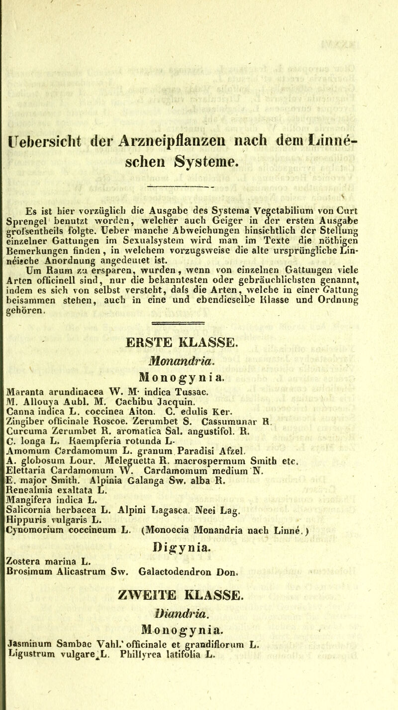 ITebersicht der Arzneipflanzen nach dem Linne- schen Systeme. Es ist hier vorzüglich die Ausgabe des Systema Vegctabilium von Curt Sprengel benutzt worden, welcher auch Geiger in der ersten Ausgabe grolsentheils folgte. Ueber manche Abweichungen hinsichtlich der Stellung einzelner Gattungen im Sexualsystem wird man im Texte die nöthigen Bemerhungen finden, in welchem vorzugsweise die alte ursprüngliche Lin* neisebe Anordnung angedeutet ist. Um Raum zu ersparen, wurden, wenn von einzelnen Gattungen viele Arten officinell sind, nur die bekanntesten oder gebräuchlichsten genannt, indem es sich von selbst versteht, dafs die Arten, welche in einer Gattung beisammen stehen, auch in eine und ebendieselbe Klasse und Ordnung gehören. ERSTE KLASSE. Monandria. Monogy ni a. Maranta arundinacea W. M- indica Tussac. M. Allouya Aubl. M.. Cachibu Jacquin, Canna indica L. coccinea Aiton. C. edulis Ker. Zingiber officinale Roscoe. Zerumbet S. Cassumunar R. Curcuma Zerumbet R. aromatica Sal. angustifol. R. C. longa L. Kaempferia rotunda L- Amomum Cardamomum L. granum Paradisi AfzeL A. globosum Lour. JVIeleguetta R. macrospermum Smith etc. Elettaria Cardamomum W. Cardamomum medium N. E. major Smith. Alpinia Galanga Sw. alba R. Renealmia exaltata L. Mangifera indica L. Salicornia herbacea L. Alpini Lagasca. Neei Lag. Hippuris vulgaris L. Cynomorium coccineum L. (Monoecia Monandria nach Linne.) Digynia. Zostera marina L. Brosimum Alicastrum Sw. Galactodendron Don, ZWEITE KLASSE. Diandria. Monogynia. Jasminum Sambac Vahl.'officinale et grandiflorum L. Ligustrum vulgare JL. Phillyrea latifolia L.