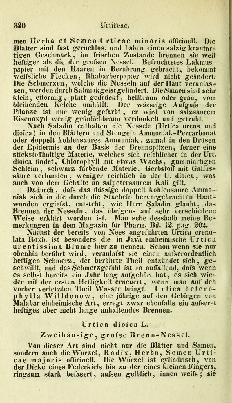 men Herba et Semen Urticae minoris öfficinell. Die Blätter sind fast geruchlos, und haben einen salzig krautar- tigen Geschmack, im frischen Zustande brennen sie weit heftiger als die der grofsen Nessel. Befeuchtetes Lakmus- papier mit den Haaren in Berührung gebracht, bekommt weifsliche Flecken, Rhabarberpapier wird nicht geändert. Die Schmerzen, welche die Nesseln auf der Haut veranlas- sen, werden durch Salmiakgeist gelindert. Die Samen sind sehr klein, eiförmig, platt gedrückt, hellbraun oder grau, vom bleibenden Kelche umhüllt. Der wässrige Aufgufs der Pflanze ist nur wenig gefärbt, er wird von salzsaurem Eisenoxyd wenig grünlichbraun verdunkelt und getrübt. Nach Saladin enthalten die Nesseln (Urtica urens und dioica) in den Blättern und Stengeln Ammoniak-Percarbonat oder doppelt kohlensaures Ammoniak, zumal in den Drüsen der Epidermis an der Basis der Brennspitzen, ferner eine stickstoffhaltige Materie, welches sich reichlicher in der Urk dioica findet, Chlorophyll mit etwas Wachs, gummiartigen Schleim, schwarz färbende Materie, Gerbstoff mit Gallus^ säure verbunden, weniger reichlich in der U. dioica, was auch von dem Gehalte an salpetersaurem Kali gilt. Dadurch, dafs das flüssige doppelt kohlensaure Ammo- niak sich in die durch die Stacheln hervorgebrachten Haut- wunden ergiefst, entsteht, wie Herr Saladin glaubt, das Brennen der Nesseln, das übrigens auf sehr verschiedene Weise erklärt worden ist. Man sehe desshalb meine Be- merkungen in dem Magazin für Pharm. Bd. 12. pag. 202. Nächst der bereits von Nees angeführten Urtica crenu- lata Roxb. ist besonders die in Java einheimische Urtica urentissima Blume hierzu nennen. Schon wenn sie nur obenhin berührt wird, veranlafst sie einen aufserordentlich heftigen Schmerz, der berührte Theil entzündet sich, ge- schwillt, und das Schmerzgefühl ist so auffallend, dafs wenn es selbst bereits ein Jahr lang aufgehört hat, es sich wie- der mit der ersten Heftigkeit erneuert, wenn man auf den vorher verletzten Theil Wasser bringt. Urtica heterö- phylla Willdenovv, eine jährige auf den Gebirgen von Malabar einheimische Art, erregt zwar ebenfalls ein äufserst heftiges aber nicht lange anhaltendes Brennen. Urtica dioica L. Zweihäusige, grofse Brenn-Nessei. Von dieser Art sind nicht nur die Blätter und Samen, sondern auch die Wurzel, Radix, Herba, Semen Urti- cae majoris öfficinell. Die Wurzel ist cylindrisch, von der Dicke eines Federkiels bis zu der eines kleinen Fingers, ringsum stark befasert, aufsen gelblich, innen weifs$ sie