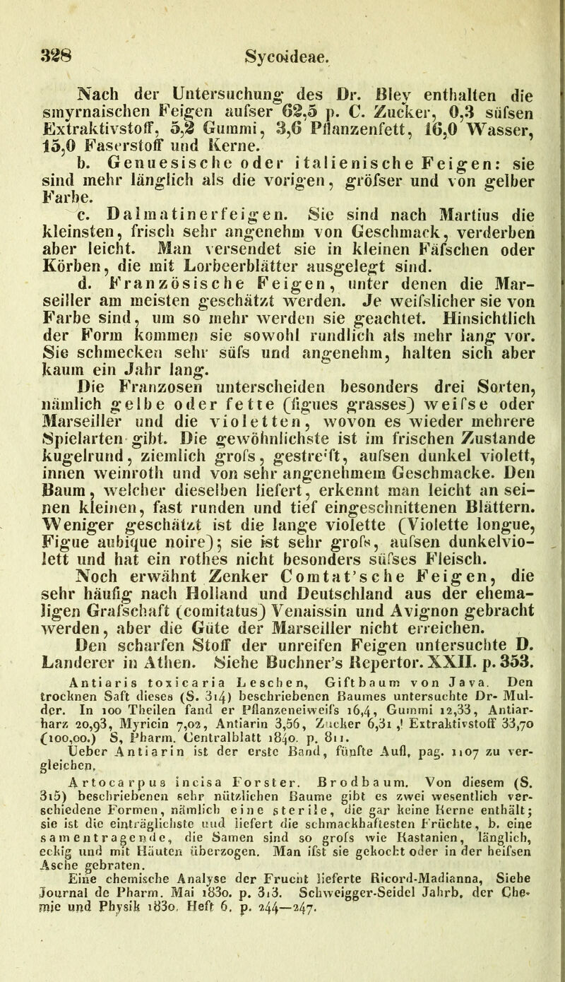 Nach der Untersuchung- des Dr. Bley enthalten die smyrnaischen Feigen aufser 62,5 p. C. Zucker, 0,3 siifsen Extraktivstoff, 5,3 Gummi, 3,6 Pflanzenfett, 16,0 Wasser, 15,0 Faserstoff und Kerne. b. Genuesische oder italienische Feigen: sie sind mehr länglich als die vorigen, gröfser und von gelber Farbe. c. Dalmatiner feigen. Sie sind nach Martius die kleinsten, frisch sehr angenehm von Geschmack, verderben ! aber leicht. Man versendet sie in kleinen Fälschen oder Körben, die mit Lorbeerblätter ausgelegt sind. d. Französische Feigen, unter denen die Mar- seiller am meisten geschätzt werden. Je weifslicher sie von i Farbe sind, um so mehr werden sie geachtet. Hinsichtlich der Form kommen sie sowohl rundlich als mehr lang vor. Sie schmecken sehr süfs und angenehm, halten sich aber kaum ein Jahr lang. Die Franzosen unterscheiden besonders drei Sorten, nämlich gelbe oder fette (figues grasses) weifse oder Marseiller und die violetten, wovon es wieder mehrere Spielarten gibt. Die gewöhnlichste ist im frischen Zustande kugelrund, ziemlich grofs, gestrebt, aufsen dunkel violett, innen weinroth und von sehr angenehmem Geschmacke. Den Daum, welcher dieselben liefert, erkennt man leicht an sei- nen kleinen, fast runden und tief eingeschnittenen Blättern. Weniger geschätzt ist die lange violette (Violette longue, Figue aubique noire)$ sie ist sehr grofc, aufsen dunkelvio- lett und hat ein rothes nicht besonders siifses Fleisch. Noch erwähnt Zenker Comtat’sche Feigen, die sehr häufig nach Holland und Deutschland aus der ehema- ligen Grafschaft (comitatus) Venaissin und Avignon gebracht werden, aber die Güte der Marseiller nicht erreichen. Den scharfen Stoff der unreifen Feigen untersuchte D. Länderer in Athen. Siehe Buchner’s Repertor. XXII. p. 353. Antiaris toxicaria Leschen, Giftbaum von Java. Den trocknen Saft dieses (S. 3i4) beschriebenen Baumes untersuchte Dr- Mul- der. In ioo Theilen fand er Pflanzeneiweifs 16,4 -» Gummi 12,33, Antiar- harz 20,93, Myricin 7,02, Antiarin 3,56, Zucker 6,31 ,! Extraktivstoff 33,70 (100,00.) S, Pharm. Centralblatt 1840. p. 811. Feber Antiar in ist der erste Band, fünfte Aull, pag. 1107 zu ver- gleichen. Artocarpus incisa Förster. Brodbaum. Von diesem (S. 3i5) beschriebenen sehr nützlichen Baume gibt es zwei wesentlich ver- schiedene Formen, nämlich eine sterile, die gar keine Berne enthältj sie ist die einträglichste und liefert die schmackhaftesten Früchte, b. eine samentragende, die Samen sind so grofs wie Kastanien, länglich, eckig und mit Häuten überzogen. Man ifst sie gekocht oder in der heifsen Asche gebraten. Eine chemische Analyse der Frucht lieferte Ricord-Madianna, Siehe Journal de Pharm. Mai i83o. p. 3i3. Sclnveigger-Seidcl Jahrb. der Che* mie und Physik i83o, Heft 6. p. 244—247.