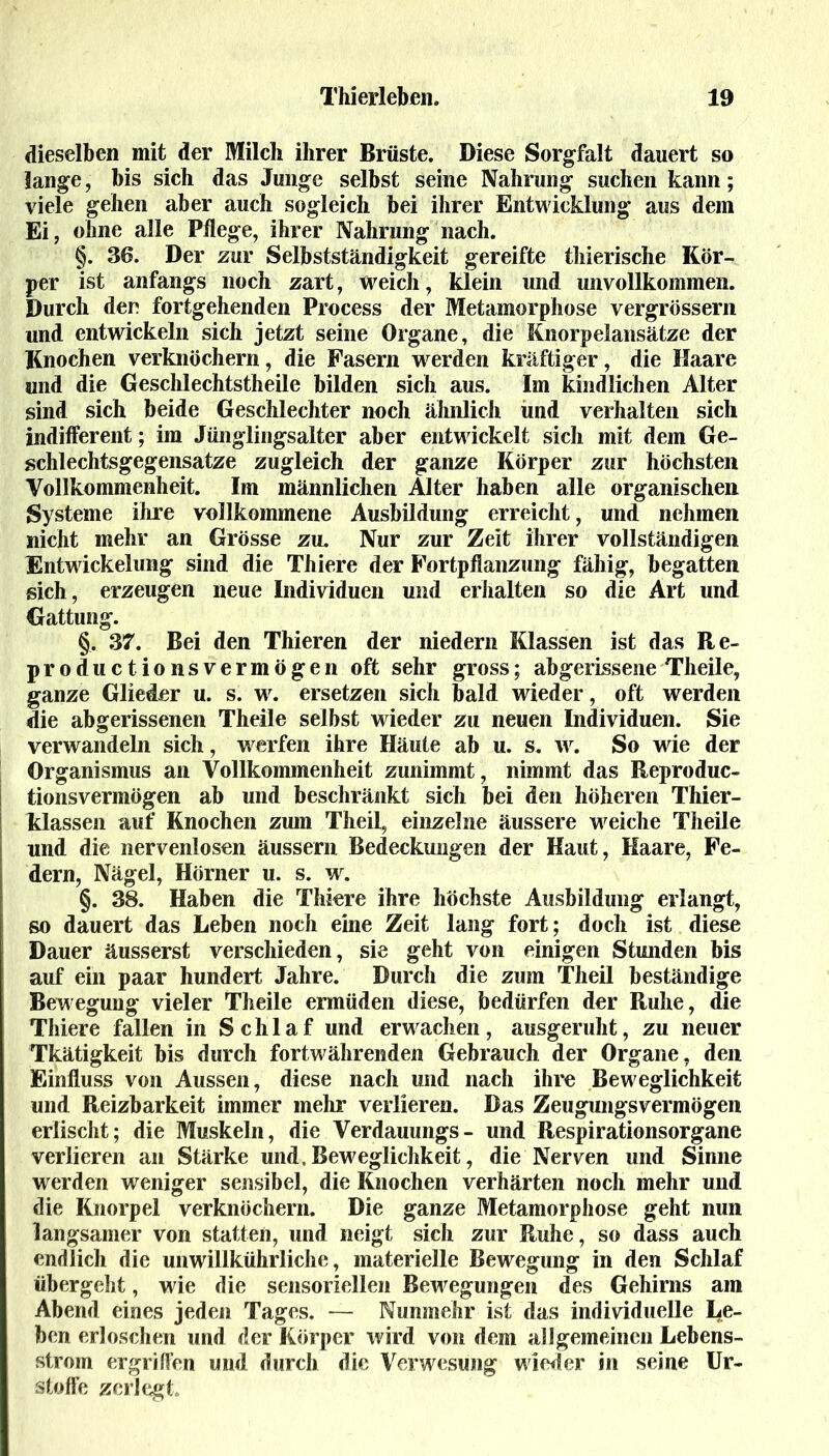 dieselben mit der Milch ihrer Brüste. Diese Sorgfalt dauert so lange, bis sich das Junge selbst seine Nahrung suchen kann; viele gehen aber auch sogleich bei ihrer Entwicklung aus dem Ei, ohne alle Pflege, ihrer Nahrung nach. §. 36. Der zur Selbstständigkeit gereifte thierische Kör- per ist anfangs noch zart, weich, klein und unvollkommen. Durch den fortgehenden Process der Metamorphose vergrössern und entwickeln sich jetzt seine Organe, die Knorpelansätze der Knochen verknöchern, die Fasern werden kräftiger, die Haare und die Geschlechtstheile bilden sich aus. Im kindlichen Alter sind sich beide Geschlechter noch ähnlich und verhalten sich indifferent; im Jünglingsalter aber entwickelt sich mit dem Ge- schlechtsgegensatze zugleich der ganze Körper zur höchsten Vollkommenheit. Im männlichen Alter haben alle organischen Systeme ihre vollkommene Ausbildung erreicht, und nehmen nicht mehr an Grösse zu. Nur zur Zeit ihrer vollständigen Entwickelung sind die Thiere der Fortpflanzung fähig, begatten sich, erzeugen neue Individuen und erhalten so die Art und Gattung. §. 37. Bei den Thieren der niedern Klassen ist das Re- productionsvermögen oft sehr gross; abgerissene Theile, ganze Glieder u. s. wr. ersetzen sich bald wieder, oft werden die abgerissenen Theile selbst wieder zu neuen Individuen. Sie verwandeln sich, warfen ihre Häute ab u. s. w. So wie der Organismus an Vollkommenheit zunimmt, nimmt das Reproduc- tionsvermögen ab und beschränkt sich bei den höheren Thier- klassen auf Knochen zum Theil, einzelne äussere weiche Theile und die nervenlosen äussern Bedeckungen der Kaut, Haare, Fe- dern, Nägel, Hörner u. s. w. §. 38. Haben die Thiere ihre höchste Ausbildung erlangt, so dauert das Leben noch eine Zeit lang fort; doch ist diese Dauer äusserst verschieden, sie geht von einigen Stunden bis auf ein paar hundert Jahre. Durch die zum Theil beständige Bewegung vieler Theile ermüden diese, bedürfen der Ruhe, die Thiere fallen in Schlaf und erwachen, ausgeruht, zu neuer Tkätigkeit bis durch fortwährenden Gebrauch der Organe, den Einfluss von Aussen, diese nach und nach ihre Beweglichkeit und Reizbarkeit immer mehr verlieren. Das Zeugungsvermögen erlischt; die Muskeln, die Verdauungs- und Respirationsorgane verlieren an Stärke und. Beweglichkeit, die Nerven und Sinne werden weniger sensibel, die Knochen verhärten noch mehr und die Knorpel verknöchern. Die ganze Metamorphose geht nun langsamer von statten, und neigt sich zur Ruhe, so dass auch endlich die unwillkürliche, materielle Bewegung in den Schlaf übergeht, wie die sensoriellen Bewegungen des Gehirns am Abend eines jeden Tages. — Nunmehr ist das individuelle Le- ben erloschen und der Körper ward von dem allgemeinen Lebens- strom ergriffen und durch die Verwesung wieder in seine Ur- stoffe zerlegt,