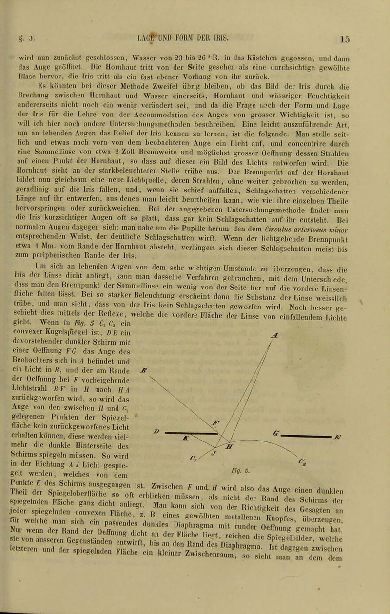 wird nun zunächst gesclilosscn, Wasser von 23 bis 2G R. in das Kästchen gegossen, und dann das Auge geöffnet. Die Hornhaut tritt von der Seite gesehen als eine durclisichtige gewölbte Blase hervor, die Iris tritt als ein fast ebener Vorhang von ihr zurück. Es könnten bei dieser Methode Zvi'cifel übrig bleiben, ob das Bild der Iris durch die Brechung zwischen Hornhaut und Wasser einerseits, Hornhaut und wässriger Feuchtigkeit andererseits nicht noch ein wenig verändert sei, und da die Frage ii?ch der Form und Lage der Iris für die Lehre von der Accommodation des Auges von grosser Wichtigkeit ist, so will ich hier noch andere üntersucluingsmethoden beschreiben. Eine leiclit auszuführende Art, nm an lebenden Augen das Relief der Iris kennen zu lernen, ist die folgende. Man stelle seit- lich und etwas nach vorn von dem beobachteten Auge ein Licht auf, und concentrire durch eine Sammellinse von etwa 2 Zoll Brennweite und möglichst grosser Oeffnung dessen Strahlen auf einen Punkt der Hornhaut, so dass auf dieser ein Bild des Lichts entworfen wird. Die Hornhaut sieht an der starlilieleuchteten Stelle trübe aus. Der Brennpunkt auf der Hornhaut bildet nun gleichsam eine neue Lichtquelle, deren Strahlen, ohne weiter gebrochen zu werden, geradlinig auf die Iris faUen, und, wenn sie schief auffallen, Schlagschatten verschiedener Länge auf ihr entwerfen, aus denen man leicht beurtheilen kann, wie viel ihre einzelnen Theile hervorspringen oder zurückweichen. Bei der angegebenen Untersuchungsmethode findet man die Iris kurzsichtiger Augen oft so platt, dass gar kein Schlagschatten auf ihr entsteht. Bei normalen Augen dagegen sieht man nahe um die PupiUe herum den dem Circulus arteriosus minor entsprechenden Wulst, der deutliche Sclüagschatten wirft. Wenn der lichtgebende Brennpunkt etwa 1 Mm. vom Rande der Hornhaut absteht, verlängert sich dieser Schlagschatten meist bis zum peripherischen Rande der Iris. Um sich an lebenden Augen von dem sehr wichtigen Umstände zu überzeugen, dass die Ins der Linse dicht anliegt, kann man dasselbe Verfahren gebrauchen, mit dem Unterschiede dass man den Brennpunkt der Sammellinse ein wenig von der Seite her auf die vordere Linsen- flache fallen lässt. Bei so starker Beleuchtung erscheint dann die Substanz der Linse weisslich trübe, und man sieht, dass von der Iris kein Schlagschatten geworfen wird. Noch besser ge- schieht dies mittels der Reflexe, welche die vordere Fläche der Linse von einfaUendem Lichte giebt. Wenn in Fig. S C, ein couA'exer Kugelsp'iegel ist, DE ein davorstehender dunkler Schirm mit einer Oeffnung FG, das Auge des Beobachters sich in A befindet und ein Licht in B, und der am Rande der Oeffnung bei F vorbeigehende Lichtstrahl BF in // nach HA zurückgeworfen wird, so wird das Auge von den zwischen H und C, gelegenen Punkten der Spiegel- fläche kein zurückgeworfenes Licht erhalten können, diese werden viel- mehr die dunkle Hinterseite des Schirms spiegeln müssen. So wird in der Richtung A J Licht gespie- gelt werden, welches von dem ^'